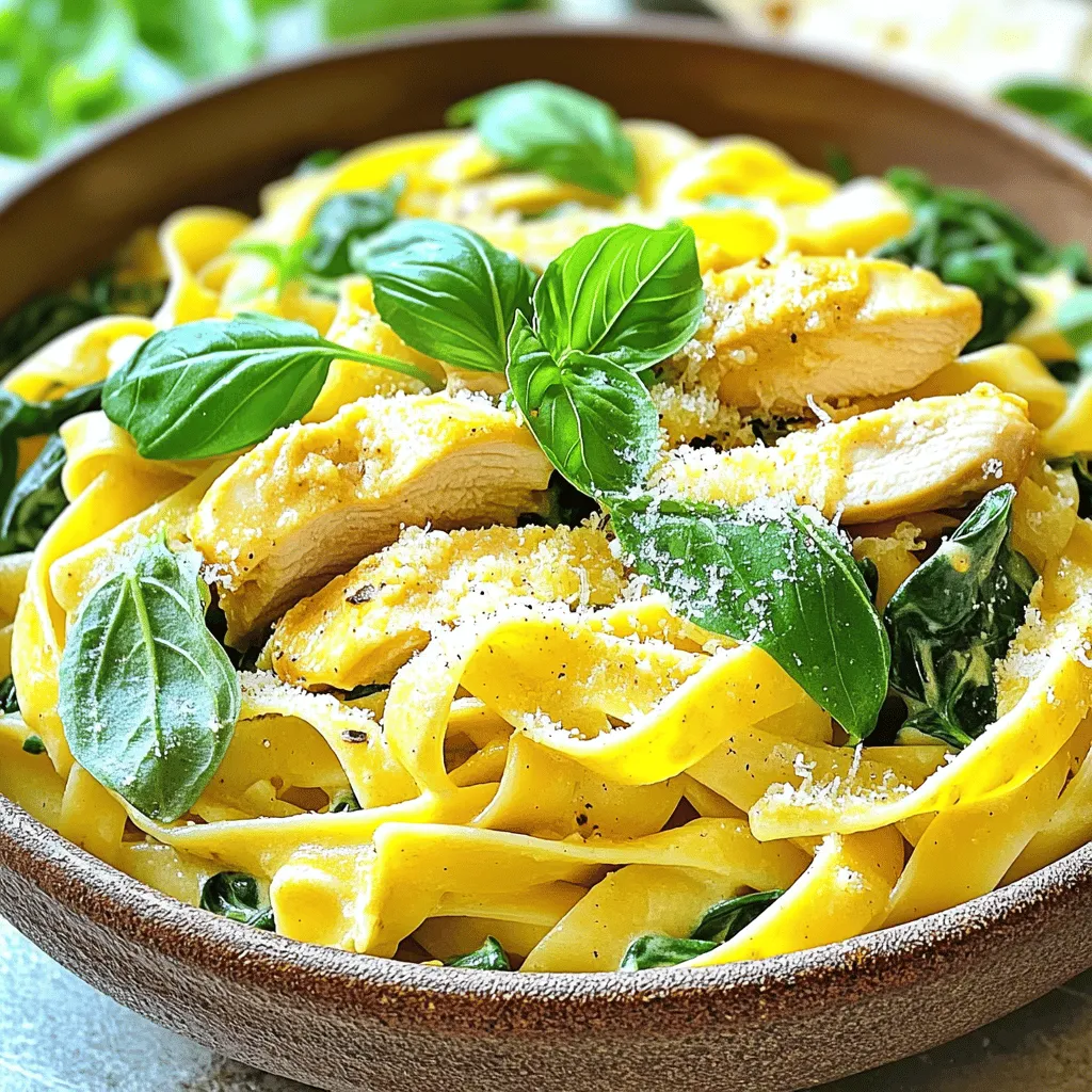To make the creamy garlic chicken and spinach pasta, you need: - 250g pasta of your choice (fettuccine or penne works well) - 2 boneless, skinless chicken breasts, sliced - 2 tablespoons olive oil - 4 cloves garlic, minced - 1 cup fresh spinach leaves - 1 cup heavy cream - 1/2 cup grated Parmesan cheese - 1 teaspoon Italian seasoning - Salt and pepper to taste - Fresh basil leaves, for garnish These ingredients create a rich and tasty dish. The chicken gives protein, while the spinach adds freshness. The cream makes the sauce smooth and creamy. You can enhance this dish with some optional add-ins: - Sun-dried tomatoes for a sweet touch - Mushrooms for earthy flavor - Red pepper flakes for heat - Peas for a pop of color and sweetness - Lemon zest for brightness These add-ins let you customize the dish to your taste. You can mix and match based on what you enjoy or have on hand. To prepare this dish, gather a few tools: - Large pot for boiling pasta - Large skillet for sautéing chicken and making sauce - Wooden spoon for stirring - Measuring cups and spoons for accuracy - Colander for draining pasta Having the right tools makes cooking easier and more fun. With these, you are ready to create a delicious meal. For the complete recipe, check [Full Recipe]. Start by boiling water in a large pot. Add a good amount of salt to the water. Once it's boiling, add 250g of your favorite pasta. Fettuccine or penne works best. Cook the pasta according to the package instructions until it is al dente. It usually takes about 8-10 minutes. Remember to save 1 cup of pasta water before draining it. Drain the pasta and set it aside. Next, heat 2 tablespoons of olive oil in a large skillet over medium heat. Season the sliced chicken breasts with salt and pepper. Add the chicken to the skillet. Cook for 6-7 minutes until it turns golden brown and is cooked through. Use a meat thermometer if you want to check. The chicken should reach 165°F. Once done, remove the chicken from the skillet and set it aside. In the same skillet, add 4 cloves of minced garlic. Sauté the garlic for about 1 minute until it smells amazing. Be careful not to burn it! Now, pour in 1 cup of heavy cream. Bring it to a gentle simmer. Then, add in 1/2 cup of grated Parmesan cheese and 1 teaspoon of Italian seasoning. Stir well until the cheese melts and the sauce becomes creamy. Now comes the fun part! Add the cooked pasta, sautéed chicken, and 1 cup of fresh spinach to the skillet. Toss everything together to coat in that creamy sauce. If the sauce seems too thick, slowly add some of the reserved pasta water. Keep mixing until you reach the perfect consistency. Taste your dish and adjust the seasoning with more salt and pepper if needed. Serve this creamy garlic chicken and spinach pasta in bowls. Garnish with fresh basil leaves. You can also sprinkle extra Parmesan cheese on top for a lovely finish. Enjoy your meal! To make your creamy garlic chicken and spinach pasta shine, use fresh ingredients. Fresh garlic adds a stronger flavor than powdered garlic. Always season your chicken well before cooking. A little salt and pepper go a long way. For extra depth, try adding a splash of white wine to the sauce. This will lift the flavors and add a nice touch. You can also mix in some red pepper flakes for a hint of heat. When making creamy sauces, keep the heat low. High heat can cause the cream to curdle. Stir the sauce gently, and add the cheese slowly. This helps it melt evenly and creates a smooth texture. If your sauce gets too thick, use reserved pasta water to thin it out. This water is starchy and will help bind the sauce to the pasta. Serving your dish well makes it look even better. Use a large bowl for family-style serving. Sprinkle some extra Parmesan cheese on top for a gourmet touch. Add fresh basil leaves for color and aroma. You can also drizzle a little olive oil over the top for shine. This small detail can elevate your dish’s appearance and make it more inviting. Try serving it with a side salad for a full meal experience. For the full recipe, check out the details above. {{image_2}} You can boost this dish by adding more veggies. Try bell peppers, mushrooms, or zucchini. They add flavor and color. You can sauté them with the garlic for a tasty mix. Spinach is great, but feel free to add kale or broccoli too. These greens blend well with the creamy sauce. Chicken isn’t the only option here. You can use shrimp or tofu instead. Both options give a nice twist to the dish. Cook shrimp until pink and firm, or sauté tofu until golden. For a meatier taste, try adding pancetta or sausage. They will enhance the dish and make it heartier. You can make this dish fit your diet easily. For gluten-free options, use gluten-free pasta. There are many types available now that taste great. If you need it dairy-free, swap heavy cream for coconut milk or cashew cream. Nutritional yeast can replace Parmesan cheese for a cheesy flavor without dairy. This way, everyone can enjoy creamy garlic chicken and spinach pasta. For the full recipe, check out the [Full Recipe]. After enjoying your creamy garlic chicken and spinach pasta, let leftovers cool. Place them in an airtight container. Store the container in the fridge for up to three days. This keeps your meal fresh and tasty. To reheat, use a skillet over medium heat. Add a splash of water or cream to prevent drying. Stir often until it’s warm throughout. You can also use a microwave. Heat in short bursts, stirring in between to avoid hot spots. If you want to freeze it, let the pasta cool completely. Use freezer-safe containers or bags. Be sure to remove as much air as possible. It can last up to three months in the freezer. When ready to eat, thaw overnight in the fridge before reheating. For the best taste, enjoy within a month. For the full recipe, check the section above. The best pasta for this dish is fettuccine or penne. These shapes hold the creamy sauce well. Fettuccine gives a nice, thick bite. Penne adds a fun twist. Both types work great for this creamy garlic chicken and spinach pasta. Yes, you can prep some parts ahead. Cook the pasta and chicken in advance. Store them separately in the fridge. Make the sauce fresh right before serving. This keeps the pasta and chicken from getting soggy. If you want, you can also warm up the whole dish later. To lighten it up, swap heavy cream for half-and-half or milk. Use less cheese, too. You can add more spinach for extra bulk and nutrients. Also, try whole-grain pasta for added fiber. These changes keep the flavor while cutting calories. This dish pairs well with a fresh salad. A simple green salad with lemon dressing works great. Garlic bread is another tasty choice. If you want a drink, a light white wine like Pinot Grigio complements the meal nicely. For dessert, consider a fruit sorbet; it’s refreshing and light. For the full recipe, check out the previous section. This blog post discussed making Creamy Garlic Chicken and Spinach Pasta. We covered the ingredients, from a full list to add-ins. I detailed step-by-step cooking instructions, including sautéing the chicken and creating a rich sauce. We shared tips for flavor and presentation and explored fun variations. Lastly, I provided storage and reheating advice. In summary, this dish is versatile and easy to enjoy afterward. Experiment with flavors and upgrades to fit your taste. You can make this meal your own!