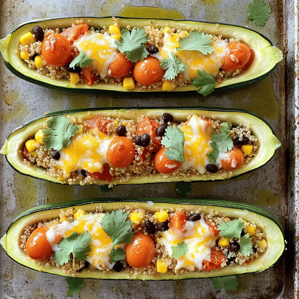 To make savory stuffed zucchini boats, gather these main ingredients: - 4 medium zucchinis - 1 cup cooked quinoa - 1 cup cherry tomatoes, halved - 1/2 cup black beans, drained and rinsed - 1/2 cup corn kernels (fresh or frozen) - 1 small red onion, diced - 2 cloves garlic, minced - 1 teaspoon cumin - 1 teaspoon smoked paprika - 1/2 teaspoon chili powder - Salt and black pepper to taste - 1 cup shredded cheddar cheese (or vegan alternative) - Fresh cilantro or parsley for garnish - Olive oil for drizzling You can add different flavors with these optional ingredients: - Bell peppers, diced - Spinach or kale, chopped - Ground meat, like turkey or beef - Hot sauce for a kick - Different cheese types, like feta or mozzarella If you don’t have some items, use these substitutions: - Quinoa can be swapped with rice or couscous. - Black beans can be replaced with kidney beans or lentils. - Cherry tomatoes can be replaced with diced regular tomatoes. - Use any cheese you prefer, or skip it for a dairy-free meal. For the full recipe, follow the detailed steps and enjoy your cooking! First, gather your ingredients. You will need 4 medium zucchinis, cooked quinoa, and cherry tomatoes. Also, have black beans, corn, red onion, garlic, cumin, smoked paprika, chili powder, cheese, and fresh herbs ready. Wash the zucchinis and cut them in half lengthwise. Use a spoon to scoop out the seeds. This creates your boats. Lightly brush the zucchini with olive oil for flavor. Preheat your oven to 375°F (190°C). Heat a skillet over medium heat and add olive oil. Sauté the diced red onion for 3-4 minutes until soft. Then, add minced garlic for 1 minute until it smells great. Stir in the cooked quinoa, cherry tomatoes, black beans, corn, cumin, smoked paprika, chili powder, salt, and pepper. Cook this mixture for 2-3 minutes until warm. Next, fill each zucchini boat with the quinoa mix, pressing gently. Top with shredded cheese. Bake for 20-25 minutes until the zucchini is tender and the cheese melts. After baking, let the zucchini cool for a few minutes. Garnish with fresh cilantro or parsley to add a pop of color. You can serve the zucchini boats on a bright plate to make them stand out. This adds a nice touch to your dish. For extra flair, drizzle a bit of olive oil on top before serving. Enjoy your flavorful and easy dish! To make great zucchini boats, choose medium zucchinis. They hold filling well and cook evenly. Cut them in half lengthwise and scoop out the seeds. This creates a nice space for the filling. Brush the insides with olive oil before baking. This adds flavor and helps them cook nicely. To boost flavor, use fresh herbs like basil or parsley. You can also add a squeeze of lemon juice for brightness. For a spicy kick, include diced jalapeños in the filling. Try different spices like oregano or thyme to mix things up. Remember to taste as you cook to ensure the seasoning is just right. One mistake is overcooking the zucchini. Keep an eye on them in the oven. They should be tender but not mushy. Another mistake is not packing the filling tightly. Press down gently to fit more filling in each boat. Lastly, don’t skip the cheese topping; it adds a satisfying layer of flavor and texture. For a complete guide, check the Full Recipe. {{image_2}} You can make stuffed zucchini boats vegetarian or vegan easily. For a vegetarian dish, just use cheese made from dairy. If you want a vegan option, swap dairy cheese for a plant-based cheese. You can also add extra veggies like bell peppers or spinach for more flavor. Mix in some nutritional yeast to give it a cheesy taste without using dairy. This makes the dish tasty and healthy. If you want to add protein, try ground turkey, beef, or chicken. Cook the meat in the skillet with onions and garlic. This gives a savory flavor. You can also use tofu or tempeh for a plant-based protein. Crumble firm tofu and sauté it with the veggies. This adds a nice texture and boosts the protein content. Cheese choice can change the flavor a lot. You can use mozzarella for a classic taste. Feta cheese adds a tangy bite, while pepper jack gives a spicy kick. For spices, feel free to get creative. Add Italian herbs for a Mediterranean twist or curry powder for an Asian flair. Each combination brings a new flavor to your stuffed zucchini boats. Explore these options to find your favorite mix. For the full recipe, check out the details above. To keep your savory stuffed zucchini boats fresh, store them in an airtight container. Make sure to let them cool to room temperature before sealing. Place a paper towel inside the container to absorb any extra moisture. This helps prevent sogginess. You can store them in the fridge for up to three days. Reheating the stuffed zucchini boats is easy. Preheat your oven to 350°F (175°C). Place the zucchini boats on a baking sheet. Cover them with foil to keep them moist. Heat for about 15-20 minutes, or until warmed through. You can also use a microwave. Just place them in a safe dish and heat for 1-2 minutes. If you want to freeze your zucchini boats, do it before baking. After stuffing, place each boat on a baking sheet and freeze until firm. Then, transfer them to a freezer-safe bag. They can last for up to three months. When ready to eat, bake them straight from the freezer. Just add an extra 5-10 minutes to the baking time. For the full recipe, check the information above. To cut zucchini for boats, first wash the zucchinis. Use a sharp knife to slice them in half lengthwise. Then, scoop out the seeds with a spoon, making space for the filling. This creates a boat shape that holds the yummy mixture. Yes, you can use other vegetables. Bell peppers, eggplants, and even tomatoes work well. Just be sure to adjust the cooking time based on the vegetable you choose. Each option brings its own flavor and texture. Stuffed zucchini boats last about 3 to 5 days in the fridge. Keep them in an airtight container to keep them fresh. You can enjoy them cold or reheat them for a warm meal. You can serve these boats with a side salad or some garlic bread. They also pair well with rice or quinoa for a hearty meal. For more ideas, check out these related recipes: [Stuffed Bell Peppers](#), [Vegetable Stir-Fry](#), and [Garlic Bread](#). For the complete recipe, visit the Full Recipe section. Stuffed zucchini boats are fun and easy to make. We covered key ingredients, cooking steps, and tips. You learned about variations for dietary needs and how to store leftovers. Remember to customize your boats with your favorite flavors. This dish is a great choice for health and taste. Try it out! You’ll enjoy the process and the meal.