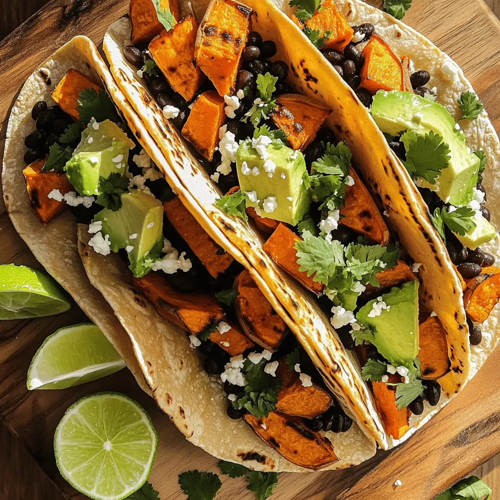 To make these savory sweet potato black bean tacos, you'll need a handful of simple ingredients. Each ingredient adds a unique flavor and texture. Here’s what you’ll need: - 2 medium sweet potatoes, peeled and diced - 1 can (15 oz) black beans, rinsed and drained - 1 tablespoon olive oil - 1 teaspoon ground cumin - 1 teaspoon smoked paprika - 1/2 teaspoon chili powder - Salt and pepper to taste - 8 small corn tortillas - 1 avocado, sliced - 1/4 cup fresh cilantro, chopped - 1 lime, cut into wedges - Optional: 1/2 cup feta cheese for topping Each ingredient plays a key role in the dish. Sweet potatoes bring sweetness and creaminess. Black beans add protein and earthiness. The spices like cumin, paprika, and chili powder give depth and warmth. Use fresh cilantro and lime for brightness. If you like a salty kick, feta cheese is a great optional topping. These ingredients create a colorful and tasty meal. Feel free to adjust them based on your preference. For the full recipe, check the details above. Enjoy cooking! - Preheat your oven to 425°F (220°C). This helps the sweet potatoes roast well. - Toss diced sweet potatoes with olive oil, ground cumin, smoked paprika, chili powder, salt, and pepper. Make sure they are well coated. - Spread sweet potatoes on a baking sheet in a single layer. This allows them to cook evenly. - Roast sweet potatoes for 25-30 minutes. They should be tender and slightly caramelized when done. - Heat black beans in a saucepan over medium heat. Stir until warmed through. You can add more spices if you like. - Prepare corn tortillas in a skillet. Warm them for about 30 seconds on each side until they are soft. - Spoon roasted sweet potatoes and black beans onto the tortillas. Use a generous amount for a tasty bite. - Top with avocado slices and chopped cilantro. These add great flavor and color. - Squeeze lime juice over the toppings. You can add feta cheese if you want extra creaminess. For the full recipe, check out the Sweet Potato Black Bean Tacos section. Enjoy your cooking! Cutting sweet potatoes evenly is key. This helps them cook at the same rate. If the pieces vary in size, some will be overcooked while others are raw. Aim for 1-inch cubes for the best results. Check for doneness by poking a piece with a fork. If it slides in easily, your sweet potatoes are done! A little caramelization on the edges adds a nice flavor too. Layering your taco ingredients can make a big difference. Start with the sweet potatoes and black beans. This helps hold everything together. Warm your corn tortillas on a skillet. Heat them for about 30 seconds on each side. This softens them and makes them easier to fold. Feel free to get creative with toppings! Add sliced jalapeños for heat or a dollop of sour cream for creaminess. You can also sprinkle cheese like feta for added flavor. For side dishes, consider a fresh salad or corn on the cob. These pair well with the tacos and make your meal complete. Check out the Full Recipe for more ideas! {{image_2}} If you want to change it up, try using lentils or tempeh. Lentils cook fast and add great flavor. Tempeh is firmer and absorbs spices well, making it a good choice too. You can also use shrimp or chicken. Cook shrimp quickly in a pan for a tasty addition. For chicken, grill or sauté it after seasoning. Both options will give your tacos a new twist. Love heat? Add some jalapeños or your favorite hot sauce. Slice jalapeños and mix them in with the sweet potatoes. For a smoky kick, try a chipotle sauce. Blend chipotle peppers with a bit of lime juice and garlic. This sauce packs a punch and adds depth to your tacos. To make your tacos vegan, skip the feta cheese and add more avocado or nuts. You can also use a cashew cream for that creamy texture. For gluten-free options, choose corn tortillas. They are naturally gluten-free and work perfectly with these flavors. These adjustments ensure everyone can enjoy your sweet potato black bean tacos. For the full recipe, check out the Sweet Potato Black Bean Tacos . To store leftover sweet potato black bean tacos, use airtight containers. Glass or plastic containers work well. Place the tacos in the fridge as soon as they cool down. They can last for up to three days. If you wait longer, they may lose their flavor and texture. You can freeze taco components separately. First, freeze the roasted sweet potatoes in a single layer. After they freeze, move them to a freezer bag. Black beans can go into a container or bag too. They can last for up to three months in the freezer. To thaw, put them in the fridge overnight. Reheat them on the stove or in the microwave. Reheat the tacos gently to keep their texture. I suggest using a skillet over low heat. This way, the tortillas stay soft. You can also microwave them in 30-second bursts. To serve leftovers, add fresh toppings like avocado and cilantro for a boost. Enjoy your tacos just as much the second time around! Yes, you can prepare these tacos in advance. Start by roasting the sweet potatoes. Once they cool, store them in an airtight container. You can keep them in the fridge for up to three days. For the black beans, heat them up before serving. Warm the tortillas just before you eat. This way, the tacos stay fresh and tasty. If you want to switch out black beans, consider using pinto beans or kidney beans. Both work well in these tacos. You can also try lentils for a different texture. For a protein boost, shredded chicken or cooked shrimp can be great options. Feel free to mix and match based on your taste. Yes, these tacos are healthy! Sweet potatoes are full of vitamins and fiber. Black beans add protein and more fiber. Together, they make a filling meal. You can also control the added fats by using less cheese or oil. If you want a lighter version, skip the cheese. Overall, these tacos pack a nutritious punch. For the full recipe, check out the Sweet Potato Black Bean Tacos. Sweet Potato Black Bean Tacos offer a tasty and healthy meal. We covered essential ingredients, from sweet potatoes to spices. I guided you through easy steps to prepare, cook, and assemble these tacos. Along the way, we shared tips for the perfect roast and suggested flavor upgrades. Variations, storage info, and common questions ensure you can enjoy this meal anytime. This dish is not only delicious but also adaptable to your needs. Explore your creativity with it, and enjoy every bite.