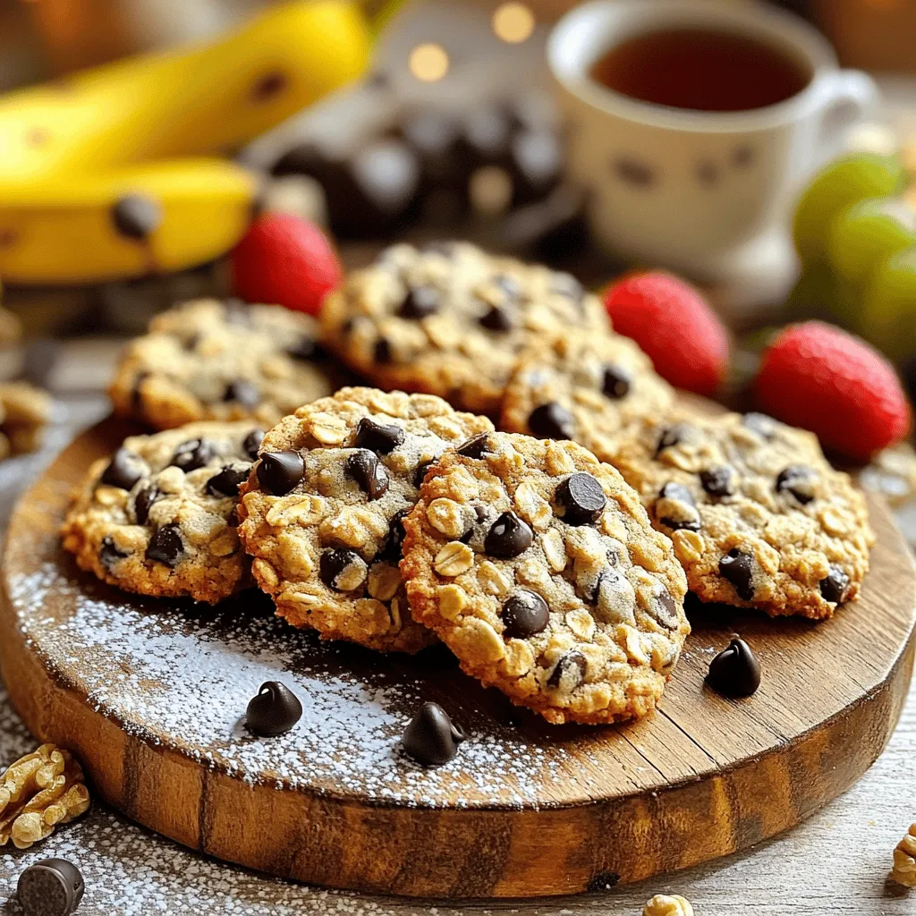 To make Healthy Banana Oatmeal Cookies, gather these simple ingredients: - 2 ripe bananas, mashed - 1 cup rolled oats - 1/2 cup almond flour - 1/4 cup honey or maple syrup - 1/2 teaspoon cinnamon - 1/4 teaspoon nutmeg - 1/2 teaspoon baking powder - 1/4 teaspoon salt - 1/4 cup dark chocolate chips (optional) - 1/4 cup chopped walnuts or pecans (optional) These ingredients create a tasty, wholesome treat. The bananas add natural sweetness and moisture. Oats provide fiber and a chewy texture. Almond flour adds a nutty flavor and healthy fats. If you have dietary needs, you can swap some ingredients: - Use gluten-free oats for a gluten-free option. - Substitute almond flour with coconut flour for a nut-free choice. - Replace honey with agave syrup for a vegan option. - Omit chocolate chips or nuts for a simpler cookie. These alternatives keep the cookies healthy while catering to various diets. Each ingredient brings its own benefits: - Bananas: Packed with potassium and vitamins, they support heart health. - Rolled oats: They lower cholesterol and keep you full longer. - Almond flour: Rich in vitamin E, it boosts skin health and lowers inflammation. - Honey or maple syrup: These natural sweeteners provide antioxidants. - Cinnamon: It helps regulate blood sugar levels. - Nutmeg: This spice aids digestion and adds flavor. - Baking powder and salt: They help the cookies rise and enhance taste. - Dark chocolate chips and nuts: They add healthy fats and antioxidants. These benefits make your cookies a smart choice for a treat. Enjoy the Full Recipe for easy baking! Start by gathering your ingredients. You will need: - 2 ripe bananas, mashed - 1 cup rolled oats - 1/2 cup almond flour - 1/4 cup honey or maple syrup - 1/2 teaspoon cinnamon - 1/4 teaspoon nutmeg - 1/2 teaspoon baking powder - 1/4 teaspoon salt - 1/4 cup dark chocolate chips (optional) - 1/4 cup chopped walnuts or pecans (optional) Make sure your bananas are nice and ripe. This gives the cookies natural sweetness. Gather all your tools, like mixing bowls and a baking sheet. Preheat your oven to 350°F (175°C). This step is key to getting those cookies just right. In a large bowl, mix the mashed bananas with honey or maple syrup. Stir until it looks smooth. Add almond flour next. This adds a nice nutty flavor. Now, it's time for the rolled oats, cinnamon, nutmeg, baking powder, and salt. Mix everything together until well blended. If you want a treat, fold in the dark chocolate chips and nuts. Scoop tablespoons of the dough onto your prepared baking sheet. Leave some space between each scoop. Flatten them slightly for even baking. Bake your cookies for about 15-20 minutes. Look for lightly golden edges. When done, take them out and let them cool for a few minutes on the sheet before moving them to a wire rack. To get the best texture, make sure to measure your ingredients accurately. Too much flour can make the cookies dry. If you want a softer cookie, don’t bake them too long. Keep an eye on them during the last few minutes. If you like chewy cookies, try adding an extra banana or a splash of milk. For an extra touch, serve the cookies warm. They taste amazing with a cup of tea or alongside fresh fruit. Enjoy your delicious creations with family and friends! When making Healthy Banana Oatmeal Cookies, avoid using unripe bananas. Ripe bananas add more sweetness and flavor. Do not skip the baking powder. This helps the cookies rise and stay fluffy. Also, do not overmix the dough. Mixing too much can make the cookies tough. Keep an eye on baking time. If you bake them too long, they will get hard. To boost flavor, add a splash of vanilla extract. This small addition makes a big difference. You can also mix in nuts or seeds for crunch and extra nutrients. Chia seeds or flaxseeds are great options. For a sweeter touch, consider adding dried fruits like raisins or cranberries. They pair well with the banana taste. After baking, let the cookies cool on the pan for a few minutes. This prevents them from breaking apart. Then, transfer them to a wire rack to cool completely. For serving, place them on a nice platter. You can sprinkle a little powdered sugar on top. This adds a lovely touch. Pair these cookies with fresh fruit or a cup of tea for a delightful snack. For the full recipe, check out the earlier section. {{image_2}} You can change the taste of your Healthy Banana Oatmeal Cookies easily. Add-ins like shredded coconut, dried fruit, or nuts bring fun flavors. For a tropical twist, mix in coconut. If you love fruit, try adding raisins or cranberries. These ingredients boost taste and nutrition. You can also add a splash of vanilla extract for extra flavor. Each choice offers a new experience and keeps the cookies exciting. Want to make these cookies gluten-free? Swap the rolled oats with gluten-free oats. Use a gluten-free flour blend instead of almond flour. For a vegan option, replace honey with maple syrup or agave nectar. These swaps let everyone enjoy the cookies without worry. Check the labels of your ingredients to ensure they are gluten-free and vegan. Not everyone likes the same amount of sweetness. If you prefer less sugar, reduce the honey or syrup to 2 tablespoons. You can also add mashed dates for natural sweetness. If you want sweeter cookies, add more chocolate chips or a bit of brown sugar. Taste the dough before baking to find your perfect balance. This way, you make cookies just for you! For the full recipe, check out the detailed steps above. To keep your healthy banana oatmeal cookies fresh, store them in an airtight container. This keeps moisture out and helps prevent them from going stale. You can place parchment paper between layers to avoid sticking. Keep them at room temperature for up to three days. If you want them to last longer, consider refrigeration. Freezing is a great way to save your cookies for later. First, let the cookies cool completely. Then, place them in a single layer on a baking sheet and freeze for about 1 hour. Once frozen, transfer them to a freezer-safe bag or container. You can freeze them for up to three months. Label the bag with the date for easy tracking. To enjoy your leftover cookies, you can reheat them quickly. Preheat your oven to 350°F (175°C). Place the cookies on a baking sheet and warm them for about 5-7 minutes. This makes them soft again. You can also microwave them for 10-15 seconds, but be careful not to overheat. Enjoy them warm for the best taste! You can skip the eggs by using mashed bananas instead. The bananas act as a binder. For each egg, use about 1/4 cup of mashed banana. This keeps the cookies moist and adds sweetness too. This recipe already uses ripe bananas, so you are set. You'll still get a tasty cookie without eggs. Yes, you can use maple syrup instead of honey. Maple syrup gives a nice flavor and keeps the cookies sweet. You can also use agave syrup if you prefer. Just use the same amount as the honey. This keeps the balance of wet and dry ingredients just right. These cookies are great on their own or with a cup of tea. You can serve them warm for a cozy treat. Try pairing them with fresh fruit for a snack. They also taste great with yogurt or even ice cream. If you want, dust them with powdered sugar for a fancy touch. Enjoy these cookies as a healthy dessert or breakfast option. Healthy banana oatmeal cookies are easy to make and packed with good nutrients. I shared key ingredients and tips for mixing and baking. You learned to avoid common mistakes and find the best flavors for your needs. Trying different variations can bring fun to your baking. Proper storage helps keep your cookies fresh for longer. In the end, these cookies are not just tasty; they fit various diets. Enjoy making them while adding your twist!