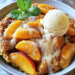To make this delightful dessert, gather these main ingredients: - 4 cups fresh peaches, sliced (or 2 cans of peaches, drained) - 1 cup granulated sugar - 1 teaspoon vanilla extract - 1 teaspoon cinnamon - 1 box yellow cake mix - 1 cup unsalted butter, melted These items form the base of the dump cake. Fresh peaches give the best flavor, but canned peaches work well too. For extra depth, consider adding: - 1/2 cup brown sugar - Fresh mint leaves for garnish The brown sugar adds a rich sweetness. Mint leaves brighten the dish and look great on top. You can mix things up with these ideas: - Use canned fruit like pears or cherries for a new twist. - Swap yellow cake mix for spice cake mix for warmth. - For a gluten-free option, use a gluten-free cake mix. These substitutions keep the dessert exciting and cater to different tastes and diets. Want to dive deeper? Check the Full Recipe for more tips! To make your Peach Cobbler Dump Cake, gather your ingredients first. You will need: - 4 cups fresh peaches, sliced (or 2 cans of peaches, drained) - 1 cup granulated sugar - 1 teaspoon vanilla extract - 1 teaspoon cinnamon - 1 box yellow cake mix - 1 cup unsalted butter, melted - 1/2 cup brown sugar (optional for added depth) - Fresh mint leaves for garnish (optional) Start by preheating your oven to 350°F (175°C). In a large mixing bowl, combine the sliced peaches, granulated sugar, vanilla extract, and cinnamon. Mix well until the peaches are coated. If you use canned peaches, drain them well. Next, spread the peach mixture evenly in a greased 9x13 inch baking dish. This is important for even baking. Then, take the dry yellow cake mix and sprinkle it over the peach layer. Do not stir. This is key for that cobbler texture. Finally, drizzle the melted butter evenly over the cake mix. Make sure it covers as much area as you can. If you want a richer flavor, sprinkle the brown sugar over the top. Now, it’s time to bake! Place your dish in the preheated oven. Bake for 40-45 minutes. Keep an eye on it. The top should turn golden brown and the mixture should be bubbly. This is where the magic happens! Once baked, remove the dish from the oven. Allow the dump cake to cool slightly. This helps the flavors meld together. When you are ready to serve, cut the dump cake into squares. I love to place each square in a bowl. Top it off with a scoop of vanilla ice cream. For a fresh touch, add a sprig of mint. It looks great and tastes even better! For more tasty ideas, check out the Full Recipe for extra tips and tricks! Enjoy your dessert! To get the best texture in your peach cobbler dump cake, follow a few steps. First, use ripe peaches. They should be soft but not mushy. If using canned peaches, drain them well. This avoids a soggy cake. When you sprinkle the cake mix, do not stir it. This creates a unique topping. Lastly, drizzle the melted butter evenly. It helps form a nice, crispy layer. You can make this dump cake ahead of time. Prepare the peach layer and the cake mix separately. Store them in the fridge for up to 24 hours. When you're ready, just assemble and bake. For freezing, let the baked cake cool completely. Wrap it tightly in plastic wrap, then foil. It can last up to three months in the freezer. To enjoy, thaw it in the fridge overnight before reheating. Avoid a few common mistakes to make your dump cake shine. Do not skip the cinnamon; it adds great flavor. Make sure to grease the baking dish well. This prevents sticking. If the cake is too dry, it might need more butter. Lastly, let the cake cool for a few minutes before serving. This helps the layers set and makes it easier to slice. For the full recipe, check out the detailed instructions! {{image_2}} You can change the fruit in this recipe. Try using apples, cherries, or blueberries. Each fruit gives a new taste. For apples, add a bit of lemon juice to keep them fresh. For cherries, pit them first. Blueberries can be used fresh or frozen. This gives you a chance to enjoy different flavors all year long. If you need a gluten-free dessert, it’s easy to adjust. Use a gluten-free cake mix instead of yellow cake mix. Most brands work well in this recipe. Always check the label to make sure. For a homemade option, use almond flour or coconut flour. Mix it with a bit of baking powder for fluffiness. Want to add some fun to your dump cake? Try adding spices like nutmeg or ginger. You can also mix in some chopped nuts for crunch. Walnuts or pecans pair well with peaches. For a tropical twist, use coconut flakes or pineapple. These ideas make your dessert unique and exciting. For the full recipe, check out Peachy Bliss Dump Cake. It’s simple and delicious! To keep your Peach Cobbler Dump Cake fresh, wait for it to cool. Cover the dish with plastic wrap or aluminum foil. You can also transfer it to an airtight container. This helps to keep the moisture in. If you want, you can add a layer of parchment paper before covering. This can help with easy serving later. When stored properly, your dump cake can last for about 3 to 5 days in the fridge. If you keep it in an airtight container, it stays fresh longer. You can also freeze it for up to 3 months. Just make sure to wrap it well to prevent freezer burn. To reheat your dump cake, preheat your oven to 350°F (175°C). Place the cake in a baking dish. Cover it with foil to keep it from drying out. Heat it for about 15 to 20 minutes. If you want a quick option, you can use the microwave. Heat a slice for 30 seconds to 1 minute. Enjoy it warm, maybe with a scoop of ice cream! A dump cake is a simple dessert. You layer ingredients in a dish without mixing them. It gets its name from “dumping” the items in. The cake mix sits on top of the fruit. As it bakes, it forms a nice crust. This dessert is easy and quick to make. You can enjoy it warm or cold. Yes, you can use frozen peaches. Just make sure to thaw them first. Drain any extra liquid to avoid a soggy cake. Frozen peaches may need a bit more sugar. They can still give you a tasty dump cake. To make the dessert richer, try these tips: - Add a scoop of vanilla ice cream on top. - Drizzle caramel sauce over each slice. - Mix in chocolate chips for a sweet twist. - Use brown sugar for a deeper flavor. - Top with whipped cream for extra creaminess. These little changes can make your peach cobbler dump cake even better! For the full recipe, check out the detailed instructions above. The peach cobbler dump cake is simple and enjoyable. We explored key ingredients, tips for the best texture, and variations. Remember, you can use fresh or frozen peaches, and gluten-free options are easy to find. This dessert can bring joy to any gathering. With proper storage, it lasts for days. Make it ahead or freeze for later. Follow these steps, and you’ll enjoy a fantastic treat. Get ready to impress friends and family with your delicious creation.