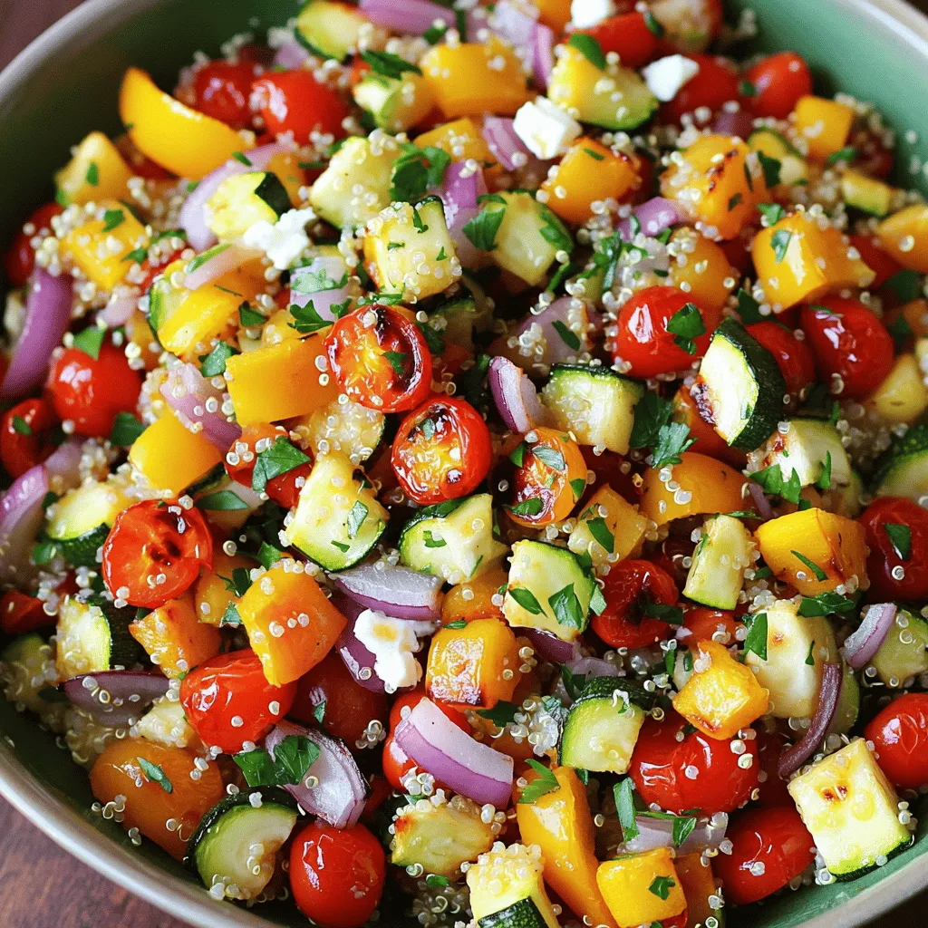 - 1 cup quinoa, rinsed - 2 cups vegetable broth or water - 1 medium zucchini, diced - 1 red bell pepper, diced - 1 yellow bell pepper, diced - 1 red onion, diced - 1 cup cherry tomatoes, halved - 1 tablespoon olive oil - 1 teaspoon garlic powder - Salt and pepper to taste - 1 teaspoon smoked paprika - 1/4 cup fresh parsley, chopped - 1/4 cup feta cheese, crumbled - 2 tablespoons balsamic vinegar In this recipe, the base is quinoa, which is packed with protein. It cooks well and has a nice, fluffy texture. The veggies bring color and nutrients. You can use many different types of veggies. I love zucchini, bell peppers, red onion, and cherry tomatoes. They roast beautifully and add great flavor. For seasoning, I use olive oil, garlic powder, smoked paprika, salt, and pepper. These give the dish a warm, smoky taste. Fresh parsley adds a burst of color and freshness at the end. If you want to elevate your salad, try adding feta cheese. It offers a salty, creamy contrast. A drizzle of balsamic vinegar adds tang and brightness. You can find the full recipe above to guide you through the steps. First, preheat your oven to 400°F (200°C). This step is key for perfect roasting. Next, chop the vegetables. You need zucchini, red bell pepper, yellow bell pepper, red onion, and cherry tomatoes. Use a large bowl to mix them well. Pour olive oil over the veggies. Add garlic powder, salt, pepper, and smoked paprika. Toss until every piece is coated. This seasoning brings out the best flavors. Now, take a large baking sheet and spread the veggies in a single layer. This helps them cook evenly. Place the sheet in the oven. Roast for 20 to 25 minutes. Stir the vegetables halfway through for even cooking. You want them tender and slightly caramelized. The smell in your kitchen will be amazing! While the vegetables roast, it’s time for the quinoa. In a medium saucepan, bring 2 cups of vegetable broth or water to a boil. Once it boils, add 1 cup of rinsed quinoa. Lower the heat, cover the pan, and let it simmer for about 15 minutes. The quinoa will absorb all the liquid. After that, let it sit for 5 more minutes. Fluff it with a fork to get a light texture. Now, combine the roasted vegetables with the cooked quinoa in a large bowl. Add balsamic vinegar and chopped parsley for extra flavor. If you like, sprinkle feta cheese on top. For the full recipe, check out the complete guide. Enjoy your fresh and flavorful meal! To roast vegetables well, set your oven to 400°F (200°C). This temperature helps the veggies caramelize. Roast them for 20 to 25 minutes. Stir them halfway through to ensure even cooking. To avoid soggy vegetables, spread them in a single layer. This way, each piece gets enough heat and air. Rinse quinoa under cold water before cooking. This step removes the natural coating called saponin, which can taste bitter. To achieve fluffy quinoa, use the right water ratio. The best ratio is 2 cups of liquid for 1 cup of quinoa. Bring it to a boil, then cover and simmer on low for about 15 minutes. Feta cheese adds a nice touch to your salad. Crumble it over the top before serving. Fresh herbs like parsley brighten up the dish, too. For a great look, serve the salad in a large bowl. Add extra parsley and feta on top for color. This makes your meal more inviting and delicious. Check out the Full Recipe for more details! {{image_2}} You can customize your roasted vegetable quinoa salad in many ways. First, think about the vegetables. Here are some great options to swap in: - Carrots, diced - Broccoli florets - Sweet potatoes, cubed - Cauliflower, chopped Feel free to mix and match! You can also switch up the grains. Quinoa is great, but farro and couscous work well too. They each bring a unique taste and texture to the salad. Dressings can change the whole vibe of your salad. You have many choices to explore: - Lemon vinaigrette for a bright taste - Creamy tahini dressing for richness - Simple olive oil and vinegar for ease Adding protein can make your meal heartier. Here are some tasty options: - Chickpeas for a plant-based protein - Grilled chicken for a meaty addition - Tofu for a vegetarian boost Seasonal vegetables can keep your salad fresh and exciting. Here’s a quick guide: - Spring: Asparagus and snap peas add a crisp touch. - Summer: Zucchini and corn shine when in season. - Fall: Roasted butternut squash brings warmth and sweetness. - Winter: Brussels sprouts and root vegetables add a hearty feel. Each season offers unique flavors that elevate your dish. You can find the full recipe for the roasted vegetable quinoa salad [here](#). To store your roasted vegetable quinoa salad, place it in an airtight container. This keeps moisture in and prevents it from drying out. Make sure to cool the salad before sealing the container. When stored this way, the salad lasts up to four days in the fridge. Always check for freshness before eating. You can enjoy this salad cold, which keeps the flavors bright. If you prefer it warm, gently reheat it on the stove over low heat. Avoid using the microwave, as it can make the vegetables soggy. If you choose to reheat, add fresh toppings afterward to maintain their crunch. For busy days, meal prep comes in handy. You can make the salad ahead of time and store it in the fridge. Just mix the quinoa and roasted veggies, and add the dressing right before serving. If you want to freeze it, store the quinoa and veggies separately. This way, both will keep well in the freezer for up to three months. You can enjoy this fresh and flavorful meal anytime you want! For the full recipe, check out the main article. To make this salad vegan, you can replace feta cheese. Use a dairy-free cheese or omit it. For broth, swap vegetable broth with water. This keeps the salad tasty and vegan-friendly. Yes, you can add cooked proteins. Grilled chicken, shrimp, or tofu work well. For plant-based options, try chickpeas or black beans. They boost nutrition and keep the salad filling. If you can't eat quinoa, you can use other grains. Brown rice or farro are good choices. Just adjust cooking times as needed. Both grains add texture and flavor to the salad. Quinoa is done when it’s fluffy and the little tails appear. If it’s still crunchy, cook it a bit longer. If it's mushy, reduce the water next time. Perfectly cooked quinoa enhances your salad's texture. For the full recipe, check out the details above. This recipe for Roasted Vegetable Quinoa Salad offers lots of flavors and options. You learned how to prepare, roast, and cook the quinoa perfectly. We also covered ways to customize your salad with different veggies and proteins. Remember, this dish is flexible. You can make it your own while enjoying healthy ingredients. Keep these tips handy for quick meals. Now, grab your veggies and quinoa, and let’s get cooking!