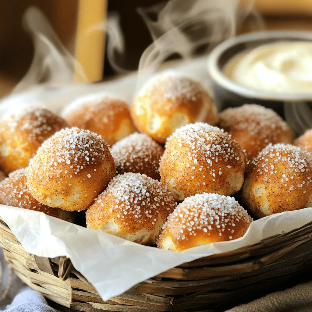 - 1 ½ cups warm water (110°F to 115°F) - 1 packet (2 ¼ teaspoons) active dry yeast - 2 tablespoons granulated sugar - 4 cups all-purpose flour - ½ teaspoon salt - ¼ cup baking soda - 4 tablespoons unsalted butter, melted - ½ cup granulated sugar (for coating) - 2 teaspoons ground cinnamon - Coarse sea salt, for sprinkling Accurate measurements are key to making soft pretzel bites. Too much flour can make the dough dry. Too little water can lead to a dense texture. Use a kitchen scale for precision if you can. If using cups, level off the flour with a knife. This little step helps get the perfect dough. You can swap ingredients based on your needs. For gluten-free bites, use a gluten-free flour mix. Coconut sugar is a great option if you want a lower glycemic index. You can also use almond flour for a nutty twist. Each swap changes the flavor, so have fun experimenting! To start, mix the yeast and warm water in a large bowl. Use water between 110°F to 115°F. This temperature wakes up the yeast. Add two tablespoons of sugar to feed the yeast. Let it sit for five minutes. You will see bubbles form; this means the yeast is alive. Next, add four cups of flour and half a teaspoon of salt to this mixture. Stir until you see a dough form. Now, knead the dough for about five minutes on a floured surface. Keep kneading until the dough is smooth. This step is key for soft pretzel bites. Once your dough is ready, it's time to shape it. Punch down the risen dough. Divide it into small pieces, about one inch each. Roll each piece into a rope. You can twist it into a classic pretzel shape or simply make balls. Get creative! Try different shapes for fun variations. Now, let’s talk about the boiling process. This step is important for that chewy texture we love. Boil 10 cups of water and add a quarter cup of baking soda. This mixture gives the pretzel bites their beautiful color. Carefully drop the pretzel bites into this boiling solution for about 30 seconds. This process helps them rise during baking. Use a slotted spoon to remove them. Place the bites on your prepared baking sheets. For the full recipe, check the details provided earlier. To achieve the ideal texture, you need the right dough. Use warm water between 110°F and 115°F to activate the yeast. This warm water helps the dough rise well. Knead the dough until it feels smooth and elastic. This usually takes about five minutes. If the dough feels tough, you may have over-kneaded it. Stop kneading when it feels just right. Dips and toppings can elevate your pretzel bites. Cream cheese dip pairs well with the sweetness. You can also try chocolate sauce or caramel for a fun twist. For parties, serve them in a basket lined with parchment paper. Add some colorful toothpicks for easy grabbing. Be careful not to over-proof your dough. If you let it rise too long, the bites can become dense. Under-kneading can also cause tough bites. Make sure your dough is well-kneaded and has risen enough. If your bites become too brown or hard, check your oven temperature. Baking too long can lead to uneven browning. Keep an eye on them and remove when they are golden. For a full recipe to create these delightful treats, check out the [Full Recipe]. {{image_2}} You can make pretzel bites even more fun by adding flavors. For a savory twist, try adding cheese or crisp bacon bits. Just fold them into the dough before shaping. This gives your bites a cheesy, salty surprise. If you prefer something sweet, mix in chocolate chips or drizzle caramel on top. Both options turn your bites into a treat that feels like dessert. The sweet and salty combo will impress your friends and family. Baking and frying give different results. Baking makes pretzel bites soft and fluffy. They have a slight crunch on the outside. Frying, however, creates a crisp texture. The bites absorb oil, which adds flavor but may not be as healthy. If you want a healthier choice, stick to baking. You can still enjoy great taste without the extra calories. Plus, you won’t lose the delicious flavor that makes these bites so special. Seasonal flavors can keep your pretzel bites fresh and exciting. In autumn, add pumpkin spice to the dough for a warm flavor. The mix of cinnamon and nutmeg will make your kitchen smell amazing. During the winter holidays, peppermint can bring a festive twist. Just add crushed peppermint candies to your bites. This seasonal variation will delight your guests and make your treats stand out. For even more fun, look at the [Full Recipe] for detailed instructions on how to create these delicious variations! To keep your cinnamon sugar pretzel bites fresh, store them in an airtight container. Make sure they cool completely before sealing. This helps maintain their soft texture. If you want to enjoy them later, freezing is a great option. Place the pretzel bites in a single layer on a baking sheet and freeze for an hour. Once frozen, transfer them to a freezer-safe bag. This prevents them from sticking together. Reheating is key to enjoying these treats again. To keep them soft, heat your oven to 350°F (175°C). Place the pretzel bites on a baking sheet and cover with foil. This helps trap moisture while they warm up. Bake for about 10 minutes. Avoid using the microwave, as it can make them tough. If you do use a microwave, heat them in short bursts and enjoy right away. Cinnamon sugar pretzel bites last about 3 days at room temperature. If stored in the fridge, they can last up to a week. Always check for signs of spoilage, like a hard texture or off smell. If they feel dry or crumbly, it’s best to toss them. To keep pretzel bites soft, you need to knead the dough well. Kneading helps develop gluten, which gives the dough structure. I knead for about five minutes. This makes the dough smooth and elastic. Proofing is also key. After kneading, let the dough rise until it doubles. This usually takes about one hour. A warm spot works best for proofing. Cover the bowl with a cloth to keep the dough warm. Yes, you can use instant yeast. Instant yeast works faster than active dry yeast. If you use instant yeast, mix it directly with the flour. There’s no need to wait for it to foam in warm water. This saves you time. Use the same amount, but your dough may rise quicker. Keep an eye on it. Cinnamon sugar pretzel bites taste great with dips. Cream cheese dip is a favorite. You can also try chocolate sauce or caramel sauce for a sweet treat. For a savory option, think about cheese sauce. Pairing these bites with fruit is fun too. Sliced strawberries or apple slices work well. They add freshness and a nice contrast. In this blog post, we covered how to make delicious pretzel bites. We discussed the key ingredients and their replacements for different diets. You learned step-by-step instructions, from preparing the dough to shaping and boiling the bites. I shared tips for perfect texture and common mistakes to avoid. Lastly, we explored fun variations and storage tips to keep your snacks fresh. With these easy steps, you can enjoy soft, tasty pretzel bites at home. Try new flavors and have fun with your creations!