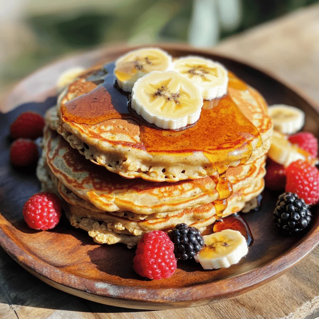 To make these tasty pancakes, gather these simple ingredients: - 1 cup rolled oats - 1 ripe banana, mashed - 1 cup milk (dairy or non-dairy) - 2 large eggs - 1 teaspoon baking powder - 1 teaspoon vanilla extract - 1/2 teaspoon cinnamon - A pinch of salt - Coconut oil (for cooking) These ingredients create a soft, fluffy texture. The banana adds natural sweetness. The oats give a hearty feel, perfect for breakfast. You can make your pancakes even better! Try these toppings: - Maple syrup - Fresh fruits like bananas or berries - Nuts for crunch - Yogurt for creaminess These toppings not only add flavor but also make your meal more fun. You can mix and match to find your favorite combo. If you have special dietary needs, don’t worry! Here are some substitutes: - Use almond milk or oat milk instead of regular milk. - Replace eggs with flaxseed meal (1 tablespoon mixed with 3 tablespoons water). - For gluten-free options, choose certified gluten-free oats. These swaps keep the taste great while meeting your needs. Enjoy your pancakes without worry! First, take 1 cup of rolled oats. Place them in a blender or food processor. Blend the oats until they look like fine flour. This step makes the pancakes light and fluffy. Using oat flour adds a nice texture and flavor. Next, add the mashed banana to the oat flour. Then pour in 1 cup of milk, 2 large eggs, and 1 teaspoon of baking powder. Include 1 teaspoon of vanilla extract, 1/2 teaspoon of cinnamon, and a pinch of salt. Blend everything until it is smooth. Let the batter sit for 5-10 minutes. This helps it to thicken and create a better pancake. Now, heat a non-stick skillet over medium heat. Add a small amount of coconut oil to coat the pan. Pour about 1/4 cup of batter onto the skillet. Cook for 2-3 minutes until bubbles form on the surface. Flip the pancake and cook for another 1-2 minutes until golden brown. Keep cooking the remaining batter. You will make about 4-6 pancakes. Serve them warm with maple syrup and fresh fruit. You can find the full recipe in the sections above. To get fluffy pancakes, let the batter rest for 5-10 minutes. This helps the oats absorb the liquid. Always use a medium heat. If it’s too hot, the pancakes will burn outside but stay raw inside. A non-stick skillet is key. This way, the pancakes won’t stick, and flipping will be easy. If you have leftovers, store them in an airtight container. Keep them in the fridge for up to three days. To reheat, use a skillet over low heat. You can also use a microwave for quick reheating. Just place a damp paper towel over the pancakes to keep them moist. One common mistake is overmixing the batter. This can make the pancakes tough. Another mistake is cooking them on too high heat. Keep an eye on the cooking time. They should bubble before you flip them. Lastly, don’t skip the oil in the pan. It helps the pancakes cook evenly. For more details, check the Full Recipe. {{image_2}} You can boost the taste of your banana oatmeal pancakes with extracts. Vanilla is a classic choice, but almond extract adds a nice twist. Just add a few drops to the batter. Maple extract is another fun option that enhances the pancake’s sweetness. Explore your pantry for flavors you enjoy. Want to mix it up? Toss in some blueberries or chopped apples! They add sweetness and a pop of color. You can fold them right into the batter before cooking. Try using strawberries or even peaches for a summer vibe. Each fruit gives a unique taste, so feel free to experiment. If you need a gluten-free option, swap rolled oats for gluten-free oats. This keeps the pancakes tasty and safe for those with gluten issues. You can also use almond flour or coconut flour for a different texture. These options keep the pancakes healthy while still being delicious. For the full recipe, check above. You can store leftover pancakes in the fridge. Place them in an airtight container. They will last up to three days. When ready to eat, just reheat them. You can use a microwave or a skillet. Freezing pancakes is a great way to save time. Stack the cooled pancakes with parchment paper between each one. Then, place the stack in a freezer bag. They can last up to two months in the freezer. To thaw pancakes, take them out of the freezer and place them in the fridge overnight. If you're in a hurry, microwave them for about 30 seconds. For crispiness, reheat them in a skillet over low heat. This keeps them warm and tasty. Enjoy your Banana Oatmeal Pancakes anytime! For the full recipe, check above. Yes, you can easily make banana oatmeal pancakes vegan. Simply replace the eggs with flaxseed meal or chia seeds. Use one tablespoon of flaxseed meal mixed with two and a half tablespoons of water for each egg. Let it sit for five minutes until it thickens. Instead of cow's milk, you can use almond milk, soy milk, or oat milk. This keeps the pancakes soft and tasty. To make your pancakes fluffier, you need to add a bit of baking powder. This recipe already includes one teaspoon, which helps. You can also separate the egg whites from the yolks. Beat the egg whites until they are stiff, then fold them into the batter gently. This extra air makes the pancakes rise higher. If you don’t have eggs, don't worry! You can use different substitutes. As mentioned, flaxseed meal or chia seeds work great. You can also use mashed bananas or unsweetened applesauce. Use a quarter cup for each egg you want to replace. These options will keep your pancakes moist and delicious. Don't forget to check out the Full Recipe for more details! Banana oatmeal pancakes are a simple, tasty treat. We discussed ingredients, mixing, and cooking steps to get it right. I shared tips to avoid common mistakes and how to store leftovers properly. You can explore variations with fruits or gluten-free choices for healthy options. Remember, it’s fun to try new flavors and make this recipe your own. Enjoy pancakes with friends or family!
