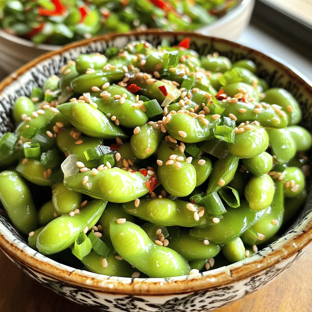 To make Spicy Garlic Edamame, gather these items: - 2 cups edamame (in pods) - 3 tablespoons sesame oil - 4 cloves garlic, minced - 1 teaspoon red pepper flakes (adjust for heat preference) - 2 tablespoons soy sauce - 1 tablespoon honey or agave syrup - 1 teaspoon rice vinegar - Salt to taste - Optional garnish: chopped scallions and sesame seeds Edamame is a great source of plant protein. A serving of 1 cup has about: - 190 calories - 18 grams of protein - 8 grams of fat - 14 grams of carbs - 8 grams of fiber This makes it a filling snack. The sesame oil and garlic add flavor without many extra calories. Edamame packs many health benefits. Here are a few: - Rich in Protein: Edamame helps build and repair muscles. - High in Fiber: This helps with digestion and keeps you full longer. - Vitamins and Minerals: Edamame contains iron, calcium, and folate, which are important for health. - Heart Health: The fats in sesame oil are good for your heart. Eating this tasty snack can boost your health while satisfying your cravings. For the complete recipe, check out the Full Recipe section. First, let’s gather our ingredients. Here’s what you need for this tasty snack: - 2 cups edamame (in pods) - 3 tablespoons sesame oil - 4 cloves garlic, minced - 1 teaspoon red pepper flakes (adjust for heat preference) - 2 tablespoons soy sauce - 1 tablespoon honey or agave syrup - 1 teaspoon rice vinegar - Salt to taste - Optional garnish: chopped scallions and sesame seeds Now, fill a large pot with water and add a pinch of salt. Bring it to a boil. While you wait, rinse the edamame pods under cool water. This step helps clean them before cooking. Once the water boils, add the edamame pods. Cook them for 4-5 minutes. You want them tender yet bright green. After cooking, drain the pods and set them aside. Next, heat a large skillet or wok over medium heat. Add the sesame oil and let it warm until it shimmers. This means it’s ready. Now, add the minced garlic. Sauté it for about 1 minute. Make sure to stir often so the garlic does not burn. Once the garlic smells amazing, toss in the red pepper flakes. Cook them for 30 more seconds. This will release their spicy flavor. Now, it’s time for the edamame! Add the cooked pods to the skillet. Toss them in the garlic-oil mix, ensuring they are well coated. Pour in the soy sauce, honey (or agave syrup), and rice vinegar. Stir all the ingredients together. Let the edamame soak in the flavors for 2-3 minutes. Make sure to taste and add salt if needed. Once everything is well mixed, remove the skillet from heat. Transfer the edamame to a serving bowl. For an extra touch, you can garnish with chopped scallions and sesame seeds. This will make your dish even more appealing! The Spicy Garlic Edamame is now ready to serve. Enjoy this delightful snack with friends or as a tasty solo treat. For the complete recipe, check out the Full Recipe section. You can change the flavor of your spicy garlic edamame. Here are some ideas: - Citrus Zest: Add lemon or lime zest for a fresh twist. - Sesame Oil: Use toasted sesame oil for a richer taste. - Herbs: Try adding fresh cilantro or basil for extra flavor. - Nuts: Sprinkle some crushed peanuts or cashews for a crunchy texture. Cooking edamame just right is key. Here’s how to do it: - Boil Smartly: Make sure to boil in salted water. This adds flavor. - Timing: Don’t overcook the edamame. Aim for 4-5 minutes. - Sautéing: When sautéing, keep the heat medium to avoid burning garlic. Spicy garlic edamame pairs well with many dishes. Here are my favorites: - Rice Dishes: Serve with steamed rice or fried rice for a full meal. - Beer or Wine: This snack goes great with cold beer or crisp white wine. - Appetizer: Serve it as an appetizer at your next dinner party. - Salads: Toss edamame into salads for a protein boost. These tips will help you elevate your spicy garlic edamame. Enjoy the flavors and share your creations! Don't forget to check out the Full Recipe for more details. {{image_2}} You can adjust the heat in your Spicy Garlic Edamame. Start with one teaspoon of red pepper flakes. If you like more spice, add more flakes or use fresh chili peppers. You can even try chili oil for an extra kick. Each choice changes the flavor and heat level. This recipe is easy to make vegan and gluten-free. Use tamari instead of soy sauce. Tamari is a great gluten-free alternative. For sweetness, use agave syrup instead of honey. These swaps keep the dish tasty and accessible for everyone. Get creative with your seasonings! Try adding lime juice for a zesty twist. You can also mix in sesame seeds or toasted nuts for crunch. For a unique flavor, consider adding miso paste or sriracha. These options let you customize your edamame to fit your taste. After you enjoy your spicy garlic edamame, store the leftovers. Let the edamame cool completely. Place them in an airtight container. Keep the container in the fridge. These edamame will stay fresh for about 3 days. To reheat your leftover edamame, you have a few options. The microwave works well. Place the edamame in a bowl, cover it, and heat for 30 seconds. Stir and check if they are warm. You can also use a skillet. Heat a little sesame oil over medium heat. Add the edamame and stir for a few minutes until warm. If you want to save some for later, freezing is easy. First, cook the edamame as directed in the full recipe. After cooking, cool them completely. Place the cooled edamame in a freezer bag. Remove excess air and seal tightly. Label the bag with the date. You can freeze them for up to 6 months. When you need them, just thaw and reheat! Yes, you can use frozen edamame. Frozen edamame is a great choice. It is often pre-cooked, so it saves time. Just boil the frozen pods for about 3-4 minutes. This will make them tender and ready to use. Drain them well before following the rest of the recipe. I like to serve edamame with soy sauce or spicy mayo. You can also try ponzu sauce for a tangy taste. Other options include sesame oil or chili oil. These dips enhance the flavor and make eating edamame more fun. Feel free to mix and match to find your favorite! You can cook the edamame ahead of time and store it in the fridge. Just follow the steps from the Full Recipe. After cooking, let them cool completely. Place them in an airtight container. They can stay fresh for 2-3 days. Reheat them in a skillet with a bit of oil before serving. Enjoy your tasty snack! This blog post covered the essential details of edamame. We explored ingredients, preparation steps, and cooking methods. I shared tips to enhance flavor and serving ideas. You learned about variations like spicy garlic options and storage methods. Edamame is not just tasty; it's also good for you. With this knowledge, you can enjoy edamame in many ways. Try these ideas and make edamame a key part of your meals. Your taste buds and health will thank you!