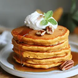 To make fluffy pumpkin spice pancakes, you need simple, fresh ingredients. Here’s what you will need: - 1 cup all-purpose flour - 2 tablespoons brown sugar - 1 tablespoon baking powder - 1 teaspoon ground cinnamon - 1/2 teaspoon ground nutmeg - 1/4 teaspoon ground ginger - 1/4 teaspoon ground cloves - 1/2 teaspoon salt - 1/2 cup canned pure pumpkin - 1 cup milk (dairy or non-dairy) - 2 tablespoons vegetable oil (or melted coconut oil) - 1 large egg - Optional: maple syrup and whipped cream for serving These ingredients work together to give your pancakes their lovely flavor and texture. Accurate measuring is key for great pancakes. Use dry measuring cups for flour and sugar. Spoon them into the cup, then level off with a knife. For liquids, use a clear measuring cup. Check the measurement at eye level for accuracy. This will help make sure your pancakes turn out just right every time. If you have dietary needs, you can still enjoy these pancakes. For gluten-free pancakes, swap the all-purpose flour with a gluten-free flour blend. Ensure the blend contains xanthan gum for better texture. For dairy-free options, use almond milk or oat milk in place of regular milk. You can also use applesauce instead of an egg for a vegan version. These swaps keep your pancakes tasty and fluffy while meeting your needs. For the full recipe, check the section above. To start, gather your ingredients. This includes flour, brown sugar, baking powder, and spices. In a large bowl, mix the dry ingredients. Whisk together 1 cup of flour, 2 tablespoons of brown sugar, 1 tablespoon of baking powder, 1 teaspoon of cinnamon, 1/2 teaspoon of nutmeg, 1/4 teaspoon of ginger, 1/4 teaspoon of cloves, and 1/2 teaspoon of salt. Make sure it is well combined. In another bowl, combine 1/2 cup of canned pumpkin, 1 cup of milk, 2 tablespoons of oil, and 1 large egg. Mix until smooth. Next, pour the wet mix into the dry mix. Gently fold them together until just combined. It is okay if there are small lumps. Avoid overmixing to keep your pancakes fluffy. Now, it’s time to cook! Preheat a non-stick skillet over medium heat. You can lightly grease it with butter or oil. Once hot, pour 1/4 cup of batter onto the skillet for each pancake. Cook until bubbles form on the surface, which takes about 2-3 minutes. The edges should look set. Carefully flip the pancake and cook for another 1-2 minutes. You want them golden brown. Adjust the heat as needed to stop burning. Repeat this with the rest of the batter until finished. Flipping pancakes can be tricky. Use a wide spatula to get under the pancake. This helps avoid breaking. If you want to stack them, keep them warm in a low oven. For serving, stack them high on a plate. Drizzle with maple syrup and add whipped cream. A sprinkle of cinnamon or a few pecans can add a nice touch. For a pop of color, add fresh mint on top. Enjoy your fluffy pumpkin spice pancakes! For the complete process, check out the Full Recipe. To make your pancakes extra fluffy, you need to pay attention to a few key steps. First, use fresh baking powder. Old baking powder can lose its power and won't give you that rise. Second, separate the egg. Whip the egg white until it forms soft peaks and fold it into your batter last. This adds more air, making your pancakes light and airy. Lastly, do not overmix the batter. A few lumps are just fine. Having the right tools can make cooking easier and more fun. Here’s what I recommend: - Non-stick skillet or griddle - Mixing bowls (one large and one medium) - Whisk for mixing - Measuring cups and spoons - Spatula for flipping pancakes These tools help you create the best pumpkin spice pancakes with ease. Serving your pancakes can be just as fun as making them. Here are some tasty ideas: - Drizzle warm maple syrup on top - Add a dollop of whipped cream for creaminess - Sprinkle chopped pecans for crunch - Serve with fresh fruit like sliced bananas or apples - Dust with powdered sugar for a sweet touch You can mix and match these toppings to find your favorite combinations. Enjoy the flavors of fall with each bite! For the complete recipe, check out the Full Recipe section. {{image_2}} You can easily change up your pumpkin spice pancakes. Try adding chocolate chips or nuts. They add texture and sweetness. You can also mix in dried fruits like cranberries or raisins. These options give your pancakes a fun twist. Want more spice? Add a pinch of cardamom or allspice to the batter. If you prefer a creamier texture, fold in some yogurt or sour cream for richness. Pumpkin spice pancakes do not have to be sweet. You can make savory versions too. For a savory twist, swap out some flour for cornmeal. Add a pinch of cheese or cooked bacon bits. Top them with a poached egg for a hearty breakfast. If you want to keep it sweet, serve with maple syrup, whipped cream, or even a sprinkle of powdered sugar. If you need gluten-free pancakes, use a gluten-free flour blend. Make sure the blend has a good structure. For a vegan option, replace the egg with a flaxseed meal. Mix 1 tablespoon of flaxseed with 2.5 tablespoons of water and let it sit. This acts like an egg. Use almond milk or oat milk instead of dairy milk. These changes still make for a tasty pancake. Remember, there are many ways to enjoy pumpkin spice pancakes. Get creative and make them your own! Check out the Full Recipe for more tips and ideas. After making those tasty pumpkin spice pancakes, you might have some left. To keep them fresh, stack the pancakes on a plate. Cover them with plastic wrap or foil. This keeps air out and prevents drying. You can also place them in an airtight container. Store them in the fridge for up to three days. If you want to keep them longer, freezing is a great option. When it's time to enjoy your leftover pancakes, reheating is key. The best way is to use a skillet. Heat it over medium-low heat. Add a little butter or oil, then place the pancakes in. Heat them for about one to two minutes on each side. This method keeps them fluffy. You can also use a microwave. Just place a pancake on a plate and cover it with a damp paper towel. Heat for 20-30 seconds. This keeps them moist but may not be as crisp. Freezing pancakes is simple and smart. Let the pancakes cool completely. Then, stack them with a piece of parchment paper between each one. This prevents them from sticking together. Place the stack in a freezer bag or airtight container. Label the bag with the date. You can freeze them for up to three months. When you’re ready to eat, just reheat them using the tips above. Enjoy your pumpkin spice pancakes whenever you crave them! You can use mashed sweet potato or butternut squash. These options give a similar taste. Applesauce also works if you want a sweeter flavor. Just make sure to adjust the spices to match your choice. Yes, you can prepare the batter ahead of time. Store it in the fridge for up to 24 hours. This helps save time in the morning. You can also cook the pancakes in advance. Just cool them and store in the fridge. Reheat them in a toaster or microwave. Look for bubbles forming on the surface. This shows they are ready to flip. Cook until both sides are golden brown. A toothpick inserted in the center should come out clean. If it’s still wet, cook for a little longer. Serve them warm with maple syrup and whipped cream. I love to stack them high for a nice look. You can add a sprinkle of cinnamon or some pecans on top. For a fun touch, add a mint leaf for color. For the full recipe, check out the section above. - 1 cup all-purpose flour - 2 tablespoons brown sugar - 1 tablespoon baking powder - 1 teaspoon ground cinnamon - 1/2 teaspoon ground nutmeg - 1/4 teaspoon ground ginger - 1/4 teaspoon ground cloves - 1/2 teaspoon salt - 1/2 cup canned pure pumpkin - 1 cup milk (dairy or non-dairy) - 2 tablespoons vegetable oil (or melted coconut oil) - 1 large egg - Optional: maple syrup and whipped cream for serving 1. In a large bowl, whisk the flour, brown sugar, baking powder, cinnamon, nutmeg, ginger, cloves, and salt. Mix until well combined. 2. In another bowl, blend the canned pumpkin, milk, vegetable oil, and egg until smooth. 3. Pour the wet mix into the dry mix. Gently fold until just combined. Small lumps are okay. 4. Preheat a non-stick skillet over medium heat. Lightly grease if needed. 5. Pour 1/4 cup of batter for each pancake. Cook until bubbles form (about 2-3 minutes). Flip and cook for another 1-2 minutes until golden brown. 6. Repeat for the rest of the batter, adjusting heat to avoid burning. 7. Serve warm, topped with maple syrup and whipped cream. Stack the pancakes high on a plate. Drizzle with maple syrup. Add a sprinkle of cinnamon or some pecans on top. For a pop of color, add fresh mint. This makes for an eye-catching dish! You learned how to make delicious pumpkin spice pancakes from scratch. We covered the essential ingredients and precise measurements for the perfect batter. You now know cooking techniques for fluffy pancakes and tips for serving. Remember, you can adjust flavors and toppings to suit your taste. Store and reheat leftovers easily, making it a great recipe to enjoy at any time. Now, it’s your turn to create a tasty stack and share with friends and family!
