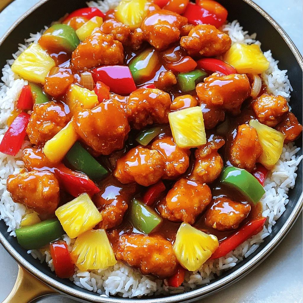 Here is what you need for the Sweet and Sour Chicken recipe: - 1 lb (450g) boneless, skinless chicken thighs, cut into bite-sized pieces - 1/2 cup all-purpose flour - 2 tablespoons cornstarch - 1 teaspoon salt - 1/2 teaspoon black pepper - 1/4 teaspoon paprika - 1/4 cup vegetable oil (for frying) - 1/2 red bell pepper, diced - 1/2 green bell pepper, diced - 1 cup pineapple chunks (fresh or canned) - 1/2 cup onion, diced - 1/2 cup sugar - 1/3 cup apple cider vinegar - 1/4 cup ketchup - 1 tablespoon soy sauce (low sodium) - 1 teaspoon ginger, freshly grated - 1 tablespoon cornstarch mixed with 2 tablespoons water (to thicken sauce) Choosing the right ingredients makes a big difference. Here are some tips: - Chicken: Look for fresh, pink chicken. Avoid any with dark spots or a strong smell. - Vegetables: Choose firm bell peppers and onions. They should be vibrant and free of blemishes. - Pineapple: Fresh pineapple has a sweet aroma. Canned is fine, but check for added sugar. - Condiments: Use low-sodium soy sauce for a healthier dish. Fresh ginger adds great flavor. You can easily change some ingredients based on your needs: - Gluten-Free: Use gluten-free flour and cornstarch to coat the chicken. - Sugar-Free: Substitute sugar with a sugar alternative like stevia or monk fruit. - Vegetarian Option: Replace chicken with tofu or tempeh for a plant-based meal. - Low-Carb: Skip the sugar and serve with cauliflower rice instead of regular rice. Using these tips, you can create a Sweet and Sour Chicken that's just right for you. For the full recipe, check out the detailed steps that follow! To start, you need to prep the chicken. Take a bowl and mix the flour, cornstarch, salt, pepper, and paprika. This mix gives the chicken a nice flavor and crispy coat. Cut your chicken thighs into bite-sized pieces. Toss these pieces in the flour mix until they are well-covered. This step makes sure each piece gets a crunchy outside when cooked. Now, it's time to cook the chicken. Heat vegetable oil in a large skillet over medium-high heat. When the oil is hot, add the chicken in batches. It’s key not to crowd the pan. Cook each batch for about 5-7 minutes until the chicken turns golden brown and is fully cooked. Once done, remove the chicken and place it on a paper towel-lined plate. This step helps absorb any extra oil. Next, we sauté the veggies. Using the same skillet, add more oil if needed to avoid sticking. Start by adding the diced onion and bell peppers to the pan. Cook them for about 3-4 minutes until they are soft but still crisp. This sautéing step brings out the flavors and adds a nice texture to your dish. After this, you will be ready to make the sauce and combine everything together. For the full recipe, check the provided details. To make the perfect sweet and sour sauce, gather these simple ingredients: - 1/2 cup sugar - 1/3 cup apple cider vinegar - 1/4 cup ketchup - 1 tablespoon soy sauce (low sodium) - 1 teaspoon ginger, freshly grated - 1 tablespoon cornstarch mixed with 2 tablespoons water (to thicken) Start by adding the sugar, apple cider vinegar, ketchup, soy sauce, and grated ginger into a mixing bowl. Use a whisk to mix them well. You want to ensure the sugar dissolves completely. This should take about 30 seconds. A smooth sauce helps blend flavors. Once your sauce is well-mixed, pour it into the skillet with the sautéed vegetables. Stir the sauce well with the veggies, allowing them to soak up the flavors. Next, add the cooked chicken and pineapple chunks. Stir everything together to coat them in the sauce. If the sauce seems thin, slowly add the cornstarch-water mixture. Cook for 2-3 minutes until the sauce thickens. This step is key to getting that perfect sweet and tangy balance. {{image_2}} One big mistake is not coating the chicken well. If the chicken is not coated, it won't get crispy. Another mistake is overcrowding the pan when frying. This makes the chicken steam instead of fry, which is not what you want. Lastly, don't skip thickening the sauce. A thin sauce will not cling to your chicken or veggies. Use a large skillet for frying; it gives you room to cook. A heavy-bottomed pan works best to ensure even heat. A mixing bowl is handy for whisking your sauce. Finally, use a sharp knife for cutting the chicken and veggies easily. These tools will help you make this dish with ease. Store leftovers in an airtight container. Make sure to cool them down first to keep them fresh. In the fridge, they last about 3 days. For reheating, use a skillet on medium heat. This keeps the chicken crispy. You can also add a splash of water to the pan to keep the sauce moist. Enjoy your Sweet and Sour Chicken Delight with a fresh twist! For a tasty vegetarian version, swap chicken for tofu or tempeh. These options soak up flavors well. Use firm tofu for the best texture. Cut it into bite-sized pieces, then coat it just like chicken. Fry it until golden brown. The sweet and sour sauce pairs perfectly with veggies like zucchini or mushrooms. This gives you a hearty meal while keeping it meatless. You can use different proteins to mix things up. Try shrimp for a quick and tasty dish. Just cook them for a shorter time in the skillet. Beef works well, too, especially flank steak. Slice it thinly and stir-fry it until tender. Each protein adds its own flavor, making the dish unique every time. To make a low-sugar sweet and sour chicken, cut back on sugar and use less ketchup. You can replace sugar with natural sweeteners like honey or agave. These alternatives keep the flavor rich while lowering calories. You can also use cauliflower rice instead of regular rice. This boosts fiber and cuts carbs, making it a healthy choice. For the complete recipe, check out the Full Recipe. This guide helps you create a delicious meal that fits your needs! To add some heat to Sweet and Sour Chicken, use chili flakes or fresh chili peppers. You can mix in a teaspoon of crushed red pepper for a mild kick. For more heat, try adding sliced jalapeños. You can also use a spicy sauce instead of ketchup. Just remember, start small and taste as you go! Sweet and Sour Chicken pairs well with several sides. Here are some tasty options: - Steamed white rice - Fried rice - Noodles - Asian-style salad - Egg rolls - Spring rolls These sides balance the sweet and tangy flavors of the dish. Store leftovers in an airtight container. They will stay fresh in the fridge for up to three days. If you want to keep them longer, freeze them for up to three months. Reheat in a skillet over low heat or in the microwave. Make sure to check that it heats through completely. Enjoy your Sweet and Sour Chicken again with ease! In this article, we explored how to create the perfect sweet and sour chicken. We covered ingredient lists, cooking steps, and tips for the best results. Using quality ingredients and avoiding common mistakes enhances your dish significantly. Remember, there are also tasty variations, like vegetarian options and low-sugar versions. With these insights, you can impress anyone at your dinner table. Enjoy cooking, and don't hesitate to experiment with flavors!