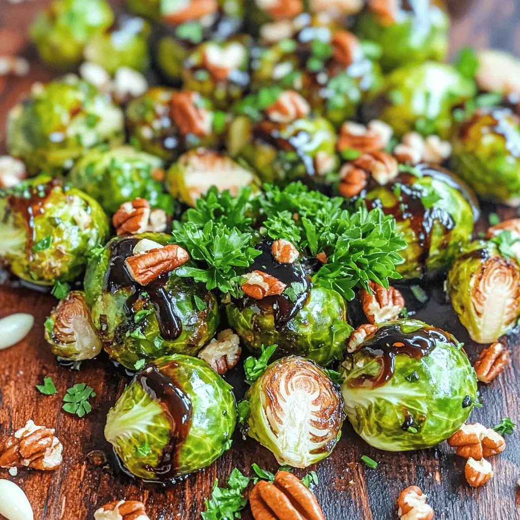- 1 pound Brussels sprouts, trimmed and halved - 3 tablespoons olive oil - Salt and pepper to taste - 1/4 cup balsamic vinegar - 2 tablespoons honey - 2 cloves garlic, minced - 1/4 cup pecans, roughly chopped - 2 tablespoons fresh parsley, chopped for garnish When I make balsamic glazed Brussels sprouts, I always start with fresh ingredients. The main stars are the Brussels sprouts. I choose a pound, trim them, and cut them in half. This helps them cook evenly. I add three tablespoons of olive oil to give them a nice flavor. A sprinkle of salt and pepper gives it the perfect touch. Next, I create the balsamic glaze. I use a quarter cup of balsamic vinegar, which adds a tangy kick. Honey, two tablespoons, brings sweetness. Then I add two cloves of minced garlic for depth. If I want to elevate my dish, I toss in some optional ingredients. A quarter cup of roughly chopped pecans adds a nice crunch. I also like to add two tablespoons of chopped parsley for a fresh, green look. These choices make the dish even more special. For the full recipe, check out Balsamic Glazed Brussels Sprouts with Honey Drizzle. - Preheat your oven to 400°F (200°C). - Toss Brussels sprouts with olive oil, salt, and pepper in a bowl. - Spread the Brussels sprouts on a baking sheet, cut side down. - Roast for 20-25 minutes, stirring halfway through for even cooking. - Combine balsamic vinegar, honey, and minced garlic in a saucepan over medium heat. - Simmer and reduce for 5-7 minutes until slightly thickened. Watch closely to avoid burning. - Drizzle the balsamic glaze over the roasted sprouts and toss gently. - Garnish with chopped pecans and fresh parsley before serving. Enjoy your flavorful side dish! For the full recipe, check out the details above. - Cut your Brussels sprouts in half evenly. This ensures they cook the same. - Stir them halfway through roasting. This helps with even browning and crispy bits. - Cook the glaze until it thickens to your liking. This makes it stick well. - Use a thermometer for the glaze. It helps you know when it reaches the right stage. - Serve these sprouts with roasted meats. They make a great side dish. - Try serving them over quinoa or rice. This adds texture and flavor. For the complete recipe, check out the Full Recipe section. Enjoy the process! {{image_2}} You can boost the taste of your Brussels sprouts. Try adding red pepper flakes for a spicy kick. This little touch adds heat without overpowering the dish. Another great idea is to incorporate citrus zest, like lemon or orange. This gives a fresh twist that brightens the flavors. Switching herbs can change the whole vibe of your dish. Instead of parsley, use thyme or rosemary. These herbs provide a more earthy flavor. You can also mix in chopped scallions. They add a mild oniony note that pairs well with the sprouts. If you want to make this dish vegan, replace honey with maple syrup. This keeps the sweetness without using animal products. You can also use different nuts for crunch. Try walnuts or almonds instead of pecans. Each nut adds its own unique flavor to the dish. For the complete recipe, check out the Full Recipe. You can store leftover Brussels sprouts in an airtight container in the refrigerator. They will stay fresh for up to 3 days. While they taste best when fresh, you can reheat them in the oven. This helps to maintain their crispy texture. If you have extra portions, freeze them in a freezer-safe container. They can last for up to a month in the freezer. When you want to enjoy them again, thaw and reheat thoroughly before serving. To reheat, use the oven for the best texture. If you're short on time, the microwave works too. Just add a splash of water when microwaving to keep them moist. For full details, check the Full Recipe. Yes, you can make this dish ahead. Prepare it up to the roasting step and store it in the fridge. When you're ready to serve, simply roast them. This gives you the best taste and texture. If you want a vegan option, use maple syrup or agave nectar instead of honey. Both will add a nice sweetness and work well with the balsamic glaze. Brussels sprouts are very healthy. They are rich in vitamins C and K, fiber, and antioxidants. Eating them helps support your immune system and overall health. You can check by piercing them with a fork. They should be golden brown and tender. If you find them soft and easy to pierce, they are ready to enjoy. You now have a complete guide to making Balsamic Glazed Brussels Sprouts. We covered the key ingredients, step-by-step instructions, and tips for perfecting the dish. You can also explore variations to suit your taste. Remember, these sprouts make a great side for any meal. Enjoy the mix of flavors from the glaze and the crunch of pecans. Whether serving at a gathering or a simple family dinner, this dish is sure to impress. Try it out and share your thoughts!