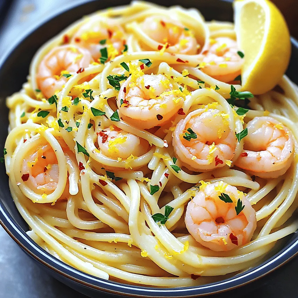 This Lemon Garlic Shrimp Pasta is simple and full of flavor. With just a few fresh ingredients, you can create a meal that feels special. You can serve it for a family dinner or impress friends. It takes only about 25 minutes to make, so it’s great for busy nights. - 8 oz spaghetti or linguine - 1 lb large shrimp, peeled and deveined - 3 tablespoons olive oil - 4 cloves garlic, minced - 1 teaspoon red pepper flakes (adjust to taste) - Zest of 1 lemon - Juice of 1 lemon - 1/4 cup fresh parsley, chopped - Salt and pepper to taste - Grated parmesan cheese (for serving, optional) Using fresh ingredients makes a big difference. Look for shrimp that is firm and has a mild scent. Choose a lemon that feels heavy for its size, as it will be juicy. Fresh parsley should be bright green and fragrant. Using quality ingredients will enhance the taste of your dish. Start by gathering all your ingredients. This makes cooking smooth and easy. You’ll need spaghetti or linguine, shrimp, garlic, and lemon. Make sure the shrimp is peeled and deveined. Mince the garlic to release its strong flavor. Zest and juice the lemon for a bright taste. Chop the parsley for a fresh touch. To sauté shrimp perfectly, use a large skillet. Heat olive oil over medium-high heat. Add minced garlic and red pepper flakes first. Stir for about 30 seconds until fragrant. This step builds a great base for flavor. Then, add the shrimp to the skillet. Cook for 2-3 minutes until they turn pink. Flip them over and cook for another 1-2 minutes. They should be opaque and firm. Season with salt and pepper to taste. Once the shrimp is cooked, it’s time to combine everything. Add the cooked pasta directly into the skillet. Pour in the lemon juice and zest. Toss everything together gently. If the pasta looks dry, add small amounts of reserved pasta water. This helps achieve the ideal consistency. You want the dish to be light and creamy, not sticky. Finally, stir in the chopped parsley for a fresh burst. Adjust seasoning with more salt or lemon juice if needed. Now, you have a bright, tasty dish ready to serve! To boost the taste, salt is key. Use kosher salt when boiling pasta. It helps flavor the noodles. For the shrimp, season well with salt and pepper. Don't be shy! A little red pepper adds a nice kick. Adjust it to your taste. Fresh lemon zest and juice brightens the dish. They add a fresh, zesty note that works wonders. Fresh parsley also helps balance the dish. Use it generously for a pop of color and flavor. Cook shrimp quickly to keep them tender. Heat your skillet to medium-high before adding shrimp. They should cook for about 2-3 minutes on one side. When they turn pink, flip them. Cook for another 1-2 minutes until fully cooked. Overcooked shrimp become tough, so watch them closely. If you're unsure, cut one open. It should be opaque all the way through. Make your dish look as good as it tastes! Use a large bowl for serving. Twirl the pasta for a nice nest shape. Top it with a sprinkle of parsley for color. A lemon wedge on the side adds a fresh touch. You might also drizzle a bit of olive oil on top. This adds a rich finish. For extra flair, think about using grated parmesan cheese. It melts slightly and adds creaminess. For the full recipe, check the link above! {{image_2}} You can swap the pasta for gluten-free options like rice noodles or zucchini noodles. For the shrimp, use chicken or tofu if you prefer. Both options work well in this dish. If you can’t find fresh shrimp, frozen shrimp is a great substitute. Just make sure to thaw it before cooking. For gluten-free lovers, choose gluten-free pasta made from rice or corn. You will still enjoy a rich flavor. If you’re watching carbs, spiralized veggies like zucchini or squash are great low-carb alternatives. They add nutrition without the extra carbs. If you like spice, add more red pepper flakes or fresh chilies. You can also try different herbs like basil or thyme for a new twist. For a zesty kick, add lemon zest or lime juice. Each change can make the dish unique and keep it exciting. To keep leftover Lemon Garlic Shrimp Pasta fresh, store it in an airtight container. Make sure to cool the pasta to room temperature first. Place it in the fridge for up to three days. Avoid letting it sit out too long to prevent bacteria growth. Keep the shrimp and pasta mixed together for the best flavor. When you reheat, use a skillet over low heat. Add a splash of water or olive oil to help restore moisture. Stir often to avoid burning. You can also use the microwave. If you choose this method, cover the dish with a paper towel. Heat in short bursts of 30 seconds, stirring in between. This keeps the shrimp from becoming tough. If you want to freeze Lemon Garlic Shrimp Pasta, it’s best to do so before adding the shrimp. Cook the pasta and let it cool completely. Place it in a freezer-safe bag, and remove as much air as possible. You can freeze it for up to three months. When ready to eat, thaw it overnight in the fridge. Cook fresh shrimp, and mix them with the thawed pasta. This keeps the dish fresh and tasty. Lemon Garlic Shrimp Pasta lasts about 3 to 4 days in the fridge. Make sure to store it in an airtight container. This keeps the dish fresh and tasty. When you reheat it, the shrimp may lose some texture. However, the flavors will still shine through. Yes, you can use frozen shrimp! Just make sure to thaw them first. You can do this by placing them in the fridge overnight or using cold water. After thawing, dry the shrimp with a paper towel. This helps them cook evenly and prevents extra water in your dish. Lemon Garlic Shrimp Pasta pairs well with many sides. Here are some great options: - Garlic Bread: The buttery, garlicky flavor complements the pasta well. - Green Salad: A fresh salad with lemon vinaigrette adds brightness. - Roasted Vegetables: Seasoned veggies provide a nice crunch and color. Feel free to explore these ideas to create a full meal. For the detailed cooking process, check out the Full Recipe. This post covered everything you need for Lemon Garlic Shrimp Pasta. You learned the ingredients, preparation steps, and cooking techniques for perfect shrimp. You also got tips for flavor and presentation. Variations and storage info help tailor the dish to your needs. To make this meal shine, focus on freshness and seasoning. Enjoy the process, and remember: good food brings joy to the table!