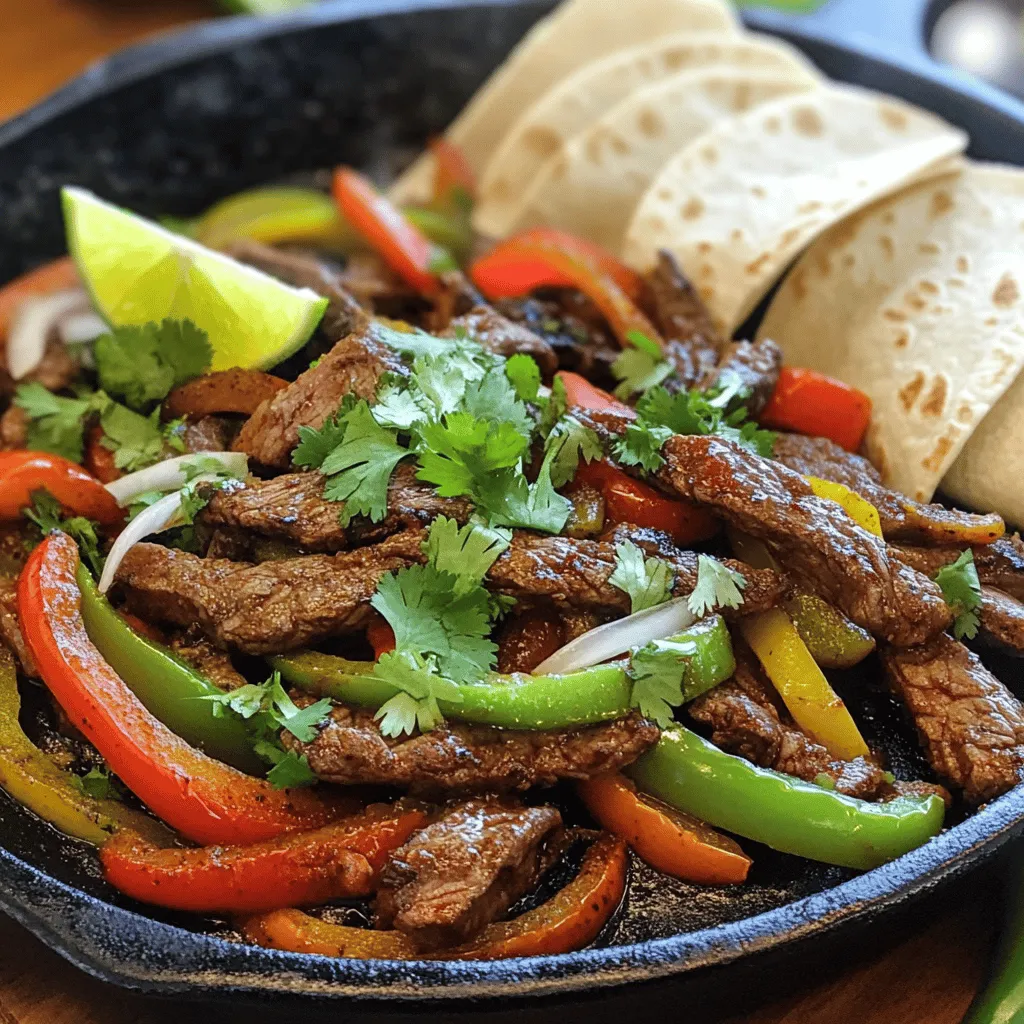 - 1 lb flank steak, sliced against the grain - 2 tablespoons olive oil - 1 teaspoon cumin - 1 teaspoon smoked paprika - 1 teaspoon garlic powder - 1 teaspoon onion powder - Salt and pepper to taste The flank steak is key for fajitas. It has great flavor and tenderness. Slice it against the grain to keep it juicy. The marinade is simple but adds a lot of taste. Olive oil helps the spices stick and adds richness. - 1 red bell pepper, sliced - 1 green bell pepper, sliced - 1 medium onion, sliced The bell peppers and onion bring color and crunch. Slice them thin for even cooking. I love using both red and green peppers. They add sweetness and a slight bite. When cooked, they become soft and sweet. - Fresh cilantro, for garnish - Sour cream and salsa, for serving - 8 small flour tortillas The garnishes make fajitas pop! Fresh cilantro adds brightness. Sour cream cools the heat, and salsa brings zest. Warm tortillas hold everything together. Use small flour tortillas for easy wrapping. This recipe gives you a colorful and tasty meal. You can find the Full Recipe to guide you step by step. Enjoy your cooking adventure! To start, grab a large bowl. Add the sliced flank steak, olive oil, cumin, smoked paprika, garlic powder, onion powder, salt, and pepper. Mix everything well so the steak gets coated with the spices. This step is key for bold flavors. Let the steak marinate for at least 30 minutes at room temperature. If you have more time, marinate it in the fridge for up to 2 hours. This longer time really boosts the taste. Next, heat a large skillet or cast-iron pan over high heat until it is very hot. This helps create a nice sear. Add the marinated steak to the pan in a single layer. Sear it for about 2-3 minutes without moving it. This gives it a nice crust. Then, stir the steak and let it cook for another 2-3 minutes until it is browned but still tender. Remove the steak from the pan and set it aside. Now, use the same pan without cleaning it. This adds flavor to the veggies. Add the sliced bell peppers and onion. Sauté them for about 5-7 minutes. You want them to be tender and slightly charred. The char adds depth to the dish. Once they're done, return the cooked steak to the pan. Pour in the lime juice and toss everything together. Heat for another minute so all the flavors meld. For the full recipe, you can check the details above! For fajitas, I recommend using flank steak. It has great flavor and tenderness. Slice your steak against the grain to keep it juicy and easy to chew. This method helps break down the fibers in the meat, making each bite more pleasant. Timing is key when cooking vegetables. Start cooking your steak first, then move to the veggies. Use a hot skillet for great results. A cast-iron skillet works best as it holds heat well. Sauté your peppers and onions until they're tender and slightly charred, about 5-7 minutes. You can change the spice levels to fit your taste. If you like heat, add jalapeños or a pinch of cayenne. Don't hesitate to mix in other veggies too, like zucchini or mushrooms. This adds more depth to your fajitas. For details, check the Full Recipe. {{image_2}} You can easily swap the beef for chicken or shrimp. For chicken, use boneless breasts or thighs. Thin slices work best for even cooking. Cook the chicken for about 6-8 minutes until fully done. For shrimp, use large, uncooked shrimp. They only need 3-4 minutes in the pan. Both options bring a different taste but keep the same great fajita vibe. For a plant-based twist, try using mushrooms and zucchini. These veggies soak up flavors well. You can also use black beans or chickpeas for protein. Season with the same spices from the beef fajitas. This mix creates rich flavors even without meat. Add fresh corn for sweetness too. If you like heat, add spices or hot sauce. Try chipotle powder or cayenne for a kick. You can also mix in fresh jalapeños. For sauces, look for salsa verde or a spicy chili sauce. Use these to spice up your fajitas while cooking or as a topping. Adjust the heat to match your taste. To keep your fajitas fresh, store leftovers in an airtight container. Make sure they cool down first. This helps prevent sogginess. You can keep them in the fridge for up to three days. The flavors will still be great! When it's time to eat your leftovers, use a skillet to reheat. This method helps keep the beef juicy and the veggies crisp. Avoid the microwave if you can, as it can make the tortillas soggy. If you must use it, wrap tortillas in a damp paper towel to help them steam a bit. You can freeze cooked fajitas for later. Just let them cool completely before placing them in a freezer bag. Remove as much air as possible to prevent freezer burn. To reheat, thaw in the fridge overnight. Then, warm them in a skillet for the best taste. Enjoy your sizzling beef fajitas anytime! For the full recipe, check out the details above. The best steak for fajitas is flank steak. It has great flavor and is easy to slice. You can also use skirt steak, which is similar. Always slice the meat against the grain. This helps make the meat tender. Marinating the steak adds even more flavor. Use spices like cumin and paprika for a tasty kick. Yes, you can prep some parts in advance. Marinate the steak the night before. This helps the flavors soak in. You can also slice the veggies ahead of time. Keep them in the fridge until you are ready to cook. Just heat everything up when it's time to eat. This makes dinner quick and easy. For perfect beef, look for a nice brown color. Use a meat thermometer for accuracy. For medium-rare, aim for 130°F. For medium, go for 140°F. Remember, the meat will keep cooking after you take it off the heat. Let it rest for a few minutes before slicing. This keeps it juicy and tender. You now have a clear guide to making delicious fajitas. We covered ingredients, step-by-step cooking, and tips for success. You can customize your dish with proteins and flavors. Don’t forget to store leftovers properly to keep them fresh. With these insights, you can enjoy tasty fajitas any time. Happy cooking!