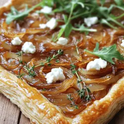 To make this delicious tart, gather these fresh ingredients: - 1 sheet of puff pastry, thawed - 3 large onions, thinly sliced - 2 tablespoons olive oil - 1 teaspoon balsamic vinegar - 1 teaspoon sugar - 1 teaspoon fresh thyme leaves - 4 ounces goat cheese, crumbled - Salt and pepper to taste - 1 egg, beaten (for egg wash) - Fresh arugula, for garnish (optional) If you need substitutes, here are some great options: - Puff pastry: Use pie crust or phyllo dough. - Goat cheese: Feta cheese or ricotta can work well. - Fresh thyme: Dried thyme or oregano can replace fresh thyme. - Balsamic vinegar: Red wine vinegar adds a similar flavor. To create this tart, you will need: - A large skillet for cooking the onions - A tart pan or baking sheet for the pastry - A rolling pin to roll out the puff pastry - A fork to prick the pastry base - A sharp knife or pizza cutter for slicing the tart - A brush for the egg wash Finding the right tools makes cooking easier and more fun. Enjoy making your Caramelized Onion and Goat Cheese Tart! Check out the Full Recipe for more details. To start, slice your large onions thinly. Use a sharp knife for even cuts. Heat a large skillet over medium heat, then add the olive oil. Once the oil is warm, add the sliced onions. Stir them often. After about 10 minutes, the onions will be soft. Now, sprinkle in the sugar and pour the balsamic vinegar over the onions. This step adds sweetness and depth. Cook for another 20-25 minutes. Keep stirring until the onions turn a deep golden brown. Add fresh thyme leaves, and season with salt and pepper. This mix creates the rich flavor you want. Now, take your thawed puff pastry. Place it on a lightly floured surface. Use a rolling pin to roll it out until it fits your tart pan. Make sure the pastry is not too thick. Once rolled, transfer it into the tart pan. Trim any excess pastry from the edges. Use a fork to prick the base of the pastry. This helps prevent puffing during baking. It is important to poke holes all over the base. With your oven preheated to 400°F (200°C), it's time to bake. First, spread the caramelized onions evenly over the pastry. Crumble the goat cheese on top of the onions. This adds a creamy texture. Brush the edges of the tart with the beaten egg. This gives a lovely golden color when baked. Bake the tart for 25-30 minutes. Keep an eye on it until the pastry is golden brown and puffed. Once it's done, let it cool for a few minutes. Slice it into wedges and serve warm. If you like, garnish with fresh arugula for a peppery kick. Enjoy this delicious dish! For the full recipe, check the earlier section. To caramelize onions well, you need patience. Start by slicing your onions thinly. Heat olive oil in a skillet over medium heat. Add the onions and stir them often. This helps them cook evenly. Cook the onions for about 30 minutes. They should turn soft and deep golden brown. Adding a bit of sugar boosts sweetness. Balsamic vinegar adds a nice tang, too. Always season with salt and pepper. For a great puff pastry, keep it cold. Thaw it in the fridge, not on the counter. Roll it out on a floured surface. Make sure it fits your tart pan. Prick the base with a fork to let steam escape. This keeps it flat while baking. Brush the edges with beaten egg for a shiny finish. Bake at 400°F (200°C) until golden brown, around 25 to 30 minutes. One mistake is cooking onions too fast. High heat burns them instead of caramelizing. Another is using warm puff pastry. It won’t puff up as well. Avoid overfilling the tart. Too many toppings can make it soggy. Lastly, do not skip the egg wash. It makes the edges look beautiful and shiny. Follow these tips, and your tart will impress everyone! For more details, check the Full Recipe. {{image_2}} You can mix in different cheeses for extra flavor. Feta cheese adds a tangy taste. Cheddar gives a sharp bite. Try a mix of these with goat cheese for a creamy texture. Just remember to balance the flavors so one cheese does not overpower the others. Feel free to add more veggies or herbs to your tart. Sautéed spinach or roasted bell peppers can add color and nutrition. Fresh herbs like basil or rosemary can enhance the aroma. Just chop them finely and layer them with the caramelized onions. They will cook together nicely. If you want to switch up the crust, use a whole wheat pastry or a gluten-free option. You can even make a crust from scratch using flour and butter. For a fun twist, try using phyllo dough for a lighter texture. Just layer the sheets and brush with olive oil. This will create a crispy base for your tart. For the complete recipe, check out the Full Recipe section. To store your leftover tart, let it cool completely. Then, wrap it tightly in plastic wrap or aluminum foil. You can also place it in an airtight container. This keeps the tart fresh for up to three days in the fridge. Make sure to keep it away from strong-smelling foods to avoid flavor changes. To reheat your tart, use the oven for best results. Preheat your oven to 350°F (175°C). Place the tart on a baking sheet and cover it loosely with aluminum foil. Heat for about 10 to 15 minutes. This helps keep the pastry crisp and warm. Avoid microwaving, as it can make the pastry soggy. If you want to freeze the tart, it’s best to do so before baking. After you prepare the tart, wrap it tightly in plastic wrap. Then, place it in a freezer-safe bag or container. It can stay frozen for up to three months. When you’re ready to bake, simply thaw it overnight in the fridge. Then, bake it as directed in the Full Recipe. Enjoy the fresh flavors anytime! Yes, you can use store-bought caramelized onions. They save time and effort. Look for high-quality brands for the best flavor. However, homemade versions have a richer taste. If you choose store-bought, check the ingredients for added sugars or preservatives. This way, you keep it simple and tasty. This tart is already vegetarian. The main ingredients are onions, goat cheese, and puff pastry. Just ensure your puff pastry is meat-free. Always check for animal-based products in your pastry. If you want to add more veggies, try spinach or mushrooms. This will enhance the flavor and add nutrients. You can serve this tart with a fresh salad. A simple arugula salad pairs well. The peppery taste of arugula complements the sweetness of the onions. You can also add a light vinaigrette for extra flavor. For drinks, a crisp white wine works nicely. This balance makes your meal feel special. We covered how to make a delicious Caramelized Onion and Goat Cheese Tart. You learned about key ingredients and their substitutes. I shared step-by-step instructions for preparation, baking, and serving. Tips helped you master caramelizing onions and puff pastry. Variations let you explore different flavors, and storage info guides you in keeping leftovers fresh. This tart is easy to make and fun to share. Now, you can create a tasty dish that impresses everyone. Enjoy the cooking journey and let your taste buds shine!