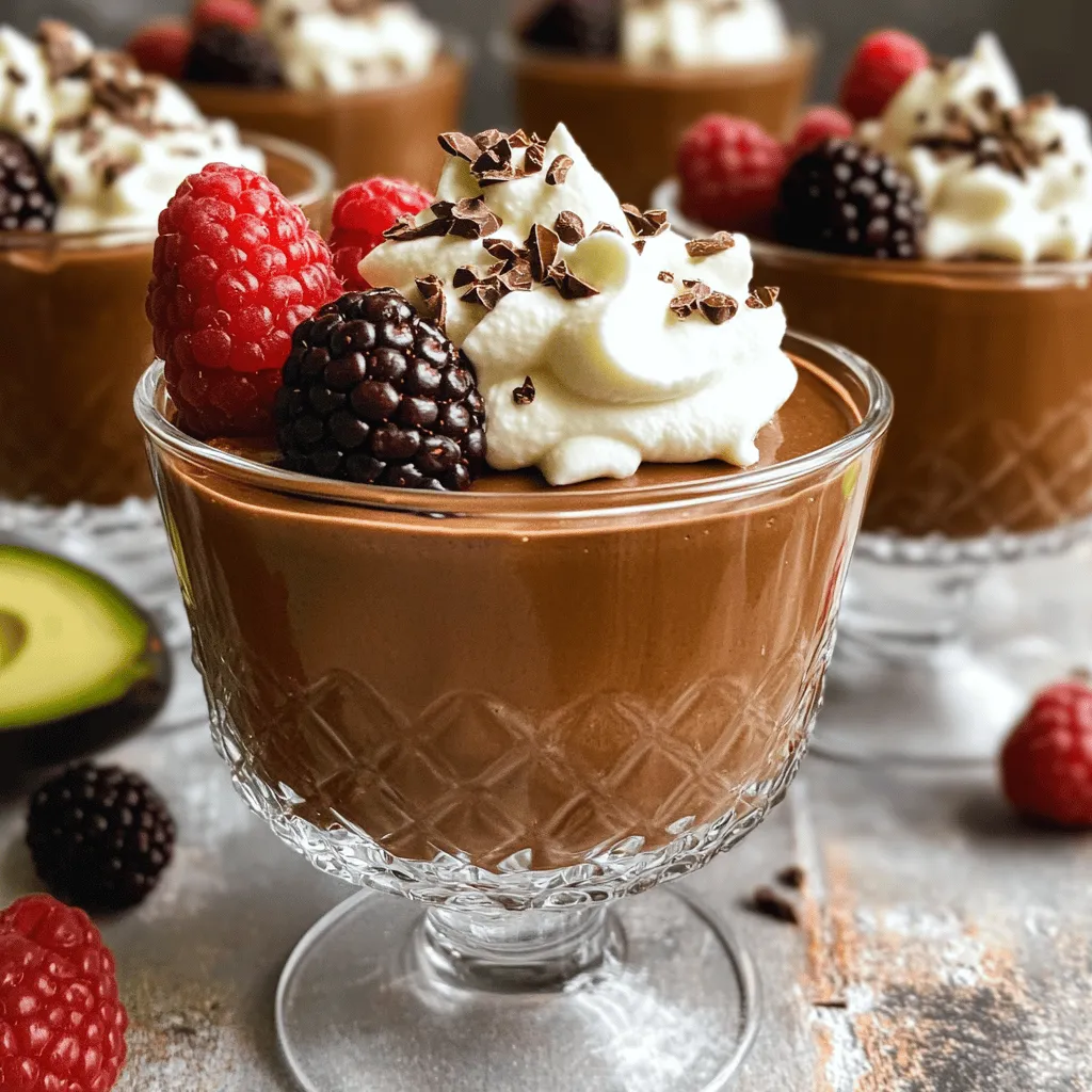 - Ripe avocados - Unsweetened cocoa powder - Maple syrup or honey - Almond milk or alternate milk choices For this Chocolate Avocado Mousse, the main ingredients create a rich and creamy treat. The ripe avocados form the base, giving the mousse its smooth texture. Choose avocados that are slightly soft to the touch. This ensures they blend well. Unsweetened cocoa powder adds the deep chocolate flavor. It keeps the mousse guilt-free by avoiding extra sugars. You can use maple syrup or honey as a natural sweetener. Both options blend seamlessly with the other flavors. Almond milk or any milk of your choice adds the right consistency. - Coconut whipped cream - Cacao nibs - Fresh berries You can elevate your mousse with toppings. Coconut whipped cream adds a light and airy feel. Cacao nibs give a nice crunch and extra chocolate boost. Fresh berries like strawberries or raspberries introduce a burst of freshness. - Healthy fats - Fiber content - Nutritional vitamins and minerals Avocados are not just tasty; they are also good for you. They are packed with healthy fats that help your heart. You also get a good amount of fiber. This helps with digestion and keeps you full. Additionally, avocados contain many vitamins and minerals. You get vitamins C, E, K, and B-6, which support your body. Eating avocados can be a smart choice for your health. 1. First, take two ripe avocados. Slice them in half and remove the pit. Use a spoon to scoop the green flesh into a blender. 2. Next, add the unsweetened cocoa powder, maple syrup or honey, and almond milk to the blender. Don’t forget the vanilla extract and a pinch of sea salt. 3. Now, blend all the ingredients on high. Keep blending until the mixture is smooth and creamy. Scrape down the sides if needed. The mousse should feel velvety and rich. 4. Once blended, take a spoon and scoop the mousse into individual serving cups. 5. Cover the cups with plastic wrap. Place them in the refrigerator for at least 30 minutes. This chill time helps the mousse set and enhances the flavors. 6. Before serving, stir the mousse gently. You can top it with coconut whipped cream, cacao nibs, or fresh berries for extra fun. 7. For a great presentation, serve the mousse in clear cups. This way, everyone can see the rich, dark color. Enjoy this rich and creamy delight! To make your chocolate avocado mousse smooth, blending is key. Use a high-speed blender. This helps break down the avocados fully. Blend until it feels velvety. If you want it creamier, add more almond milk. You can also adjust the sweetness. Taste the mousse after blending. If it needs more sweetness, add a touch of maple syrup or honey. One common mistake is using overripe avocados. They can make your mousse taste off. Pick avocados that are ripe but still firm. Another mistake is not blending long enough. If you stop too soon, the mousse will be grainy. Blend until the mixture is completely smooth for the best results. To store leftovers, transfer the mousse into airtight containers. This keeps it fresh and prevents it from browning. Store it in the fridge for up to three days. If you want to reheat, it’s best to enjoy it cold. There is no need to warm it up; the mousse tastes great chilled. If you want to make it ahead, prepare it a day in advance. This allows the flavors to meld perfectly. For the full recipe, check the detailed instructions above. {{image_2}} You can change the flavor of your chocolate avocado mousse easily. Adding spices can really boost taste. For a warm flavor, try cinnamon. If you want a kick, sprinkle in a bit of cayenne. You can also use flavored extracts. A drop of almond or orange extract can add a unique twist. These small changes can make a big difference. This mousse can fit many diets. For a vegan option, just stick to maple syrup. It’s sweet and plant-based. You can also use any non-dairy milk, like oat milk or soy milk. If you need a nut-free version, use rice milk. It keeps the mousse creamy without using any nuts. Swapping ingredients can tailor the mousse to your taste. Instead of maple syrup, you can use agave syrup for a different sweetness. If you prefer less sugar, try stevia or monk fruit sweetener. For the milk, any kind works well. Coconut milk gives a rich flavor, while skim milk makes it lighter. These swaps keep the mousse delicious and fun. For the full recipe, don’t forget to check out the main section! To keep your chocolate avocado mousse fresh, use airtight containers. Glass or plastic containers work well. Make sure they seal tightly to prevent air from entering. When stored in the fridge, the mousse stays creamy and delicious. If you want to keep it longer, the freezer is a great option. To freeze your mousse, follow these steps: 1. Spoon the mousse into freezer-safe containers. 2. Leave some space at the top. The mousse expands when frozen. 3. Seal each container tightly. 4. Label them with the date for easy tracking. For thawing, place the mousse in the fridge overnight. This slow method keeps the texture smooth. If you’re in a hurry, you can set the container at room temperature for about 30 minutes. In the fridge, chocolate avocado mousse lasts about 3 to 5 days. Make sure to check for any changes in smell or texture. In the freezer, it keeps well for up to 2 months. After that, it may lose some flavor or texture. For the best taste, enjoy it sooner rather than later. You cannot taste the avocado in the mousse. The cocoa powder and sweetener hide the flavor well. The avocado gives the mousse a smooth and creamy texture. This makes it rich and satisfying. You enjoy the chocolate taste without the avocado's distinct flavor. This balance creates a delightful dessert that even avocado skeptics will love. You can adjust the sweetness and richness easily. If you want it sweeter, add more maple syrup or honey. Start with one tablespoon at a time to avoid making it too sweet. For a richer flavor, use dark cocoa powder. You can also add a bit more almond milk for a silkier texture. Tasting as you go helps you find the right balance for your taste buds. Yes, this recipe is perfect for vegan diets. All the ingredients are plant-based. Ripe avocados provide healthy fats, while maple syrup is a great sweetener. Almond milk is also a vegan-friendly choice. If you want to keep it vegan, avoid using honey. You can swap it with an extra dose of maple syrup. This way, the mousse remains delicious and vegan-friendly. For the full recipe, check out the details above. This blog post showed you how to make a delicious chocolate avocado mousse. We covered the main ingredients, optional toppings, and the nutritional benefits of avocados. You learned step-by-step instructions to prepare and serve your mousse perfectly. I shared tips to avoid mistakes and ways to store your mousse safely. Remember, you can personalize this recipe with different flavors and dietary options. Enjoy your healthy treat, share with friends, and explore new tastes!