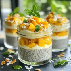 To make mango coconut chia pudding, you need: - 1 cup coconut milk (canned or carton) - 2 tablespoons chia seeds - 1 ripe mango, diced - 2 tablespoons honey or maple syrup (adjust for sweetness) - 1 teaspoon vanilla extract - A pinch of salt - Toasted coconut flakes (for topping) - Fresh mint leaves (for garnish) Select high-quality coconut milk for the best flavor. Canned coconut milk often has a richer taste. When choosing mangoes, pick ripe ones. A ripe mango should feel slightly soft when you press it gently. The sweetness of your honey or maple syrup can vary. Taste as you go to find the right balance. If you don't have coconut milk, almond milk works too. For chia seeds, flaxseeds can be a good option, but they will change the texture. Instead of mango, you can use other fruits like peaches or berries. If you want a sugar-free option, use a sugar substitute or skip the sweetener altogether. To make mango coconut chia pudding, start with a mixing bowl. Add 1 cup of coconut milk, 2 tablespoons of chia seeds, 2 tablespoons of honey or maple syrup, 1 teaspoon of vanilla extract, and a pinch of salt. Whisk the mixture until smooth. Let it sit for about 10 minutes. This step helps the chia seeds absorb some liquid. After 10 minutes, whisk again. This prevents clumping. Cover the bowl and place it in the fridge. Chill for at least 2 hours or overnight. This waiting time makes the pudding thick and creamy. When ready, stir it well. If you want a creamier texture, add a bit more coconut milk. Mixing is key for a good pudding. Make sure all the chia seeds get wet. If you see clumps after chilling, whisk again. For the best results, chill the pudding overnight. This gives the seeds more time to swell. You can also taste and adjust the sweetness after mixing. If it’s not sweet enough, add more honey or syrup. If you want to make it ahead of time, this pudding stores well in the fridge for up to five days. Presentation makes this pudding even more fun. Use clear glass jars or bowls to show off the layers. Start with a layer of chia pudding, then add some diced mango. Repeat until the glass is full. Finish with toasted coconut flakes on top. For a pop of color, add fresh mint leaves as a garnish. A drizzle of honey will make it even prettier. This way, your mango coconut chia pudding looks as good as it tastes! For the complete recipe, check out the Full Recipe. To get the best texture, use fresh chia seeds. Old seeds may not thicken well. When you mix the chia seeds with coconut milk, give it a good whisk. After 10 minutes, whisk again. This helps keep the seeds from clumping together. If you want a creamier pudding, add more coconut milk before serving. Sweetness is key for a great taste. Start with two tablespoons of honey or maple syrup. Taste your mix after it sits. You can always add more sweetener if you want. Adjusting to your liking makes the pudding perfect for you. Remember, ripe mango adds natural sweetness too! Want to boost flavor? Try adding a dash of cinnamon or nutmeg. You can also mix in some lime juice for a zesty kick. Fresh mint leaves not only look nice but taste great too. For an extra layer, top with toasted coconut flakes. These tricks make your pudding really shine. For the full recipe, check out the details above! {{image_2}} You can mix up the fruit in your Mango Coconut Chia Pudding. Try using berries, like strawberries or blueberries. They add a nice pop of color and flavor. You could also use peaches or bananas for a sweeter taste. Each fruit gives the pudding a new twist, keeping it fun. If you want a different base, use almond or oat milk instead of coconut milk. Both choices keep the dish dairy-free and tasty. Almond milk brings a nutty flavor, while oat milk adds creaminess. You can even try cashew milk for a rich texture. These options make the pudding light and fresh. Toppings can elevate your pudding game. Try adding fresh fruit on top, like sliced kiwi or passion fruit. Sprinkle some nuts, like almonds or walnuts, for crunch. You can even use seeds or granola for a delightful texture. Don't forget a drizzle of honey or a dollop of yogurt for an extra treat. These toppings make your Mango Coconut Chia Pudding look and taste amazing. For the complete recipe, check out the Full Recipe section! To keep your mango coconut chia pudding fresh, store it in an airtight container. Use glass jars or plastic containers with tight lids. This helps maintain the pudding's creamy texture. If you made a large batch, you can separate it into smaller portions. This way, you can grab a single serving any time you want. When stored properly in the fridge, your pudding lasts up to five days. After that, the texture may change, and it might not taste as good. Always check for any off smells or signs of spoilage before enjoying leftovers. Chia pudding is best served chilled. If it thickens too much, simply stir in a splash of coconut milk. There's no need to heat it. The cool, creamy texture tastes best on warm days. Enjoy it straight from the fridge or let it sit at room temperature for a few minutes before serving. For a delicious touch, add more diced mango or toasted coconut flakes before eating. Check out the Full Recipe for more tips! Chia pudding is a simple dish made using chia seeds. When mixed with liquid, the seeds absorb it and swell. This creates a thick, creamy texture. You can use different liquids, like coconut milk or almond milk. The pudding can be flavored with fruits, honey, or spices. It's a fun and healthy treat! Yes, you can make mango coconut chia pudding in advance. I often prepare it the night before. Just mix your ingredients and let them chill in the fridge. This gives the chia seeds time to expand and thicken the pudding. You can enjoy it for breakfast or as a snack later. Absolutely! Mango coconut chia pudding is packed with nutrients. Chia seeds are rich in fiber, omega-3 fatty acids, and protein. They help keep you full and satisfied. Mango adds vitamins A and C, which are great for your skin and immune system. With coconut milk, you get healthy fats too. Enjoy this tasty treat guilt-free! This blog post covered the key steps to make delicious mango coconut chia pudding. You learned about the best ingredients and their quality. I shared tips for mixing, chilling, and serving this treat. We also explored variations, solutions for storage, and answers to common questions. In closing, this pudding is simple yet satisfying. You can adjust flavors to match your taste. Enjoy the fun of making your own unique version! Happy cooking!