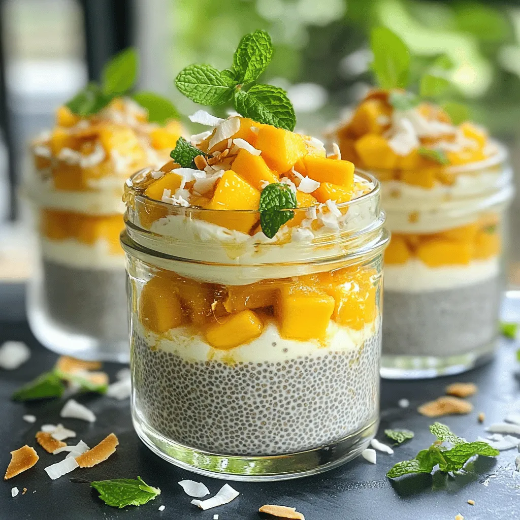 To make mango coconut chia pudding, you need: - 1 cup coconut milk (canned or carton) - 2 tablespoons chia seeds - 1 ripe mango, diced - 2 tablespoons honey or maple syrup (adjust for sweetness) - 1 teaspoon vanilla extract - A pinch of salt - Toasted coconut flakes (for topping) - Fresh mint leaves (for garnish) Select high-quality coconut milk for the best flavor. Canned coconut milk often has a richer taste. When choosing mangoes, pick ripe ones. A ripe mango should feel slightly soft when you press it gently. The sweetness of your honey or maple syrup can vary. Taste as you go to find the right balance. If you don't have coconut milk, almond milk works too. For chia seeds, flaxseeds can be a good option, but they will change the texture. Instead of mango, you can use other fruits like peaches or berries. If you want a sugar-free option, use a sugar substitute or skip the sweetener altogether. To make mango coconut chia pudding, start with a mixing bowl. Add 1 cup of coconut milk, 2 tablespoons of chia seeds, 2 tablespoons of honey or maple syrup, 1 teaspoon of vanilla extract, and a pinch of salt. Whisk the mixture until smooth. Let it sit for about 10 minutes. This step helps the chia seeds absorb some liquid. After 10 minutes, whisk again. This prevents clumping. Cover the bowl and place it in the fridge. Chill for at least 2 hours or overnight. This waiting time makes the pudding thick and creamy. When ready, stir it well. If you want a creamier texture, add a bit more coconut milk. Mixing is key for a good pudding. Make sure all the chia seeds get wet. If you see clumps after chilling, whisk again. For the best results, chill the pudding overnight. This gives the seeds more time to swell. You can also taste and adjust the sweetness after mixing. If it’s not sweet enough, add more honey or syrup. If you want to make it ahead of time, this pudding stores well in the fridge for up to five days. Presentation makes this pudding even more fun. Use clear glass jars or bowls to show off the layers. Start with a layer of chia pudding, then add some diced mango. Repeat until the glass is full. Finish with toasted coconut flakes on top. For a pop of color, add fresh mint leaves as a garnish. A drizzle of honey will make it even prettier. This way, your mango coconut chia pudding looks as good as it tastes! For the complete recipe, check out the Full Recipe. To get the best texture, use fresh chia seeds. Old seeds may not thicken well. When you mix the chia seeds with coconut milk, give it a good whisk. After 10 minutes, whisk again. This helps keep the seeds from clumping together. If you want a creamier pudding, add more coconut milk before serving. Sweetness is key for a great taste. Start with two tablespoons of honey or maple syrup. Taste your mix after it sits. You can always add more sweetener if you want. Adjusting to your liking makes the pudding perfect for you. Remember, ripe mango adds natural sweetness too! Want to boost flavor? Try adding a dash of cinnamon or nutmeg. You can also mix in some lime juice for a zesty kick. Fresh mint leaves not only look nice but taste great too. For an extra layer, top with toasted coconut flakes. These tricks make your pudding really shine. For the full recipe, check out the details above! {{image_2}} You can mix up the fruit in your Mango Coconut Chia Pudding. Try using berries, like strawberries or blueberries. They add a nice pop of color and flavor. You could also use peaches or bananas for a sweeter taste. Each fruit gives the pudding a new twist, keeping it fun. If you want a different base, use almond or oat milk instead of coconut milk. Both choices keep the dish dairy-free and tasty. Almond milk brings a nutty flavor, while oat milk adds creaminess. You can even try cashew milk for a rich texture. These options make the pudding light and fresh. Toppings can elevate your pudding game. Try adding fresh fruit on top, like sliced kiwi or passion fruit. Sprinkle some nuts, like almonds or walnuts, for crunch. You can even use seeds or granola for a delightful texture. Don't forget a drizzle of honey or a dollop of yogurt for an extra treat. These toppings make your Mango Coconut Chia Pudding look and taste amazing. For the complete recipe, check out the Full Recipe section! To keep your mango coconut chia pudding fresh, store it in an airtight container. Use glass jars or plastic containers with tight lids. This helps maintain the pudding's creamy texture. If you made a large batch, you can separate it into smaller portions. This way, you can grab a single serving any time you want. When stored properly in the fridge, your pudding lasts up to five days. After that, the texture may change, and it might not taste as good. Always check for any off smells or signs of spoilage before enjoying leftovers. Chia pudding is best served chilled. If it thickens too much, simply stir in a splash of coconut milk. There's no need to heat it. The cool, creamy texture tastes best on warm days. Enjoy it straight from the fridge or let it sit at room temperature for a few minutes before serving. For a delicious touch, add more diced mango or toasted coconut flakes before eating. Check out the Full Recipe for more tips! Chia pudding is a simple dish made using chia seeds. When mixed with liquid, the seeds absorb it and swell. This creates a thick, creamy texture. You can use different liquids, like coconut milk or almond milk. The pudding can be flavored with fruits, honey, or spices. It's a fun and healthy treat! Yes, you can make mango coconut chia pudding in advance. I often prepare it the night before. Just mix your ingredients and let them chill in the fridge. This gives the chia seeds time to expand and thicken the pudding. You can enjoy it for breakfast or as a snack later. Absolutely! Mango coconut chia pudding is packed with nutrients. Chia seeds are rich in fiber, omega-3 fatty acids, and protein. They help keep you full and satisfied. Mango adds vitamins A and C, which are great for your skin and immune system. With coconut milk, you get healthy fats too. Enjoy this tasty treat guilt-free! This blog post covered the key steps to make delicious mango coconut chia pudding. You learned about the best ingredients and their quality. I shared tips for mixing, chilling, and serving this treat. We also explored variations, solutions for storage, and answers to common questions. In closing, this pudding is simple yet satisfying. You can adjust flavors to match your taste. Enjoy the fun of making your own unique version! Happy cooking!