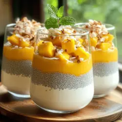 To make Mango Coconut Chia Pudding, you need a few simple ingredients. Here’s what you will need: - 1 cup coconut milk (canned or carton) - 1/4 cup chia seeds - 1 ripe mango, diced - 2 tablespoons maple syrup or honey (adjust based on sweetness preference) - 1 teaspoon vanilla extract - A pinch of salt These ingredients create a creamy and tasty pudding that you will love. You can add fun touches to your pudding. Here are some optional garnishes and sweeteners: - Toasted coconut flakes (for garnish) - Fresh mint leaves (for garnish) You can also adjust the sweetness with more maple syrup or honey if you like it sweeter. Chia seeds offer great health benefits. They are high in fiber, which helps digestion. They also contain protein and omega-3 fatty acids. Omega-3s are good for heart health. Coconut milk is creamy and rich. It has healthy fats that can boost energy. It also contains some vitamins and minerals like magnesium and potassium. Using these ingredients makes your Mango Coconut Chia Pudding not just delicious, but healthy too! For the complete recipe, check the Full Recipe above. First, gather your ingredients. You need coconut milk, chia seeds, maple syrup or honey, vanilla, and salt. In a medium bowl, add 1 cup of coconut milk. Then, add 1/4 cup of chia seeds. Pour in 2 tablespoons of maple syrup or honey for sweetness. Add 1 teaspoon of vanilla extract and a pinch of salt. Whisk all these together until the chia seeds spread out evenly. This step is key for a smooth pudding. After mixing, let the bowl sit for about 5 minutes. This allows the chia seeds to absorb some liquid. Stir the mixture again to stop clumping. Next, cover the bowl with plastic wrap or move it to jars. Place it in the fridge for at least 4 hours. Overnight is best for a good thickness. The chia seeds will swell and create a pudding-like texture. When you're ready to serve, stir the pudding well. If it's too thick, add a splash of coconut milk. For a fun presentation, layer the pudding in clear glasses. Start with diced mango at the bottom and then add the chia pudding on top. You can also swirl the mango into the pudding for a pretty look. Finish by sprinkling toasted coconut flakes on top. A few fresh mint leaves will add a nice touch. Serve and enjoy this simple, tasty treat! For a detailed recipe, check the Full Recipe. To get that nice, creamy texture in your chia pudding, follow these tips: - Use quality coconut milk. It makes a big difference in taste and texture. - Whisk the mixture well to spread the chia seeds evenly. This helps prevent clumps. - Let the mixture sit for five minutes, then whisk again. This step helps the seeds absorb the liquid. - Chill the pudding for at least four hours or overnight. This lets the seeds fully expand and thicken. Many people make simple mistakes when making chia pudding. Here are some to avoid: - Don't skip the whisking step. It keeps the seeds from clumping together. - Be careful with the liquid-to-seed ratio. Too many seeds can make it too thick. - Don't rush the chilling time. If you eat it too soon, it won’t have the right texture. You can easily change the sweetness and thickness of your pudding. Here’s how: - Taste the mixture before chilling. If it’s not sweet enough, add more maple syrup or honey. - If your pudding is too thick after chilling, stir in a bit of coconut milk until you reach your desired consistency. - For a different flavor, try adding a bit of vanilla extract or even some spices like cinnamon. For the full recipe, check out the instructions above. Enjoy making your delicious mango coconut chia pudding! {{image_2}} You can switch up the mango for other fruits. Try berries, like strawberries or blueberries. You can also use peaches or bananas for a sweet twist. Layering different fruits gives a nice color and flavor. Each fruit brings its own taste and nutrition. If you need a different base, use almond milk or oat milk. Both options work well and keep it creamy. They also add unique flavors. You can mix and match to find what you love best. Just make sure to keep the same amount as coconut milk. Want to change the flavor? You can add cocoa powder for chocolate chia pudding. Just mix in two tablespoons when you add the chia seeds. For vanilla flavor, use more vanilla extract—about two teaspoons. These options keep your chia pudding exciting and fun to eat. For the full recipe, check out the complete instructions and tips to make your Mango Coconut Chia Pudding shine. To keep your mango coconut chia pudding fresh, store it in airtight containers. This helps avoid any mess and keeps the flavors intact. You can use jars or plastic containers with tight-fitting lids. Always let the pudding cool before sealing it. You can enjoy this pudding for up to five days in the fridge. Just make sure to check for any changes in texture or smell before eating. If it starts to look or smell off, it’s best to toss it. Fresh is always better! Meal prepping this chia pudding is easy and fun. Make a big batch at the start of the week. Divide it into single servings in jars. This way, you have tasty snacks ready to grab. You can even layer different fruits for variety. Just keep the toppings separate until serving to maintain crunch. For the full recipe, check out the link! Yes, you can use other types of milk. Almond milk, oat milk, or soy milk work well. Just keep in mind that coconut milk gives a rich, creamy flavor. If you want a lighter taste, try almond or oat milk. Chia pudding can last up to 5 days in the fridge. It stays fresh as long as you keep it covered. If you see any changes in smell or texture, it's best to toss it out. The best toppings for chia pudding include fresh fruit, nuts, or seeds. I love using sliced bananas, berries, and a sprinkle of toasted coconut. You can also add a drizzle of honey or maple syrup for extra sweetness. Get creative and make it your own! For the full recipe, check out the details above. Mango coconut chia pudding is easy to make and tasty. We covered the key ingredients, from chia seeds to coconut milk. You learned the steps for prepping, chilling, and serving. Plus, our tips help you avoid mistakes and get the right texture. You can even try fun variations and store your leftovers with ease. In the end, this simple recipe is a great way to enjoy healthy snacks. Try it out and enjoy the burst of flavors and benefits!