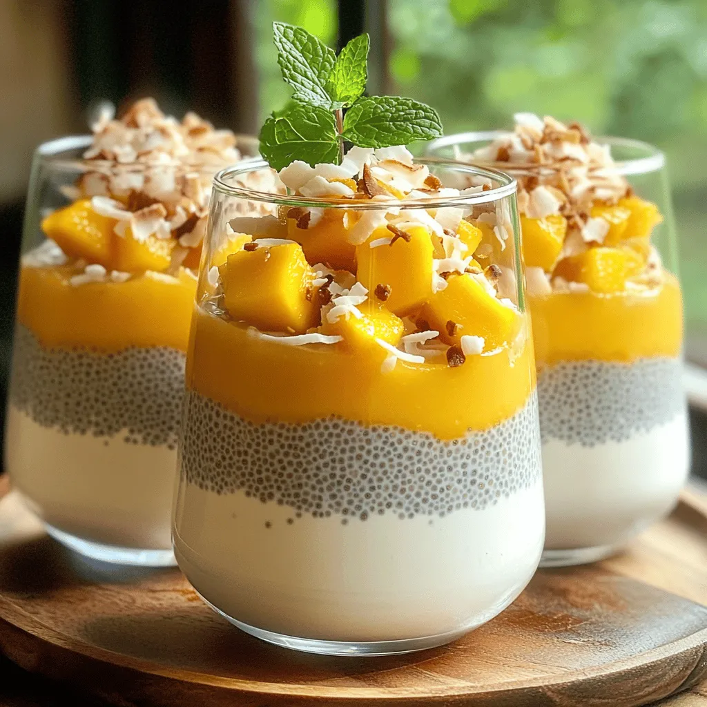 To make Mango Coconut Chia Pudding, you need a few simple ingredients. Here’s what you will need: - 1 cup coconut milk (canned or carton) - 1/4 cup chia seeds - 1 ripe mango, diced - 2 tablespoons maple syrup or honey (adjust based on sweetness preference) - 1 teaspoon vanilla extract - A pinch of salt These ingredients create a creamy and tasty pudding that you will love. You can add fun touches to your pudding. Here are some optional garnishes and sweeteners: - Toasted coconut flakes (for garnish) - Fresh mint leaves (for garnish) You can also adjust the sweetness with more maple syrup or honey if you like it sweeter. Chia seeds offer great health benefits. They are high in fiber, which helps digestion. They also contain protein and omega-3 fatty acids. Omega-3s are good for heart health. Coconut milk is creamy and rich. It has healthy fats that can boost energy. It also contains some vitamins and minerals like magnesium and potassium. Using these ingredients makes your Mango Coconut Chia Pudding not just delicious, but healthy too! For the complete recipe, check the Full Recipe above. First, gather your ingredients. You need coconut milk, chia seeds, maple syrup or honey, vanilla, and salt. In a medium bowl, add 1 cup of coconut milk. Then, add 1/4 cup of chia seeds. Pour in 2 tablespoons of maple syrup or honey for sweetness. Add 1 teaspoon of vanilla extract and a pinch of salt. Whisk all these together until the chia seeds spread out evenly. This step is key for a smooth pudding. After mixing, let the bowl sit for about 5 minutes. This allows the chia seeds to absorb some liquid. Stir the mixture again to stop clumping. Next, cover the bowl with plastic wrap or move it to jars. Place it in the fridge for at least 4 hours. Overnight is best for a good thickness. The chia seeds will swell and create a pudding-like texture. When you're ready to serve, stir the pudding well. If it's too thick, add a splash of coconut milk. For a fun presentation, layer the pudding in clear glasses. Start with diced mango at the bottom and then add the chia pudding on top. You can also swirl the mango into the pudding for a pretty look. Finish by sprinkling toasted coconut flakes on top. A few fresh mint leaves will add a nice touch. Serve and enjoy this simple, tasty treat! For a detailed recipe, check the Full Recipe. To get that nice, creamy texture in your chia pudding, follow these tips: - Use quality coconut milk. It makes a big difference in taste and texture. - Whisk the mixture well to spread the chia seeds evenly. This helps prevent clumps. - Let the mixture sit for five minutes, then whisk again. This step helps the seeds absorb the liquid. - Chill the pudding for at least four hours or overnight. This lets the seeds fully expand and thicken. Many people make simple mistakes when making chia pudding. Here are some to avoid: - Don't skip the whisking step. It keeps the seeds from clumping together. - Be careful with the liquid-to-seed ratio. Too many seeds can make it too thick. - Don't rush the chilling time. If you eat it too soon, it won’t have the right texture. You can easily change the sweetness and thickness of your pudding. Here’s how: - Taste the mixture before chilling. If it’s not sweet enough, add more maple syrup or honey. - If your pudding is too thick after chilling, stir in a bit of coconut milk until you reach your desired consistency. - For a different flavor, try adding a bit of vanilla extract or even some spices like cinnamon. For the full recipe, check out the instructions above. Enjoy making your delicious mango coconut chia pudding! {{image_2}} You can switch up the mango for other fruits. Try berries, like strawberries or blueberries. You can also use peaches or bananas for a sweet twist. Layering different fruits gives a nice color and flavor. Each fruit brings its own taste and nutrition. If you need a different base, use almond milk or oat milk. Both options work well and keep it creamy. They also add unique flavors. You can mix and match to find what you love best. Just make sure to keep the same amount as coconut milk. Want to change the flavor? You can add cocoa powder for chocolate chia pudding. Just mix in two tablespoons when you add the chia seeds. For vanilla flavor, use more vanilla extract—about two teaspoons. These options keep your chia pudding exciting and fun to eat. For the full recipe, check out the complete instructions and tips to make your Mango Coconut Chia Pudding shine. To keep your mango coconut chia pudding fresh, store it in airtight containers. This helps avoid any mess and keeps the flavors intact. You can use jars or plastic containers with tight-fitting lids. Always let the pudding cool before sealing it. You can enjoy this pudding for up to five days in the fridge. Just make sure to check for any changes in texture or smell before eating. If it starts to look or smell off, it’s best to toss it. Fresh is always better! Meal prepping this chia pudding is easy and fun. Make a big batch at the start of the week. Divide it into single servings in jars. This way, you have tasty snacks ready to grab. You can even layer different fruits for variety. Just keep the toppings separate until serving to maintain crunch. For the full recipe, check out the link! Yes, you can use other types of milk. Almond milk, oat milk, or soy milk work well. Just keep in mind that coconut milk gives a rich, creamy flavor. If you want a lighter taste, try almond or oat milk. Chia pudding can last up to 5 days in the fridge. It stays fresh as long as you keep it covered. If you see any changes in smell or texture, it's best to toss it out. The best toppings for chia pudding include fresh fruit, nuts, or seeds. I love using sliced bananas, berries, and a sprinkle of toasted coconut. You can also add a drizzle of honey or maple syrup for extra sweetness. Get creative and make it your own! For the full recipe, check out the details above. Mango coconut chia pudding is easy to make and tasty. We covered the key ingredients, from chia seeds to coconut milk. You learned the steps for prepping, chilling, and serving. Plus, our tips help you avoid mistakes and get the right texture. You can even try fun variations and store your leftovers with ease. In the end, this simple recipe is a great way to enjoy healthy snacks. Try it out and enjoy the burst of flavors and benefits!