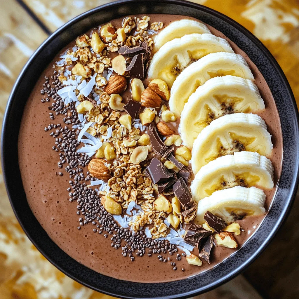 For a great chocolate peanut butter smoothie bowl, gather these key items: - 2 ripe bananas, frozen - 1 cup unsweetened almond milk (or any milk of choice) - 2 tablespoons unsweetened cocoa powder - 3 tablespoons peanut butter (smooth or crunchy) - 1 tablespoon honey or maple syrup (optional, for sweetness) - 1/4 teaspoon vanilla extract These ingredients are simple and easy to find. The frozen bananas give the bowl a creamy texture. Cocoa powder adds rich flavor. Peanut butter brings in a wonderful nutty taste. You can make your smoothie bowl even better by adding toppings. Here are some tasty options: - Sliced bananas - Granola - Chopped nuts - Chocolate shavings - Shredded coconut Toppings add color and crunch. They also make the bowl more fun to eat. You can mix and match as you like. If you have dietary needs, don't worry. You can easily swap ingredients. For example: - Use oat milk or soy milk instead of almond milk. - Try sunbutter if you have a peanut allergy. - Replace honey with agave syrup for a vegan option. These changes keep the dish delicious while meeting your needs. Feel free to experiment with your own ideas. For more details, check the Full Recipe. To make the base smoothie, start by gathering your ingredients. You will need: - 2 ripe bananas, frozen - 1 cup unsweetened almond milk - 2 tablespoons unsweetened cocoa powder - 3 tablespoons peanut butter - 1 tablespoon honey or maple syrup (optional) - 1/4 teaspoon vanilla extract Next, put all the ingredients into a blender. Blend on high until the mix is smooth. If it gets stuck, stop and scrape down the sides. This helps mix everything well. Once it is creamy, pour it into a bowl. To get the smoothest blend, use frozen bananas. They make the smoothie thick and cold. If you want it creamier, add more almond milk. Just remember, too much milk can make it runny. Always blend on high speed. This helps break up the ingredients quickly. Also, if your blender has a pulse feature, use it to help mix. Now, for the fun part—toppings! You can be creative here. I like to add: - Sliced bananas - Granola - Chopped nuts - Chocolate shavings - Shredded coconut Arrange the toppings on your smoothie. This makes it look nice and tasty. Serve it right away with a spoon. Enjoy the rich flavors of chocolate and peanut butter! For the full recipe, check out the details above. To get that ultra-smooth texture in your smoothie bowl, use frozen bananas. They add creaminess without extra ice. Blend on high speed and stop to scrape the sides. If it’s too thick, add a bit more almond milk. A thick smoothie holds toppings well, but it should not be too runny! Choose natural peanut butter for the best taste. Look for brands with just peanuts and salt. Avoid added sugars and oils. Crunchy peanut butter adds texture, while smooth gives a silky feel. Both work well, so pick what you love best! If you have extra smoothie, store it in an airtight container. Keep it in the fridge for up to two days. Stir well before eating again. If you want to save it longer, freeze it in ice cube trays. Just blend the cubes again for a quick treat later! For the full recipe, check out the details above. {{image_2}} You can mix up the chocolate peanut butter smoothie bowl with fun flavors. Try adding a scoop of vanilla protein powder for a sweet touch. You can also add a dash of cinnamon for warmth. If you want a fruity twist, blend in some strawberries or raspberries. These fruits pair well with chocolate and peanut butter. You can boost the nutrition of your smoothie bowl easily. Adding protein powder makes it a great post-workout treat. For a green twist, toss in a handful of spinach. The spinach blends well and adds vitamins without changing the taste. You can also use chia seeds or hemp seeds for extra fiber and omega-3s. Making a vegan smoothie bowl is simple. Just swap regular milk for almond milk or oat milk. Use maple syrup instead of honey for sweetness. Check your peanut butter to ensure it has no added dairy. These swaps keep the flavors rich while making it plant-based. You can enjoy this delicious treat without any animal products. For the full recipe, check the earlier section. Store any leftover smoothie bowl in the fridge. Use an airtight container. It will stay fresh for up to two days. If you have toppings, store them separately to keep them crunchy. Before enjoying, stir the smoothie bowl to mix it well. You can freeze ingredients for your smoothie bowl. Bananas freeze well when peeled and sliced. Place them in a single layer on a baking sheet. After they freeze solid, transfer them to a bag. You can store them for up to three months. For almond milk, freeze it in ice cube trays. Use the cubes in future smoothies. To keep your smoothie bowl fresh, use ripe fruits. Avoid overripe bananas, as they may change the taste. Store your smoothie bowl in a cool place, away from heat. This helps maintain texture and flavor. When ready to eat, add fresh toppings for extra crunch. Yes, you can use fresh bananas. However, your smoothie bowl will not be as thick. Frozen bananas give a creamy texture. If you use fresh, add ice to get the right chill. This will make it closer to the texture you want. Yes, this recipe is great for meal prep. You can make the smoothie base ahead of time. Just blend all the ingredients and store them in the fridge. When you’re ready to eat, pour it in a bowl and add your toppings. This makes breakfast quick and easy. If you don't have almond milk, use any milk you like. Oat milk, soy milk, or even regular dairy milk works well. Each type of milk brings a unique taste. Choose one that fits your diet or flavor preference. It won’t change the recipe much. For the full recipe, check out the detailed steps above. To sum up, we explored how to make a great smoothie bowl. We covered essential ingredients, optional toppings, and swaps for dietary needs. You learned tips to blend smooth and serve nicely. We also discussed how to store extras and try tasty variations. Smoothie bowls are fun and simple. You can mix flavors and boost nutrition as you like. Enjoy making your own unique bowl!