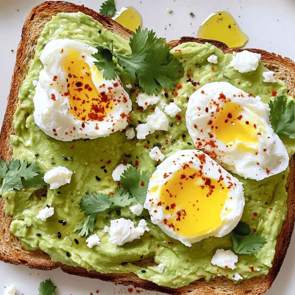 - 2 ripe avocados - 4 slices of whole-grain bread - 4 large eggs - 1 tablespoon lemon juice - 1 teaspoon red pepper flakes - Salt and pepper to taste - Fresh cilantro or parsley for garnish - Olive oil for drizzling - Feta cheese for crumbling In this recipe, I use ripe avocados for their creamy texture. Whole-grain bread brings fiber and taste. Large eggs are perfect for poaching, adding protein and richness to the dish. Fresh lemon juice brightens the avocado, keeping it fresh and zesty. For seasoning, red pepper flakes give a nice kick, while salt and pepper enhance all the flavors. Fresh herbs like cilantro or parsley add a pop of color and freshness. A drizzle of olive oil ties everything together, making it rich and satisfying. If you want to elevate your toast, crumbled feta cheese adds a salty bite. This ingredient gives your dish more flavor and texture. You can find the full recipe at the end of the article. - First, toast the whole-grain bread until golden and crisp. This adds a nice crunch. - While the bread toasts, cut the ripe avocados in half. Remove the pit and scoop the flesh into a bowl. Mash the avocados with a fork. Mix in the lemon juice, salt, and pepper. Add half of the red pepper flakes for some heat. - In a separate pot, bring water to a gentle simmer. Use a spoon to stir the water, creating a vortex. Crack an egg into the center of the vortex. Poach the egg for about 3-4 minutes. The white should be set, and the yolk should stay runny. Carefully remove the egg and drain it on paper towels. Repeat this for the other eggs. - Once your bread is toasted, spread the avocado mixture generously on each slice. - Carefully place a poached egg on top of each avocado-covered toast. - Finish by sprinkling the remaining red pepper flakes, a pinch of salt, and a drizzle of olive oil. - If you like, crumble feta cheese on top for more flavor. - Add a sprinkle of fresh cilantro or parsley for a touch of color and taste. This dish brings joy to any meal. You can find the Full Recipe for more details. To poach eggs like a pro, use fresh eggs. They hold their shape better. Bring water to a gentle simmer. A strong boil can break the egg apart. Create a vortex in the water using a spoon. This helps the egg white wrap around the yolk. Cook the egg for 3-4 minutes. This time keeps the yolk runny. If you want to check, gently lift the egg with a slotted spoon. The white should be set, and the yolk should jiggle. Choosing ripe avocados is key. Look for ones that yield slightly when you press them. If they feel hard, they need more time. If they feel mushy, they may be overripe. To prevent browning, add lemon juice to your mashed avocado. The acid slows down oxidation. You can also store cut avocados in an airtight container. Add a layer of water on top before sealing. This helps keep them fresh longer. For extra flavor, try adding toppings. Sliced tomatoes, radishes, or crumbled feta work great. You can also sprinkle some herbs for freshness. Pair your avocado toast with a drink. A light herbal tea or fresh juice complements the meal well. If you love coffee, a smooth latte can be a perfect match. These options enhance your toast experience. Try different combos to find your favorite! {{image_2}} You can use many types of bread for avocado toast. Sourdough bread has a tangy flavor and great texture. It pairs well with creamy avocado. Whole-grain bread is hearty and full of fiber. It also adds a nutty taste. If you need gluten-free options, look for gluten-free bread. Many brands now offer great choices that taste amazing. Toppings can change your avocado toast game. Adding fresh tomato slices can give a juicy burst. Radishes add a nice crunch and a bit of spice. You can also try a drizzle of hot sauce for heat. Avocado oil adds a rich flavor and extra healthy fats. These toppings bring new life to your toast. Want to take your toast to the next level? Add protein for a filling meal. Smoked salmon pairs well with avocado's creaminess. You can also add spices, like paprika or garlic powder, for an extra kick. These small changes can make your dish exciting and tasty. For the full recipe, check out the [Full Recipe]. To keep your avocado toast fresh, store it in an airtight container. Place the toast in the fridge. It’s best to eat it within one day. Avocado can brown quickly, so cover it tightly. For the best taste, eat the toast cold or at room temperature. Can you freeze mashed avocado? Yes, you can! Freezing keeps it fresh for longer. Scoop the mashed avocado into a freezer-safe bag. Remove as much air as possible before sealing. You can freeze it for up to three months. To thaw, place it in the fridge overnight. You can also use the microwave for quick thawing. How can you revive toast and avocados? For toast, pop it back in the toaster. This helps regain its crunch. If the avocado is cold, let it sit at room temperature for a few minutes. You can also spread it onto warm toast. This keeps the flavor bright and fresh. To poach an egg perfectly, you should aim for 3-4 minutes. This time lets the white set while keeping the yolk runny. Start by bringing water to a gentle simmer. Creating a vortex helps the egg white wrap around the yolk. It’s a simple trick that makes a big difference. Yes, you can prep parts of this recipe ahead. You can mash the avocados and store them in the fridge. To keep them fresh, add lemon juice to slow browning. Toast the bread just before serving. Poaching the eggs fresh is best for texture. Avocados are packed with nutrients. They are high in healthy fats, especially monounsaturated fats. These fats help lower bad cholesterol. Avocados also provide fiber, potassium, and vitamins C, E, and K. Including them in your diet can support heart health and digestion. To prevent browning, use lemon juice or vinegar. These acids slow down oxidation. You can also cover the avocado tightly with plastic wrap. Keeping it air-tight helps a lot. Storing in an airtight container is another good method. In this blog post, we explored how to make delicious avocado toast with poached eggs. You learned about key ingredients, step-by-step instructions, and helpful tips. I also shared variations for creative toppings and easy storage ideas. Avocado toast is not only tasty but also packed with nutrients. Experiment with different breads and toppings to find your favorite. Enjoy your culinary adventure and savor every bite of this simple yet satisfying dish.