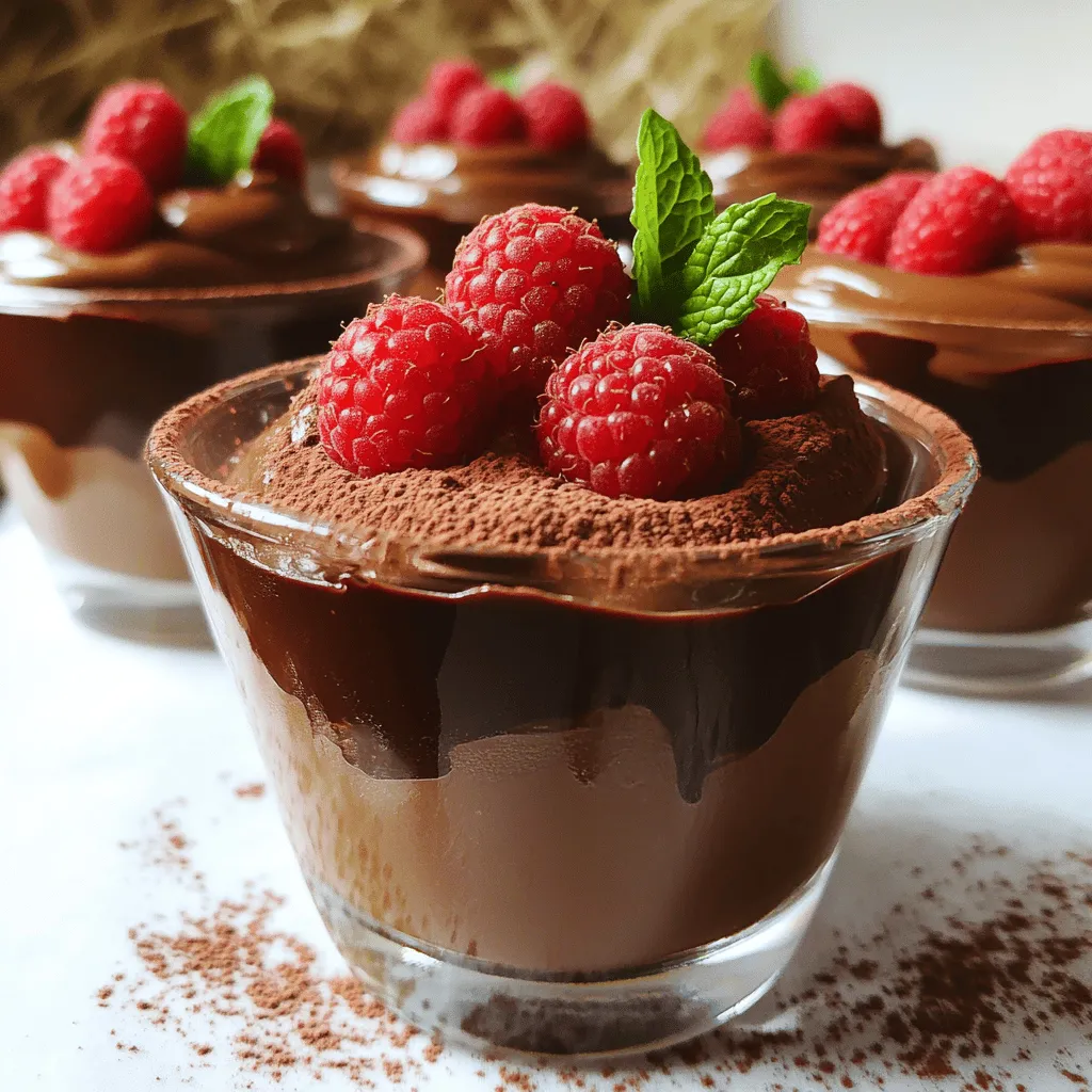 - 1 cup dark chocolate chips (60-70% cocoa) - 2 tablespoons unsalted butter - 3 large eggs, separated - 1/4 cup granulated sugar - 1 teaspoon vanilla extract - 1 pinch of salt - 1 cup heavy whipping cream - Fresh berries for garnish (raspberries or strawberries) - Mint leaves for garnish (optional) To make chocolate mousse cups, gather these simple ingredients. The dark chocolate chips give the mousse its rich flavor. Unsalted butter helps create a smooth texture. Using fresh eggs adds fluffiness and body to the mousse. Granulated sugar balances the chocolate's bitterness. Vanilla extract adds a warm flavor. A pinch of salt enhances the sweetness. Heavy whipping cream is key for that light and airy finish. For garnish, fresh berries add a pop of color and taste. Mint leaves can enhance the look and flavor. You can find the full recipe to guide you through the steps of making this delightful dessert. To begin, you need to melt the chocolate. I always use a double boiler for this step. This method helps prevent burning and gives you smooth chocolate. Just fill a pot with water and let it simmer. Place a heatproof bowl on top, then add the chocolate chips and butter. Stir until everything melts and blends well. Once melted, remove the bowl from the heat. It's very important to let the chocolate cool slightly before mixing. If it’s too hot, it can cook the eggs later, and we don’t want that! Next, it's time to whip the egg yolks and whites. In a separate bowl, whisk the egg yolks with the sugar until they look pale and fluffy. This takes about 2 to 3 minutes. Stir in the vanilla extract, and you are all set! Now, let’s focus on the egg whites. Use a clean bowl for this part. Add a pinch of salt and whip until you see stiff peaks. This means the whites should stand tall and not droop. Be careful not to over-whip them, or they can become dry. Now comes the fun part: combining everything! First, fold one-third of the whipped egg whites into the chocolate mixture. This helps lighten the chocolate. Then, gently fold in the rest of the egg whites. Be careful to keep the air in the mixture. This air is what will make the mousse light and fluffy. Finally, we add the whipped cream. This is the secret to a light texture. Fold the whipped cream into the chocolate mixture until no white streaks remain. You want to keep it airy and smooth. Once you finish this step, your mousse is ready to chill! You can find the full recipe in the earlier section. - Overheating chocolate: Always melt chocolate slowly. If it gets too hot, it can seize. Use a double boiler to control the heat better. Stir gently and remove it from heat as soon as it’s smooth. - Over-whipping egg whites: When whipping egg whites, stop when you see stiff peaks. If you whip too long, they can become dry and grainy. Be gentle when folding them into the chocolate mixture. - Portion sizes and serving containers: Use small cups or ramekins to serve the mousse. Fill them about three-quarters full. This size is perfect for rich desserts. It helps control portions, so no one feels too full. - Ideal garnishing techniques with berries and mint: Fresh berries add color and flavor. Place a few raspberries or strawberries on top. A sprig of mint makes it look fancy. You can also dust the top with cocoa powder for extra flair. - Best practices for chilling time and preparation in advance: Make the mousse a day ahead. It needs at least two hours to chill. This time allows the flavors to meld and the texture to set. Just cover the cups with plastic wrap and keep in the fridge. {{image_2}} You can take your chocolate mousse cups to the next level with simple flavor boosts. Adding a splash of liqueur like coffee or orange gives a rich twist. Just a tablespoon or two can elevate the taste. You can also infuse the mousse with espresso or flavored extracts. A hint of almond or peppermint can make it exciting. If you want a vegan option, you can make chocolate mousse without eggs. Use silken tofu or aquafaba as the base. Silken tofu gives a creamy texture, while aquafaba adds lightness. For dairy-free substitutes, choose coconut cream instead of heavy whipping cream. This adds a nice coconut flavor along with the chocolate. Get creative with how you serve your mousse. You can layer it with different flavors like fruit puree or whipped coconut. This adds color and taste. Using unique cup styles can impress guests. Try small jars, chocolate cups, or even edible cones. Pairing mousse with sides like crunchy cookies or fresh fruit adds fun textures. For the full recipe, check out the previous section. To keep your chocolate mousse fresh, store it in the fridge. The best temperature is between 32°F and 40°F. Use airtight containers or cover each cup with plastic wrap. This prevents any odors from other foods affecting your mousse. You can keep chocolate mousse in the fridge for up to 3 days. After that, it may start to lose its taste and texture. Look for any signs of spoilage. If you see liquid on top or a sour smell, it is best to toss it. Yes, you can freeze chocolate mousse! However, it may change in texture. To freeze, place mousse in a freezer-safe container. Leave space at the top for expansion. When you want to enjoy it, defrost in the fridge overnight. Avoid using the microwave, as it can ruin the mousse’s smoothness. Chocolate mousse needs about two hours to set in the fridge. This time helps the mousse firm up, making it easy to scoop. If you want it firmer, you can chill it longer. Just cover it well to keep it fresh. Yes, you can use milk chocolate! It will give the mousse a sweeter taste and a creamier texture. Just remember to adjust the sugar. Milk chocolate is less bitter than dark chocolate, so you may want less sugar. You can use silken tofu or aquafaba as egg substitutes. Silken tofu blends well when pureed, giving a smooth texture. Aquafaba is the liquid from canned chickpeas. Whip it until fluffy, just like egg whites. Both options keep the mousse light. To make your mousse cups richer, try adding a splash of espresso or liqueur. This will enhance the chocolate flavor. You can also layer your mousse with whipped cream or sprinkle on chocolate shavings for extra indulgence. Yes, there are no-bake options! Use instant pudding mix and whipped cream for a quick and easy mousse. You can also skip the eggs and use whipped cream and melted chocolate. This keeps the process simple and still delicious. Check the Full Recipe for more ideas! This blog post covered ingredients and steps to make delicious chocolate mousse. You learned how to melt chocolate, whip egg whites, and fold in cream for a light texture. I shared tips to avoid common mistakes and ways to serve your mousse. Remember, you can experiment with flavors and dietary options. Proper storage is key to keeping your mousse fresh. Enjoy making this dessert; it’s a treat for any occasion!