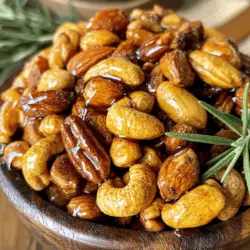 For this recipe, I like to use a mix of nuts. The blend includes: - 2 cups mixed nuts (almonds, cashews, pecans, and walnuts) This mix gives a nice crunch and flavor. You can pick your favorites too. The sweet and spicy taste comes from a few key ingredients. Here’s what you need: - 2 tablespoons olive oil - 3 tablespoons maple syrup - 1 tablespoon brown sugar - 1 teaspoon cinnamon - 1/2 teaspoon cayenne pepper (adjust to taste) - 1/2 teaspoon sea salt - 1/2 teaspoon vanilla extract These ingredients blend well together. The olive oil helps coat the nuts. Maple syrup and brown sugar add sweetness. Cinnamon gives warmth, and cayenne adds a nice kick. For a fresh touch, you can add a garnish. Consider using: - 1/4 cup chopped rosemary (optional, for garnish) Rosemary adds a nice herbal note. It makes the snack look great too. Using these ingredients will help you create a tasty batch of sweet and spicy roasted nuts. For the full details, check the Full Recipe. Start by preheating your oven to 350°F (175°C). This step is key for even roasting. While the oven heats, grab a baking sheet. Line it with parchment paper. This helps prevent sticking and makes cleanup easier. In a large bowl, add 2 cups of mixed nuts. You can use almonds, cashews, pecans, or walnuts. Now, let’s make the sweet and spicy mix. In a smaller bowl, whisk together 2 tablespoons of olive oil, 3 tablespoons of maple syrup, and 1 tablespoon of brown sugar. Add 1 teaspoon of cinnamon, 1/2 teaspoon of cayenne pepper, and 1/2 teaspoon of sea salt. Finally, stir in 1/2 teaspoon of vanilla extract. Pour this mix over the nuts. Use a spatula to coat the nuts well. Spread the coated nuts on the lined baking sheet. Make sure they are in a single layer. This helps them roast evenly. Place the sheet in the oven and roast for 15 to 20 minutes. Stir the nuts halfway through. You want them golden brown and fragrant. When done, remove the nuts from the oven. Let them cool completely on the baking sheet. For a nice touch, you can garnish with 1/4 cup of chopped rosemary. Enjoy your sweet and spicy roasted nuts as a snack or for your next gathering! To get the best flavor, mix sweet and spicy well. The maple syrup and brown sugar bring sweetness. The cayenne adds heat. Adjust the cayenne to fit your taste. If you like it mild, use less. If you want it spicy, add more. A pinch of sea salt helps enhance all the flavors. Roast your nuts at 350°F (175°C) for even cooking. Stir the nuts halfway through roasting. This helps them cook on all sides. Keep an eye on them to avoid burning. You want them golden brown and fragrant. Remove them from the oven when they reach that perfect color. Store your sweet and spicy roasted nuts in an airtight container. This keeps them fresh and crunchy. Place them in a cool, dry spot. They can last up to two weeks if stored right. Check for any signs of spoilage, like a strange smell or taste. Enjoy your snack at its best with these easy tips. For the full recipe, refer to the detailed instructions earlier. {{image_2}} You can mix and match nuts in this recipe. Feel free to use: - Pecans - Brazil nuts - Hazelnuts - Macadamia nuts Each nut brings its own taste and crunch. Experiment to find your favorite mix. If you want a nut-free version, try seeds like pumpkin or sunflower seeds. You can swap sweeteners easily. Try honey or agave syrup for a different flavor. Each will change the taste a bit, but they all work well. If you want less heat, cut back on cayenne pepper. For more spice, add a pinch of chili powder or smoked paprika. Adjust the heat to fit your taste. Adding more flavor can make your nuts unique. Try these ideas: - A splash of orange or lemon juice for brightness - A sprinkle of garlic powder for savory notes - A dash of sea salt for extra crunch These tweaks can make your sweet and spicy roasted nuts even more exciting. Use the full recipe as a guide, and let your creativity shine! To keep your sweet and spicy roasted nuts fresh, store them in an airtight container. Glass jars or resealable bags work well. Make sure the container is cool and dry. Avoid leaving nuts in warm places, as heat can make them spoil faster. If you want to keep them extra fresh, consider placing them in the fridge. When stored properly, sweet and spicy roasted nuts can last up to two weeks at room temperature. If you refrigerate them, they can stay fresh for up to a month. If you freeze them, they may last for about three months. Just remember to let them thaw at room temperature before enjoying. Watch for changes in smell and taste. If the nuts smell rancid or off, they may be spoiled. Also, check for any signs of mold or unusual texture. If they taste bitter or stale, it's best to toss them. Keeping an eye on these signs ensures you enjoy your snack at its best. For the full recipe, check out the previous section. To make sweet and spicy roasted nuts, start with mixed nuts. I use almonds, cashews, pecans, and walnuts. In a bowl, mix olive oil, maple syrup, brown sugar, cinnamon, cayenne pepper, sea salt, and vanilla extract. Stir this mixture well. Then, pour it over the nuts and coat them evenly. Spread the nuts on a lined baking sheet. Roast them in your oven at 350°F for about 15-20 minutes. Stir halfway through for even cooking. Once golden brown and fragrant, let them cool. This recipe is a perfect blend of sweet and spicy flavors. You can find the full recipe above. Yes, you can use different kinds of nuts! Feel free to mix and match. Pecans, almonds, and walnuts work well. You can also use peanuts and hazelnuts. Just make sure to keep the total amount around two cups. Each nut provides a unique taste and texture. It adds fun to your snack! Serve sweet and spicy roasted nuts in a rustic bowl or small mason jars. This makes a beautiful display. You can also place them on a platter with dried fruits. This adds color and appeal to your snack table. They are perfect for parties, movie nights, or as a quick snack. Enjoy sharing them with friends and family! You learned how to make sweet and spicy roasted nuts. We covered the best nuts to use, a delicious flavor mix, and how to roast them perfectly. Remember to store your nuts properly to keep them fresh. Try the variations we discussed to find your favorite. With these tips, you can enjoy great snacks or impress your guests. Happy roasting and enjoy your tasty treats!