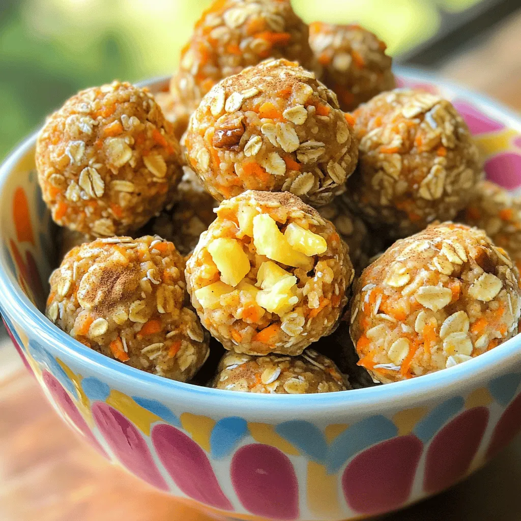 When making Carrot Cake Energy Bites, you need simple and fresh ingredients. Here’s what you will need: - 1 cup rolled oats - 1 cup grated carrots (about 2 medium carrots) - 1/2 cup almond butter (or peanut butter) - 1/4 cup honey or maple syrup - 1/4 cup crushed pineapple, drained - 1/2 teaspoon cinnamon - 1/4 teaspoon nutmeg - 1/4 teaspoon ginger powder - 1/2 cup chopped walnuts (optional) - 1/4 cup raisins or golden raisins (optional) These ingredients blend together to create a tasty and nutritious snack. The rolled oats give fiber and energy. Grated carrots add sweetness and moisture. Almond or peanut butter adds creaminess and protein. Honey or maple syrup provides natural sweetness. Crushed pineapple gives a tropical twist. The spices like cinnamon, nutmeg, and ginger create that classic carrot cake flavor. You can change this recipe by adding nuts or raisins if you like. These bites are not only easy to make but also fun to eat. For the full recipe, check the section above. To make carrot cake energy bites, start by getting all your ingredients ready. Gather a large mixing bowl and a spatula. This recipe is simple and quick. You will need about 15 minutes to prep. Once you combine everything, you will chill the bites for 30 minutes. This helps them firm up nicely. In your large mixing bowl, add the rolled oats and grated carrots. Then, pour in the almond butter and honey or maple syrup. Stir these ingredients until they blend well. Next, add the crushed pineapple, cinnamon, nutmeg, and ginger powder. Make sure to mix thoroughly. If you want some crunch, fold in chopped walnuts and raisins at this point. This step adds great texture and flavor. Now it’s time to form the energy bites. Use your hands to scoop the mixture and roll it into small balls. Each ball should be about 1 inch wide. If the mixture sticks to your hands, wet them slightly. This makes it easier to shape. Once all the bites are formed, place them on a parchment-lined baking sheet. Next, refrigerate them for at least 30 minutes. This helps the bites hold their shape. After chilling, transfer them to an airtight container. They can stay fresh in the fridge for up to a week. Check out the Full Recipe for more details! To get the best texture in your energy bites, you might need to adjust the moisture. If your mixture feels too dry, add more nut butter. Almond butter works great, but peanut butter adds a nice twist. Start with a tablespoon at a time until you find the right balance. This keeps your bites soft yet firm. Storing your energy bites properly helps them stay fresh. Use an airtight container to keep out air. Glass containers work well, but plastic ones are great too. You can also use wax paper to separate layers. This way, they won’t stick together. Keep them in the fridge for up to a week to enjoy that fresh flavor. Serving your energy bites can be fun! You can arrange them in a colorful bowl for a bright look. Sprinkle extra chopped walnuts on top for crunch and color. For a cute on-the-go option, wrap them in small squares of parchment paper. This makes them easy to grab and enjoy anytime. Check out the Full Recipe for more serving ideas! {{image_2}} You can easily add chocolate chips to your energy bites. This gives a sweet and rich flavor. Use dark or semi-sweet chips for a tasty twist. You can mix in about 1/4 cup of chocolate chips. They blend well with the other ingredients. The chocolate adds a fun surprise in every bite. If you want to cut down on sugar, you can substitute sweeteners. Instead of honey or maple syrup, try using agave syrup. This option has a lower glycemic index. You can also use stevia or monk fruit sweetener. These provide sweetness without the extra calories. Adjust the amount based on your taste. Feel free to swap out nuts or seeds in this recipe. If you have allergies, try sunflower seeds or pumpkin seeds. These options add crunch and nutrients. For nuts, almonds or pecans work well too. Each will give a different flavor and texture. You can mix and match to find your favorite combination. These easy variations make the carrot cake energy bites fun and personal. You can create a snack that fits your taste and needs. For the complete recipe, check out the Full Recipe section. You should refrigerate your energy bites to keep them fresh. After making them, place the bites in an airtight container. This helps them stay moist and tasty. They can last in the fridge for up to a week. If you want a quick snack, just grab one and enjoy! For long-term storage, freezing is a great option. Once your energy bites are made, arrange them on a baking sheet. Make sure they are not touching each other. Freeze them for about an hour. Then transfer the bites to a freezer-safe bag or container. This way, you can enjoy your snacks later without losing flavor. To get the best flavor, eat your energy bites within a week if stored in the fridge. If frozen, they can last for about three months. Just thaw them in the fridge overnight before eating. This keeps them tasting fresh and delicious. For the full recipe, check back to ensure you enjoy these tasty bites! To make these energy bites vegan, swap honey for maple syrup. Use almond butter or peanut butter, as both are plant-based. Ensure the oats and any added ingredients, like chocolate or raisins, are vegan-friendly. This simple change keeps the taste delicious while meeting vegan needs. Yes, you can use quick oats instead of rolled oats. Quick oats will blend well and create a similar texture. The energy bites may be slightly softer, but they will still taste great. Just remember, quick oats absorb moisture faster, so you may need to adjust other ingredients slightly. Overview of calories and macronutrients Each energy bite has around 100 calories. They provide about 4 grams of protein and 8 grams of carbs. The fat content is about 5 grams, mostly from the nut butter. These bites are a good mix of nutrients for a snack. Best health benefits of ingredients - Carrots: High in vitamins and fiber. They help with vision and digestion. - Oats: Provide energy and support heart health. They are also high in fiber. - Nut butter: Offers healthy fats and protein, keeping you full longer. - Pineapple: Adds sweetness and vitamin C, boosting your immune system. - Spices: Cinnamon, nutmeg, and ginger bring flavor and may reduce inflammation. These ingredients work together to create a tasty, nutritious snack that fuels your day! In this blog post, we covered the recipe for delicious Carrot Cake Energy Bites. You learned the key ingredients, step-by-step preparation, and tips for perfect texture. We also explored fun variations and storage methods, ensuring freshness. These energy bites are simple, healthy, and tasty. They make a great snack for any time. With some creativity, you can customize the flavors to suit your taste. Enjoy making these bites and sharing them with others!