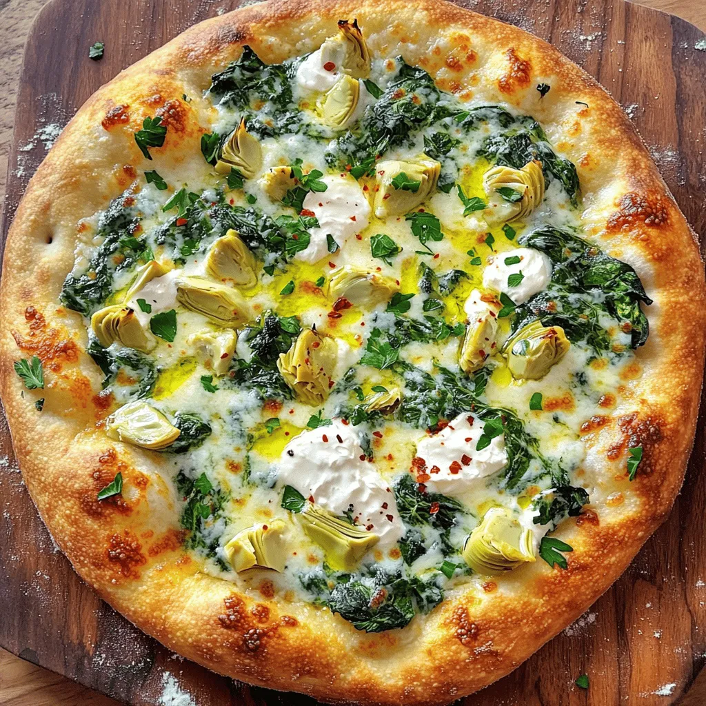 - 1 pre-made pizza dough - 1 cup fresh spinach, chopped - 1 cup canned artichoke hearts, drained and chopped - 1 cup mozzarella cheese, shredded - 1/2 cup cream cheese, softened - 1/4 cup grated Parmesan cheese - 2 cloves garlic, minced - 1 teaspoon Italian seasoning - Salt and pepper to taste - Olive oil for brushing - Red pepper flakes (optional, for garnish) To make Cheesy Spinach and Artichoke Pizza, gather these simple ingredients. I love using fresh spinach for a vibrant taste. The artichoke hearts add a unique texture and flavor. The cheeses create a rich, creamy base. When preparing, make sure to drain the artichokes well. This keeps the pizza from getting soggy. Mince the garlic finely for the best flavor. You can adjust the salt and pepper to your taste. Don’t skip the olive oil! It gives the crust a nice golden finish. If you like heat, add red pepper flakes on top before serving. This pizza is not just tasty; it’s fun to make. You will enjoy every step, from mixing to baking. For complete cooking details, check the Full Recipe. - Preheat your oven to 475°F (245°C). If you have a pizza stone, place it in the oven to heat. - In a mixing bowl, combine the cream cheese, mozzarella cheese, Parmesan cheese, minced garlic, Italian seasoning, chopped spinach, and chopped artichoke hearts. Mix well until you see no lumps. Add salt and pepper to taste. - Roll out your pre-made pizza dough on a floured surface. Make it as thick or thin as you like. Then, transfer it to a pizza stone or a baking sheet lined with parchment paper. - Brush the dough lightly with olive oil. This makes the crust crispy. - Spread the cheesy spinach and artichoke mixture evenly over the dough. Make sure to reach the edges for the best flavor. - Bake in the preheated oven for about 12-15 minutes. Look for a golden brown crust and bubbly cheese. - Carefully remove the pizza from the oven. Let it cool for a few minutes. - Slice the pizza into wedges. You can serve it on a wooden board for a nice touch. Enjoy your cheesy spinach and artichoke pizza with friends or family! For the full recipe, check the recipe section above. Choosing the right pizza dough is key. I recommend using pre-made dough for ease. It saves time and still tastes great. If you prefer homemade dough, look for a simple recipe online. When rolling out the dough, dust your surface with flour. This helps prevent sticking. Use a rolling pin to achieve an even thickness. Aim for about a quarter-inch thick for the best results. To balance flavors, add seasoning wisely. The garlic and Italian seasoning bring out the best in spinach and artichokes. For extra creaminess, blend the cream cheese well with the mozzarella. You can even heat the cream cheese slightly to mix it easier. Taste as you go to ensure the flavors pop. For extra flavor, consider adding toppings like sliced olives or sun-dried tomatoes. These add a nice contrast to the cheesy filling. When serving, cut your pizza into wedges and place it on a wooden board. This gives it a rustic look. A sprinkle of fresh parsley or more Parmesan on top makes it even prettier. These small touches impress your friends and family. Enjoy your Cheesy Spinach and Artichoke Pizza with a smile! {{image_2}} You can easily make this pizza fit different diets. For vegetarians, this recipe is already a great choice. If you want a gluten-free option, use gluten-free pizza dough. For those who are vegan, you can swap the cheeses with plant-based alternatives. Look for vegan cream cheese and mozzarella. These substitutes melt well and keep the creamy texture. To change the flavor, think about herbs and spices. You can add oregano, basil, or even a hint of rosemary. These herbs will give your pizza a fresh taste. Want to add more protein? Try adding cooked chicken or crispy bacon. These will enhance the flavor and make the pizza heartier. Pair your pizza with a simple side salad. A fresh green salad with lemon dressing works well. You could also serve it with garlic bread for a comforting meal. If you have leftovers, don’t worry! You can use them for breakfast. Just reheat and top with an egg for a tasty morning meal. You can also chop it up and mix it into a pasta dish for a fun twist on dinner. For the full recipe, check out the Cheesy Spinach and Artichoke Pizza in the recipe section. To keep your pizza fresh, store it in an airtight container. Wrap it tightly with plastic wrap or foil. You can also place slices in a single layer in a container. This method helps keep the crust crisp. Store it in the fridge for up to 3 days. Beyond that, the taste may change. If you want to save pizza for later, freezing is a great choice. First, let the pizza cool completely. Then, slice it into pieces. Wrap each slice tightly in plastic wrap. Place the wrapped slices in a freezer-safe bag. This keeps them fresh for about 2 months. When you’re ready to eat, reheat frozen slices in the oven. Preheat the oven to 375°F (190°C). Place the slices on a baking sheet. Bake for about 10-15 minutes or until hot. This method keeps the crust nice and crispy. Enjoy your cheesy spinach and artichoke pizza again! For the full recipe, check out the previous sections. How can I make the pizza spicier? You can add red pepper flakes on top before baking. You may also mix in chopped jalapeños into the cheese mix. Can I use frozen spinach instead of fresh? Yes, you can use frozen spinach. Just be sure to thaw and drain it well. This prevents excess water on the pizza. What is the best way to reheat leftover pizza? Reheat your pizza in the oven at 375°F (190°C) for about 10 minutes. This keeps the crust crispy. You can also use a skillet on medium heat for 5 to 8 minutes. Can I use a different type of cheese? Absolutely! You can swap mozzarella for provolone or gouda. Each cheese brings a unique flavor. Is there a substitute for cream cheese? You can use ricotta cheese or a vegan cream cheese. Both will give a creamy texture to your pizza. What temperature should the pizza be cooked at? Bake your pizza at 475°F (245°C). This high heat helps create a crispy crust and bubbly cheese. How can I tell when the pizza is done? Look for a golden brown crust and bubbling cheese. The edges should be firm and crisp. This blog post guides you on making a tasty cheesy spinach and artichoke pizza. You learned about the ingredients, step-by-step instructions, and useful tips. Variations let you adjust the recipe for different diets and flavors. Storing leftovers properly ensures you enjoy every slice later. Now, you have the tools to create this dish. Enjoy making and sharing it with friends and family!