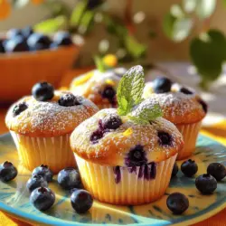To make these lemon blueberry muffins, gather the following ingredients: - 1 ½ cups all-purpose flour - ½ cup granulated sugar - ½ teaspoon baking powder - ½ teaspoon baking soda - ¼ teaspoon salt - Zest of 1 lemon - ½ cup unsalted butter, melted - 2 large eggs - 1 teaspoon vanilla extract - ½ cup buttermilk - 1 cup fresh blueberries - 1 tablespoon lemon juice These simple ingredients create a bright and tasty muffin. I suggest using the following brands for quality results: - All-purpose flour: King Arthur Flour or Gold Medal - Granulated sugar: Domino or C&H - Unsalted butter: Land O'Lakes or Challenge - Buttermilk: Organic Valley or Daisy - Fresh blueberries: Driscoll’s or local farmer’s market These brands ensure your muffins taste great. If you need to substitute, here are some ideas: - Flour: Use whole wheat flour for a healthier option. - Sugar: Coconut sugar works well for a lower glycemic index. - Butter: Use coconut oil for a dairy-free version. - Buttermilk: Mix milk with vinegar or lemon juice to make a quick substitute. These swaps keep the muffins delicious while matching your dietary needs. For the full recipe, check out the complete guide above. Making lemon blueberry muffins is simple and fun. Start by gathering all your ingredients. You will need flour, sugar, baking powder, baking soda, salt, lemon zest, butter, eggs, vanilla extract, buttermilk, blueberries, and lemon juice. Having everything ready makes the process smooth and enjoyable. 1. Preheat your oven to 375°F (190°C). This step is key. A hot oven helps the muffins rise well. 2. Line a muffin tin with paper liners or spray it with cooking spray. This keeps the muffins from sticking. 3. In a large bowl, mix the flour, sugar, baking powder, baking soda, salt, and lemon zest. Whisk them together well. 4. In another bowl, melt the butter and let it cool. Add the eggs, vanilla extract, buttermilk, and lemon juice. Whisk these until blended. 5. Now, pour the wet mixture into the dry ingredients. Stir gently until just mixed. Avoid overmixing. This keeps the muffins light. 6. Fold in the blueberries. Make sure they are spread out in the batter. 7. Spoon the batter into the muffin tin. Fill each cup about 2/3 full. This allows space for them to rise. 8. Bake for 18-20 minutes. Check with a toothpick. If it comes out clean, they are done. 9. Let the muffins cool in the pan for 5 minutes. Then, move them to a wire rack to cool completely. - Use fresh blueberries for the best flavor. Frozen ones can make the batter soggy. - Be gentle when mixing. Overmixing can lead to dense muffins. - If you want extra lemon flavor, add more lemon zest. It brightens the taste. - Check your oven’s temperature. An oven thermometer helps ensure it’s accurate. - Serve warm for the best taste. You can add a dusting of powdered sugar for a sweet touch. For the complete recipe, see the section above. Enjoy baking your delicious lemon blueberry muffins! To make your muffins fluffy, use fresh ingredients. Check the dates on baking powder and baking soda. If they are old, your muffins may not rise well. Room temperature eggs and buttermilk also help create a lighter texture. When mixing, stir gently and do not overmix. This keeps the muffins airy. A big mistake is overmixing the batter. If you mix too much, the muffins can become tough. Also, filling the muffin cups too full can lead to messy results. Fill them about two-thirds full for the best rise. Avoid opening the oven door too early, as this can cause them to deflate. To boost flavor, consider adding more zest. You can add zest from two lemons instead of one. Try mixing in spices like cinnamon or nutmeg for warmth. You can also add a splash of almond extract for a unique twist. For a fun touch, top with a crumbly streusel before baking for added texture. Enjoy experimenting with these ideas! For a complete baking experience, check out the Full Recipe. {{image_2}} You can make vegan lemon blueberry muffins by swapping a few ingredients. Use flaxseed meal instead of eggs. Mix 1 tablespoon of flaxseed with 2.5 tablespoons of water. Let it sit for a few minutes. For the butter, use coconut oil or vegan butter. Replace buttermilk with almond milk mixed with a bit of lemon juice. This keeps the muffins moist and adds that tangy flavor. To make gluten-free lemon blueberry muffins, use gluten-free flour instead of all-purpose flour. I recommend a blend that includes almond flour and coconut flour. Make sure your baking powder is gluten-free. This adjustment gives the muffins a great texture. You may need to add a bit more liquid, like almond milk, to keep the batter moist. You can have fun with different flavors! Try lemon poppy seed muffins by adding 1-2 tablespoons of poppy seeds to the batter. The seeds add a nice crunch and a unique taste. You can also mix in other fruits like raspberries or strawberries for a twist. Each variation keeps that bright lemon flavor, making every bite special. For the full recipe, check out the Sunny Citrus Blueberry Bliss Muffins. Enjoy creating your own delicious versions! To keep your lemon blueberry muffins fresh, store them in an airtight container. This helps seal in moisture and flavor. You can leave them at room temperature for up to two days. For longer storage, place them in the fridge. They can last up to a week when chilled. Freezing muffins is easy and a great option. First, let them cool completely. Then, wrap each muffin in plastic wrap tightly. Place the wrapped muffins in a freezer bag. They can stay frozen for up to three months. When you want one, just take it out and enjoy! Reheating muffins brings back their soft texture. You can use a microwave or an oven. For the microwave, heat each muffin for 15 to 20 seconds. If you prefer the oven, preheat it to 350°F (175°C). Place the muffins on a baking sheet and heat for about 5 to 10 minutes. This warms them nicely and keeps them fresh! Lemon blueberry muffins stay fresh for about 2 to 3 days at room temperature. Store them in an airtight container to keep them soft. If you want them to last longer, place them in the fridge. They can last up to a week there. Yes, you can use frozen blueberries in this recipe. Just make sure to add them straight from the freezer. This helps keep the muffins moist. They might change the batter color a bit, but the taste remains great. You can serve lemon blueberry muffins with a variety of tasty options. Try pairing them with a cup of tea or coffee for a cozy breakfast. You can also add a dollop of whipped cream or yogurt on top. A light drizzle of honey or maple syrup adds sweetness too. For a fun twist, serve them with lemon curd for extra flavor! Enjoy exploring these options with your muffins. You now have all the tools to bake delicious lemon blueberry muffins. We covered key ingredients, brands, and helpful substitutions. I shared step-by-step instructions for mixing and baking, plus tips to make your muffins fluffy. Variations, like vegan and gluten-free options, let you customize your treats. Storing and reheating tips help keep your muffins fresh. Enjoy your baking journey and show off your tasty creations!