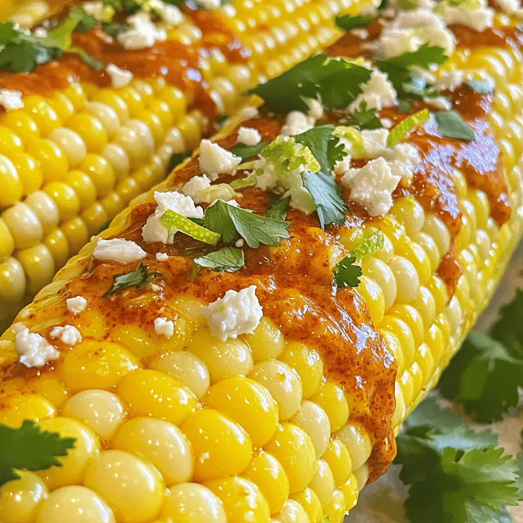 - 4 ears of fresh corn, husked - 1/2 cup unsalted butter, melted - 2 tablespoons chili powder - 1 teaspoon smoked paprika - 1 lime, zested and juiced - 1 teaspoon garlic powder - 1 teaspoon salt - 1/2 teaspoon black pepper - 1/4 cup cotija cheese, crumbled (optional) - Fresh cilantro for garnish The main ingredients make this dish shine. Fresh corn is the star, sweet and juicy. Unsalted butter adds richness, while chili powder gives it a kick. Smoked paprika adds depth and a hint of sweetness. The lime juice and zest bring brightness. Garlic powder enhances the flavor, and salt and pepper balance everything. Cotija cheese is optional, but it adds a nice salty crunch. Fresh cilantro offers a burst of color and flavor. If you can't find fresh corn, frozen or canned corn works well. Just be sure to adjust cooking times. For a dairy-free version, you can use vegan butter. Cheese lovers can swap cotija for feta or parmesan. This flexibility lets you make the dish your own. This dish is not only tasty but also nutritious. One serving has about 200 calories. It offers a good mix of fats and carbs. Corn is high in fiber, which is great for digestion. The lime adds vitamin C, boosting your immune system. Each ingredient serves a purpose and adds benefits to your meal. To boil corn perfectly, start with fresh ears. Bring a large pot of salted water to a boil. Once boiling, add the husked corn. Cook it for 8-10 minutes. This time gives the corn a tender bite. You can check for tenderness by piercing a kernel with a fork. If it feels soft, it’s ready. For best results, use sweet corn. It has a nice flavor that shines in this dish. You can also add sugar to the water. This trick can enhance the sweetness. While the corn cooks, I mix the chili lime butter. In a medium bowl, whisk together the melted butter, chili powder, smoked paprika, lime zest, lime juice, garlic powder, salt, and black pepper. Mix until everything is well combined. This butter should have a nice balance of heat and tang. If you like more heat, add extra chili powder or a pinch of cayenne. For less spice, reduce the chili powder. Adjust to your taste for the perfect blend. When the corn is done, remove it from the pot. Let it cool for a minute. Use a brush or spoon to coat the corn with the chili lime butter. Aim for even coverage on all sides. This ensures every bite is full of flavor. For a special touch, sprinkle crumbled cotija cheese on top. It adds a salty kick. Finish with fresh cilantro for color and freshness. Serve the corn hot for the best taste. Enjoy the burst of flavors! For the Full Recipe, check out the complete instructions above. Fresh ingredients make a big difference. Choose corn that is bright and firm. Check for husks that are tight and green. The fresher the corn, the sweeter it tastes. Using fresh lime juice also enhances the flavor. Aim for juicing right before you use it. This keeps the taste bright and zesty. You have two great choices: grilling or boiling. Boiling cooks the corn quickly. It keeps the kernels tender and juicy. If you want a smoky flavor, grilling is the way to go. Grilling adds a charred taste that is hard to beat. You can also smoke the corn on your grill. This gives it an extra kick that makes it special. Chili lime corn pairs well with many dishes. Try it alongside grilled meats or fish. It also goes great with spicy tacos or burritos. For side dishes, consider a fresh salad or rice. Corn goes well with flavors like avocado and cilantro. Get creative and enjoy the burst of flavors! For the Full Recipe, check out the detailed instructions. {{image_2}} You can spice up your chili lime corn in fun ways. Add sliced jalapeños for a fresh kick. If you like heat, drizzle some hot sauce on top after coating the corn. You can also use spicy seasoning blends like cayenne or chili flakes for more flavor. Want to sweeten things up? Try adding honey or maple syrup to the butter mix. This sweetness pairs well with the lime and chili. You can also play with herbs. Fresh basil or parsley can add a nice touch of green and flavor to your dish. Make eating corn on the cob easier by skewering it with sticks. This makes it fun for kids and adults alike. For creative plating, serve the corn on a colorful plate. Add lime wedges and fresh herbs around the corn for a pop of color. You can find the Full Recipe online for all the details! To store leftovers, place your chili lime corn in an airtight container. This keeps it fresh and prevents odors. You can also wrap the corn in plastic wrap. It lasts well in the fridge for about 3 days. Enjoy this tasty treat while it's still fresh! For the best flavor and texture, reheat the corn in a microwave or oven. If using a microwave, place the corn on a plate and cover it with a damp paper towel. Heat in short bursts of 30 seconds until warm. If you prefer the oven, wrap the corn in foil, and heat at 350°F for 10-15 minutes. This method helps keep the corn moist and flavorful. Avoid drying it out by not reheating too long. To freeze chili lime corn, first, let it cool completely. Then, wrap each ear in plastic wrap or foil. Place the wrapped corn in a freezer bag. Remove as much air as possible before sealing. This way, the corn stays fresh for about 2-3 months. When you're ready to enjoy it, thaw the corn in the fridge overnight. Reheat as described above to bring back that delicious flavor! To know when your corn is perfect, look for these signs: - The kernels should be bright yellow and plump. - A fork should easily pierce the kernels without much resistance. - When you bite into a kernel, it should be tender and juicy. You can also use a couple of testing techniques: - Boil the corn for 8-10 minutes. Set a timer to avoid overcooking. - After 8 minutes, pull out an ear and taste it to check for doneness. Yes, you can prepare the corn ahead of time. Here’s how: - Boil and cool the corn. Then, wrap it in foil and place it in the fridge. - You can make the chili lime butter ahead, too. Just store it in an airtight container. When it's time to serve, reheat the corn in boiling water for a few minutes. Brush on the chili lime butter right before serving for the best flavor. Chili lime corn pairs well with several dishes: - Grilled chicken or shrimp adds a nice protein balance. - A fresh salad with tomatoes and avocado complements the flavors. These side dishes enhance the sweet and spicy notes in the corn. You can also serve it with a tangy dipping sauce to round out the meal. You can find the Full Recipe for Chili Lime Corn on the Cob [here](#). This link provides detailed instructions and tips for making this delicious summer treat. This blog post covered everything you need to know about making Chili Lime Corn on the Cob. We discussed the key ingredients, possible substitutions, and their nutritional benefits. You learned step-by-step cooking instructions and helpful tips to enhance flavor. Variations and serving suggestions offer creative ways to enjoy this dish. Finally, storing, reheating, and freezing techniques ensure you can enjoy leftovers. With this knowledge, you can make this dish your own, impressing family and friends. Enjoy the vibrant flavors and fresh ingredients in your next meal.