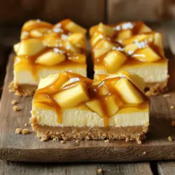 To make caramel apple cheesecake bars, gather these simple ingredients: - 1 ½ cups graham cracker crumbs - ½ cup unsalted butter, melted - 1 cup sugar, divided - 2 (8 oz) packages cream cheese, softened - 2 large eggs - 1 teaspoon vanilla extract - 3 medium apples, peeled, cored, and chopped (about 3 cups) - 1 teaspoon cinnamon - ½ teaspoon nutmeg - 1 cup caramel sauce (store-bought or homemade) - Sea salt for sprinkling Each ingredient brings a special touch. The graham cracker crumbs make a sweet and crunchy crust. The cream cheese gives the filling a rich and creamy base. Chopped apples add a fresh and fruity bite. Cinnamon and nutmeg bring warmth, perfect for cozy days. The caramel sauce adds that gooey sweetness that ties everything together. Lastly, a sprinkle of sea salt enhances all the flavors. For the complete recipe, refer to the Full Recipe section. 1. Preheat your oven to 350°F (175°C). Line a 9x13-inch baking pan with parchment paper. Leave some paper hanging over the edges for easy removal. 2. In a bowl, mix 1 ½ cups of graham cracker crumbs, ½ cup melted unsalted butter, and ¼ cup sugar. Make sure the crumbs are well moistened. 3. Press the crumb mixture firmly into the bottom of the prepared pan. Bake for 10 minutes, then take it out and let it cool. 1. In a separate bowl, beat 2 packages of softened cream cheese with the remaining ¾ cup sugar until smooth and creamy. 2. Add 2 large eggs one at a time. Mix well after each egg. Then stir in 1 teaspoon of vanilla extract. 3. Carefully fold in 3 cups of chopped apples, 1 teaspoon of cinnamon, and ½ teaspoon of nutmeg until everything is well combined. 1. Pour the cheesecake filling over the cooled crust. Spread it evenly across the top. 2. Drizzle 1 cup of caramel sauce over the cheesecake layer. Use a toothpick or knife to swirl the caramel into the cheesecake for a beautiful marbled look. 3. Bake for 35-40 minutes. The center should be set but still have a slight jiggle. Once done, let it cool at room temperature for 1 hour. Then, chill it in the fridge for at least 2 hours to set completely. For the complete recipe, refer to the Full Recipe section. To make creamy cheesecake, always use softened cream cheese. Cold cream cheese makes lumps. Beat it well until smooth before adding the eggs. Mix in eggs one at a time. This keeps your batter light and fluffy. Don’t overbeat after adding eggs; this can make the texture dense. For a perfect crust, press the graham cracker mixture firmly into the pan. This helps it hold together well. Bake it briefly to set. It should be golden, not dark. Let it cool before adding the cheesecake layer. To boost the flavor, add spices like cinnamon and nutmeg. They add warmth and depth. Use fresh spices for the best taste. You can also try adding ginger for a little kick. Choosing the right apples can change everything. Sweet apples like Fuji or Honeycrisp work great. Tart apples like Granny Smith add a nice contrast. Mixing apple types gives a complex flavor. Pair these bars with whipped cream or vanilla ice cream. They balance the rich taste. A drizzle of extra caramel on top adds sweetness and visual appeal. For a fun presentation, cut the bars into neat squares. Place them on a colorful plate. Sprinkle sea salt on top for a gourmet look. For the complete recipe, refer to the Full Recipe section. {{image_2}} You can add fun toppings to your caramel apple cheesecake bars. A chocolate drizzle can make each bite richer. Just melt some chocolate and drizzle it over the top. You can also sprinkle chopped nuts for crunch. Pecans or walnuts work great. If you like more fruit, try adding sliced strawberries or bananas. Each topping brings a new twist to this treat. If you need gluten-free options, swap regular graham crackers for gluten-free ones. This small change keeps the flavor intact. For a low-sugar version, use a sugar substitute. You can find many sweeteners that taste great without the extra sugar. Adjusting the recipe for dietary needs makes it accessible to everyone. Seasonal ingredients can change the vibe of your bars. In fall, add pumpkin puree and spice to the filling. This brings a cozy flavor that pairs well with caramel. During the holidays, mix in crushed peppermint candies or eggnog flavoring. These twists can make your dessert stand out at gatherings. You can let your creativity shine through your seasonal choices. For the complete recipe, refer to the Full Recipe section. To keep your caramel apple cheesecake bars fresh, store them in the fridge. Place them in an airtight container. This will prevent them from absorbing other smells and flavors in your fridge. You can also cover them tightly with plastic wrap. They will last for about five days when stored properly. If you want to keep them for longer, consider freezing them. Just make sure they cool completely before freezing. You can slice them into bars or keep them whole. Use parchment paper to separate the layers, so they don’t stick together. Freezing these bars is simple and great for future enjoyment. Wrap each bar in plastic wrap tightly. Then, place them in a freezer-safe bag or container. They can last for up to three months in the freezer. When you're ready to eat them, thaw them in the fridge overnight. If you're in a hurry, you can leave them out at room temperature for a couple of hours. Enjoy the sweet flavor of your caramel apple cheesecake bars any time! For the complete recipe, refer to the Full Recipe section. Caramel apple cheesecake bars can last about 5 days in the fridge. Store them in an airtight container to keep them fresh. If you want to keep them longer, you can freeze them. In the freezer, they last up to 3 months. Just wrap them well to avoid freezer burn. Yes, you can make these bars ahead of time! I often prepare them a day or two before an event. Just bake, cool, and store them in the fridge. Let them set well for the best taste. This way, you can enjoy the day without stress. If you need a dairy-free option, try using cashew cream. Soak cashews in water and blend them until smooth. You can also use tofu or a dairy-free cream cheese. Both options work well in this recipe. Using parchment paper is very helpful. It makes removing the bars from the pan easy. This way, you avoid breaking them. It also keeps the bottom from sticking, so you get nice, clean edges. Yes, you can make these bars gluten-free! Use gluten-free graham crackers or almond flour as a crust. Both work well and keep the taste delicious. Just check the labels to ensure they are certified gluten-free. What makes caramel apple cheesecake bars so special? They blend sweet caramel, tart apples, and creamy cheesecake. This dessert is perfect for gatherings or cozy nights at home. You can impress your friends and family with these easy-to-make bars. What ingredients do I need? You will need: - 1 ½ cups graham cracker crumbs - ½ cup unsalted butter, melted - 1 cup sugar, divided - 2 (8 oz) packages cream cheese, softened - 2 large eggs - 1 teaspoon vanilla extract - 3 medium apples, peeled, cored, and chopped (about 3 cups) - 1 teaspoon cinnamon - ½ teaspoon nutmeg - 1 cup caramel sauce (store-bought or homemade) - Sea salt for sprinkling How do I make these bars? Start by preheating your oven to 350°F (175°C). Line a 9x13-inch baking pan with parchment paper. This makes removal easy once the bars cool. Next, mix graham cracker crumbs, melted butter, and ¼ cup sugar in a bowl. Press this mixture into the bottom of your baking pan. Bake for about 10 minutes and let it cool. For the filling, beat softened cream cheese with the rest of the sugar until it’s smooth. Add the eggs one at a time, mixing well after each. Stir in the vanilla extract. Now, fold in the chopped apples, cinnamon, and nutmeg. Pour this creamy filling over the cooled crust. Drizzle caramel sauce on top. Use a toothpick or knife to create swirls. Bake for 35-40 minutes, until the center is set but jiggles slightly. After baking, let the bars cool at room temperature for an hour. Then, chill them in the fridge for at least two hours. When ready to serve, lift the bars out using the parchment paper and cut them into squares. A sprinkle of sea salt enhances the flavor. For the complete recipe, refer to the Full Recipe section. These bars are a sweet treat you will love! These caramel apple cheesecake bars combine a buttery crust and creamy filling for a delightful treat. We covered key ingredients, step-by-step instructions, and helpful tips to ensure your success. Don’t forget to explore variations for every taste and occasion. You can store leftovers easily, so enjoy them later! Making these bars is fun and rewarding. I hope you feel inspired to whip up this tasty recipe soon. For the complete recipe, refer to the Full Recipe section. Happy baking!