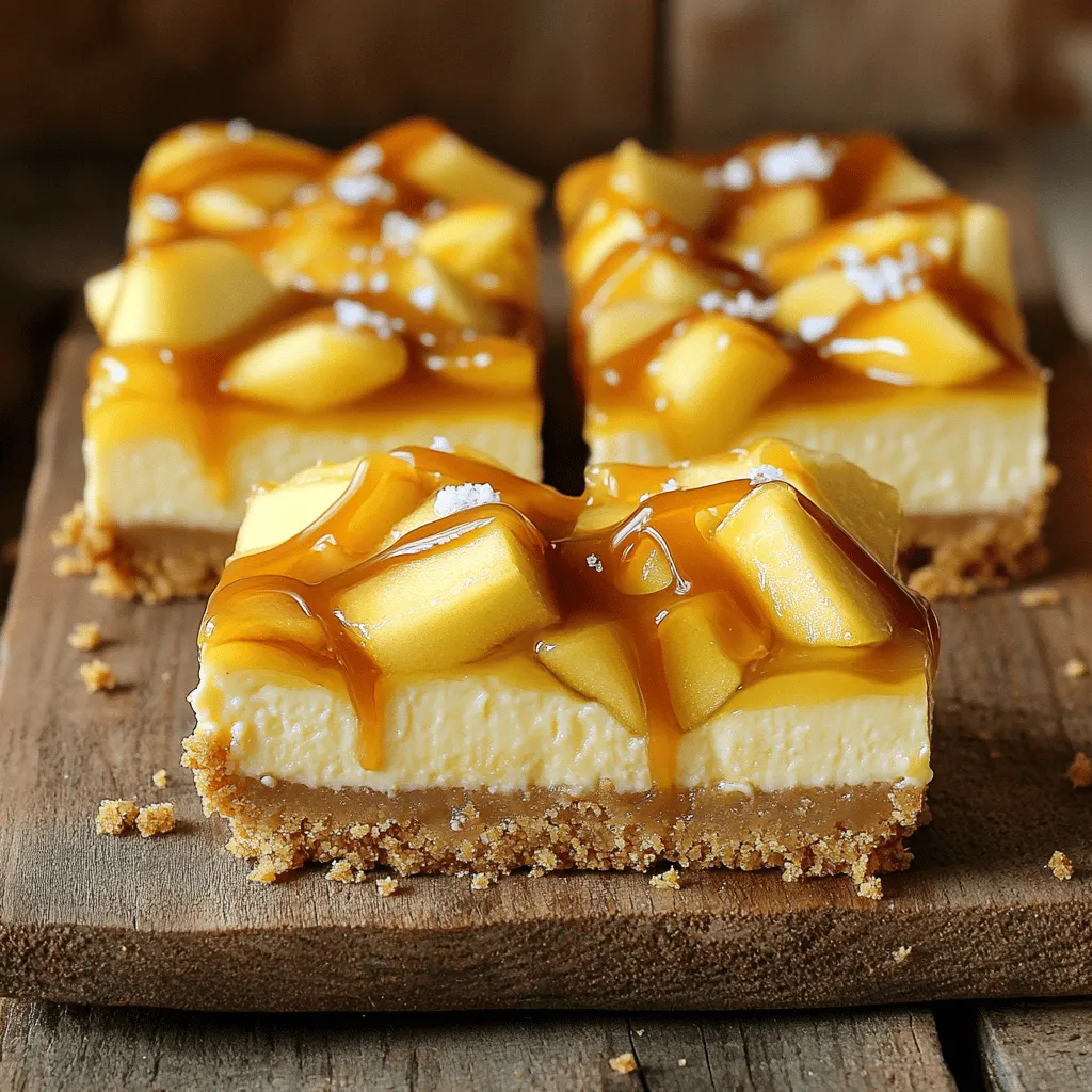 To make caramel apple cheesecake bars, gather these simple ingredients: - 1 ½ cups graham cracker crumbs - ½ cup unsalted butter, melted - 1 cup sugar, divided - 2 (8 oz) packages cream cheese, softened - 2 large eggs - 1 teaspoon vanilla extract - 3 medium apples, peeled, cored, and chopped (about 3 cups) - 1 teaspoon cinnamon - ½ teaspoon nutmeg - 1 cup caramel sauce (store-bought or homemade) - Sea salt for sprinkling Each ingredient brings a special touch. The graham cracker crumbs make a sweet and crunchy crust. The cream cheese gives the filling a rich and creamy base. Chopped apples add a fresh and fruity bite. Cinnamon and nutmeg bring warmth, perfect for cozy days. The caramel sauce adds that gooey sweetness that ties everything together. Lastly, a sprinkle of sea salt enhances all the flavors. For the complete recipe, refer to the Full Recipe section. 1. Preheat your oven to 350°F (175°C). Line a 9x13-inch baking pan with parchment paper. Leave some paper hanging over the edges for easy removal. 2. In a bowl, mix 1 ½ cups of graham cracker crumbs, ½ cup melted unsalted butter, and ¼ cup sugar. Make sure the crumbs are well moistened. 3. Press the crumb mixture firmly into the bottom of the prepared pan. Bake for 10 minutes, then take it out and let it cool. 1. In a separate bowl, beat 2 packages of softened cream cheese with the remaining ¾ cup sugar until smooth and creamy. 2. Add 2 large eggs one at a time. Mix well after each egg. Then stir in 1 teaspoon of vanilla extract. 3. Carefully fold in 3 cups of chopped apples, 1 teaspoon of cinnamon, and ½ teaspoon of nutmeg until everything is well combined. 1. Pour the cheesecake filling over the cooled crust. Spread it evenly across the top. 2. Drizzle 1 cup of caramel sauce over the cheesecake layer. Use a toothpick or knife to swirl the caramel into the cheesecake for a beautiful marbled look. 3. Bake for 35-40 minutes. The center should be set but still have a slight jiggle. Once done, let it cool at room temperature for 1 hour. Then, chill it in the fridge for at least 2 hours to set completely. For the complete recipe, refer to the Full Recipe section. To make creamy cheesecake, always use softened cream cheese. Cold cream cheese makes lumps. Beat it well until smooth before adding the eggs. Mix in eggs one at a time. This keeps your batter light and fluffy. Don’t overbeat after adding eggs; this can make the texture dense. For a perfect crust, press the graham cracker mixture firmly into the pan. This helps it hold together well. Bake it briefly to set. It should be golden, not dark. Let it cool before adding the cheesecake layer. To boost the flavor, add spices like cinnamon and nutmeg. They add warmth and depth. Use fresh spices for the best taste. You can also try adding ginger for a little kick. Choosing the right apples can change everything. Sweet apples like Fuji or Honeycrisp work great. Tart apples like Granny Smith add a nice contrast. Mixing apple types gives a complex flavor. Pair these bars with whipped cream or vanilla ice cream. They balance the rich taste. A drizzle of extra caramel on top adds sweetness and visual appeal. For a fun presentation, cut the bars into neat squares. Place them on a colorful plate. Sprinkle sea salt on top for a gourmet look. For the complete recipe, refer to the Full Recipe section. {{image_2}} You can add fun toppings to your caramel apple cheesecake bars. A chocolate drizzle can make each bite richer. Just melt some chocolate and drizzle it over the top. You can also sprinkle chopped nuts for crunch. Pecans or walnuts work great. If you like more fruit, try adding sliced strawberries or bananas. Each topping brings a new twist to this treat. If you need gluten-free options, swap regular graham crackers for gluten-free ones. This small change keeps the flavor intact. For a low-sugar version, use a sugar substitute. You can find many sweeteners that taste great without the extra sugar. Adjusting the recipe for dietary needs makes it accessible to everyone. Seasonal ingredients can change the vibe of your bars. In fall, add pumpkin puree and spice to the filling. This brings a cozy flavor that pairs well with caramel. During the holidays, mix in crushed peppermint candies or eggnog flavoring. These twists can make your dessert stand out at gatherings. You can let your creativity shine through your seasonal choices. For the complete recipe, refer to the Full Recipe section. To keep your caramel apple cheesecake bars fresh, store them in the fridge. Place them in an airtight container. This will prevent them from absorbing other smells and flavors in your fridge. You can also cover them tightly with plastic wrap. They will last for about five days when stored properly. If you want to keep them for longer, consider freezing them. Just make sure they cool completely before freezing. You can slice them into bars or keep them whole. Use parchment paper to separate the layers, so they don’t stick together. Freezing these bars is simple and great for future enjoyment. Wrap each bar in plastic wrap tightly. Then, place them in a freezer-safe bag or container. They can last for up to three months in the freezer. When you're ready to eat them, thaw them in the fridge overnight. If you're in a hurry, you can leave them out at room temperature for a couple of hours. Enjoy the sweet flavor of your caramel apple cheesecake bars any time! For the complete recipe, refer to the Full Recipe section. Caramel apple cheesecake bars can last about 5 days in the fridge. Store them in an airtight container to keep them fresh. If you want to keep them longer, you can freeze them. In the freezer, they last up to 3 months. Just wrap them well to avoid freezer burn. Yes, you can make these bars ahead of time! I often prepare them a day or two before an event. Just bake, cool, and store them in the fridge. Let them set well for the best taste. This way, you can enjoy the day without stress. If you need a dairy-free option, try using cashew cream. Soak cashews in water and blend them until smooth. You can also use tofu or a dairy-free cream cheese. Both options work well in this recipe. Using parchment paper is very helpful. It makes removing the bars from the pan easy. This way, you avoid breaking them. It also keeps the bottom from sticking, so you get nice, clean edges. Yes, you can make these bars gluten-free! Use gluten-free graham crackers or almond flour as a crust. Both work well and keep the taste delicious. Just check the labels to ensure they are certified gluten-free. What makes caramel apple cheesecake bars so special? They blend sweet caramel, tart apples, and creamy cheesecake. This dessert is perfect for gatherings or cozy nights at home. You can impress your friends and family with these easy-to-make bars. What ingredients do I need? You will need: - 1 ½ cups graham cracker crumbs - ½ cup unsalted butter, melted - 1 cup sugar, divided - 2 (8 oz) packages cream cheese, softened - 2 large eggs - 1 teaspoon vanilla extract - 3 medium apples, peeled, cored, and chopped (about 3 cups) - 1 teaspoon cinnamon - ½ teaspoon nutmeg - 1 cup caramel sauce (store-bought or homemade) - Sea salt for sprinkling How do I make these bars? Start by preheating your oven to 350°F (175°C). Line a 9x13-inch baking pan with parchment paper. This makes removal easy once the bars cool. Next, mix graham cracker crumbs, melted butter, and ¼ cup sugar in a bowl. Press this mixture into the bottom of your baking pan. Bake for about 10 minutes and let it cool. For the filling, beat softened cream cheese with the rest of the sugar until it’s smooth. Add the eggs one at a time, mixing well after each. Stir in the vanilla extract. Now, fold in the chopped apples, cinnamon, and nutmeg. Pour this creamy filling over the cooled crust. Drizzle caramel sauce on top. Use a toothpick or knife to create swirls. Bake for 35-40 minutes, until the center is set but jiggles slightly. After baking, let the bars cool at room temperature for an hour. Then, chill them in the fridge for at least two hours. When ready to serve, lift the bars out using the parchment paper and cut them into squares. A sprinkle of sea salt enhances the flavor. For the complete recipe, refer to the Full Recipe section. These bars are a sweet treat you will love! These caramel apple cheesecake bars combine a buttery crust and creamy filling for a delightful treat. We covered key ingredients, step-by-step instructions, and helpful tips to ensure your success. Don’t forget to explore variations for every taste and occasion. You can store leftovers easily, so enjoy them later! Making these bars is fun and rewarding. I hope you feel inspired to whip up this tasty recipe soon. For the complete recipe, refer to the Full Recipe section. Happy baking!