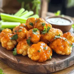 To make the best buffalo cauliflower bites, you need a few simple ingredients. Here’s what you’ll need: - 1 medium head of cauliflower, cut into florets - 1 cup all-purpose flour - 1 cup water - 1 teaspoon garlic powder - 1 teaspoon onion powder - 1 teaspoon paprika - 1 teaspoon smoked paprika - Salt and pepper to taste - 1 cup buffalo sauce (store-bought or homemade) - 2 tablespoons olive oil - Fresh parsley, chopped (for garnish) Each ingredient plays a key role in creating that irresistible flavor fusion. The cauliflower gives you a nice crunch, while the batter adds a layer of flavor. Spices like garlic and onion powder add depth, and the buffalo sauce provides the heat you crave. When I create this dish, I love to source fresh cauliflower. It really makes a difference in taste. You can feel good about using simple, wholesome ingredients. This recipe is not just tasty; it’s also a fun way to enjoy your veggies. For the complete preparation steps, check the Full Recipe above. Start by washing the cauliflower. Remove any leaves, then cut the head into florets. You want them to be bite-sized. This helps them cook evenly. Aim for pieces that are about the same size. This way, they bake at the same rate. Once cut, set them aside while you make the batter. In a large mixing bowl, combine the flour, garlic powder, onion powder, smoked paprika, salt, and pepper. Whisk these dry ingredients together well. This ensures the flavors mix evenly. Gradually add the water to the dry mix. Keep whisking until you have a smooth batter. It should not have lumps. If it feels too thick, add a bit more water. Preheat your oven to 450°F (230°C). Line a baking sheet with parchment paper. Dip each cauliflower floret into the batter. Shake off any extra batter before placing them on the baking sheet. Bake the florets for 20 minutes, flipping them halfway through. They should turn golden brown and crispy. While they bake, mix the buffalo sauce and olive oil in a small bowl. Once the cauliflower is done, toss them in the sauce mixture. Put them back on the baking sheet and bake for another 10 minutes. This helps the sauce stick. After baking, let them cool for a few minutes. Garnish with chopped parsley before serving. Enjoy this tasty snack! For full details, check out the Full Recipe. To get that perfect crunch, use a hot oven. Preheat your oven to 450°F (230°C). This high heat helps the batter crisp up nicely. When you coat the cauliflower, make sure to shake off extra batter. Too much batter makes them soggy. Flip the bites halfway through baking for even crispiness. Avoid using wet florets. If they are wet, the batter won’t stick well. Ensure you cut the cauliflower into uniform pieces. This helps them cook evenly. Don’t skip the second baking step after adding the buffalo sauce. This step locks in flavor and ensures a great texture. Buffalo cauliflower bites taste best right out of the oven. Serve them hot for the best flavor. If you have leftovers, reheat them in the oven or air fryer to regain crispiness. These bites pair well with cool ranch or blue cheese dressing. You can find the full recipe to create these tasty bites and impress your guests! {{image_2}} You can adjust the heat in your Buffalo Cauliflower Bites. For a spicy kick, use extra hot sauce. If you prefer mild flavors, choose a milder sauce. You can also mix sauces to find your perfect balance. A blend of regular and spicy sauce can work wonders. Just start with a small amount and taste as you go. You want to enjoy the flavor without it being too hot. If you need a gluten-free version, you can substitute the flour. Use a gluten-free all-purpose blend instead. Make sure to check the labels to be safe. You can also use cornstarch for a light batter. This keeps the texture crispy while making it safe for those with gluten issues. Feel free to get creative with your seasonings. Add a dash of cayenne for extra heat. You can also try adding a pinch of cumin for a smoky taste. For toppings, consider crumbled feta or blue cheese for a bold flavor. Fresh herbs like cilantro or dill can also add a nice touch. Serve with a side of ranch or blue cheese dressing for dipping. For the full recipe, check out the detailed instructions above. After enjoying your Buffalo Cauliflower Bites, you might have some left. Store them in an airtight container. Keep the container in the fridge. They stay fresh for about 3 days. Let them cool to room temperature before packing. This helps avoid sogginess. Want to save some for later? Freezing is a great option. First, let the bites cool completely. Then, place them in a single layer on a baking sheet. Freeze them for about 1 hour. After freezing, transfer them to a freezer-safe bag. Remove as much air as you can. They can last up to 3 months in the freezer. To enjoy your bites again, you can reheat them easily. For the best results, use an oven. Preheat it to 400°F (200°C). Place the cauliflower bites on a baking sheet. Heat for about 10-15 minutes or until they are warm and crispy. If you prefer, you can use a microwave. Just remember, the texture may not be as crispy. Enjoy your bites warm and flavorful. For the full recipe, check the earlier section. Yes, you can make Buffalo Cauliflower Bites in an air fryer. The air fryer cooks food quickly and gives a nice crisp. To do this, coat the cauliflower florets as you would for baking. Place them in a single layer in the air fryer basket. Cook at 400°F (200°C) for about 10-12 minutes. Check them halfway through and shake the basket. They should be golden and crunchy. Buffalo Cauliflower Bites pair well with many sides. Here are some great options: - Ranch dressing for dipping - Blue cheese dressing for a classic touch - Celery sticks for crunch - Carrot sticks for sweetness - A fresh salad to balance the heat These sides enhance the meal and provide a variety of flavors. Buffalo Cauliflower Bites can last in the fridge for about 3-4 days. Make sure to store them in an airtight container for best results. When you are ready to eat, you can reheat them in the oven or air fryer to bring back some crispiness. Enjoy them as a snack or add them to a meal. For the full recipe, check out the previous section. In this post, I covered how to make tasty Buffalo Cauliflower Bites from scratch. We explored key ingredients, easy steps, tips for crispiness, and exciting variations. Remember, you can adjust spice levels and serve these bites with your favorite dips. Don’t forget to store leftovers properly for the next day. Enjoy trying this fun, healthy snack that everyone will love!