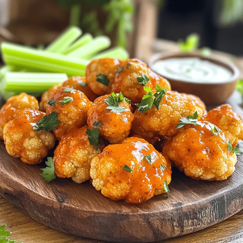 To make the best buffalo cauliflower bites, you need a few simple ingredients. Here’s what you’ll need: - 1 medium head of cauliflower, cut into florets - 1 cup all-purpose flour - 1 cup water - 1 teaspoon garlic powder - 1 teaspoon onion powder - 1 teaspoon paprika - 1 teaspoon smoked paprika - Salt and pepper to taste - 1 cup buffalo sauce (store-bought or homemade) - 2 tablespoons olive oil - Fresh parsley, chopped (for garnish) Each ingredient plays a key role in creating that irresistible flavor fusion. The cauliflower gives you a nice crunch, while the batter adds a layer of flavor. Spices like garlic and onion powder add depth, and the buffalo sauce provides the heat you crave. When I create this dish, I love to source fresh cauliflower. It really makes a difference in taste. You can feel good about using simple, wholesome ingredients. This recipe is not just tasty; it’s also a fun way to enjoy your veggies. For the complete preparation steps, check the Full Recipe above. Start by washing the cauliflower. Remove any leaves, then cut the head into florets. You want them to be bite-sized. This helps them cook evenly. Aim for pieces that are about the same size. This way, they bake at the same rate. Once cut, set them aside while you make the batter. In a large mixing bowl, combine the flour, garlic powder, onion powder, smoked paprika, salt, and pepper. Whisk these dry ingredients together well. This ensures the flavors mix evenly. Gradually add the water to the dry mix. Keep whisking until you have a smooth batter. It should not have lumps. If it feels too thick, add a bit more water. Preheat your oven to 450°F (230°C). Line a baking sheet with parchment paper. Dip each cauliflower floret into the batter. Shake off any extra batter before placing them on the baking sheet. Bake the florets for 20 minutes, flipping them halfway through. They should turn golden brown and crispy. While they bake, mix the buffalo sauce and olive oil in a small bowl. Once the cauliflower is done, toss them in the sauce mixture. Put them back on the baking sheet and bake for another 10 minutes. This helps the sauce stick. After baking, let them cool for a few minutes. Garnish with chopped parsley before serving. Enjoy this tasty snack! For full details, check out the Full Recipe. To get that perfect crunch, use a hot oven. Preheat your oven to 450°F (230°C). This high heat helps the batter crisp up nicely. When you coat the cauliflower, make sure to shake off extra batter. Too much batter makes them soggy. Flip the bites halfway through baking for even crispiness. Avoid using wet florets. If they are wet, the batter won’t stick well. Ensure you cut the cauliflower into uniform pieces. This helps them cook evenly. Don’t skip the second baking step after adding the buffalo sauce. This step locks in flavor and ensures a great texture. Buffalo cauliflower bites taste best right out of the oven. Serve them hot for the best flavor. If you have leftovers, reheat them in the oven or air fryer to regain crispiness. These bites pair well with cool ranch or blue cheese dressing. You can find the full recipe to create these tasty bites and impress your guests! {{image_2}} You can adjust the heat in your Buffalo Cauliflower Bites. For a spicy kick, use extra hot sauce. If you prefer mild flavors, choose a milder sauce. You can also mix sauces to find your perfect balance. A blend of regular and spicy sauce can work wonders. Just start with a small amount and taste as you go. You want to enjoy the flavor without it being too hot. If you need a gluten-free version, you can substitute the flour. Use a gluten-free all-purpose blend instead. Make sure to check the labels to be safe. You can also use cornstarch for a light batter. This keeps the texture crispy while making it safe for those with gluten issues. Feel free to get creative with your seasonings. Add a dash of cayenne for extra heat. You can also try adding a pinch of cumin for a smoky taste. For toppings, consider crumbled feta or blue cheese for a bold flavor. Fresh herbs like cilantro or dill can also add a nice touch. Serve with a side of ranch or blue cheese dressing for dipping. For the full recipe, check out the detailed instructions above. After enjoying your Buffalo Cauliflower Bites, you might have some left. Store them in an airtight container. Keep the container in the fridge. They stay fresh for about 3 days. Let them cool to room temperature before packing. This helps avoid sogginess. Want to save some for later? Freezing is a great option. First, let the bites cool completely. Then, place them in a single layer on a baking sheet. Freeze them for about 1 hour. After freezing, transfer them to a freezer-safe bag. Remove as much air as you can. They can last up to 3 months in the freezer. To enjoy your bites again, you can reheat them easily. For the best results, use an oven. Preheat it to 400°F (200°C). Place the cauliflower bites on a baking sheet. Heat for about 10-15 minutes or until they are warm and crispy. If you prefer, you can use a microwave. Just remember, the texture may not be as crispy. Enjoy your bites warm and flavorful. For the full recipe, check the earlier section. Yes, you can make Buffalo Cauliflower Bites in an air fryer. The air fryer cooks food quickly and gives a nice crisp. To do this, coat the cauliflower florets as you would for baking. Place them in a single layer in the air fryer basket. Cook at 400°F (200°C) for about 10-12 minutes. Check them halfway through and shake the basket. They should be golden and crunchy. Buffalo Cauliflower Bites pair well with many sides. Here are some great options: - Ranch dressing for dipping - Blue cheese dressing for a classic touch - Celery sticks for crunch - Carrot sticks for sweetness - A fresh salad to balance the heat These sides enhance the meal and provide a variety of flavors. Buffalo Cauliflower Bites can last in the fridge for about 3-4 days. Make sure to store them in an airtight container for best results. When you are ready to eat, you can reheat them in the oven or air fryer to bring back some crispiness. Enjoy them as a snack or add them to a meal. For the full recipe, check out the previous section. In this post, I covered how to make tasty Buffalo Cauliflower Bites from scratch. We explored key ingredients, easy steps, tips for crispiness, and exciting variations. Remember, you can adjust spice levels and serve these bites with your favorite dips. Don’t forget to store leftovers properly for the next day. Enjoy trying this fun, healthy snack that everyone will love!