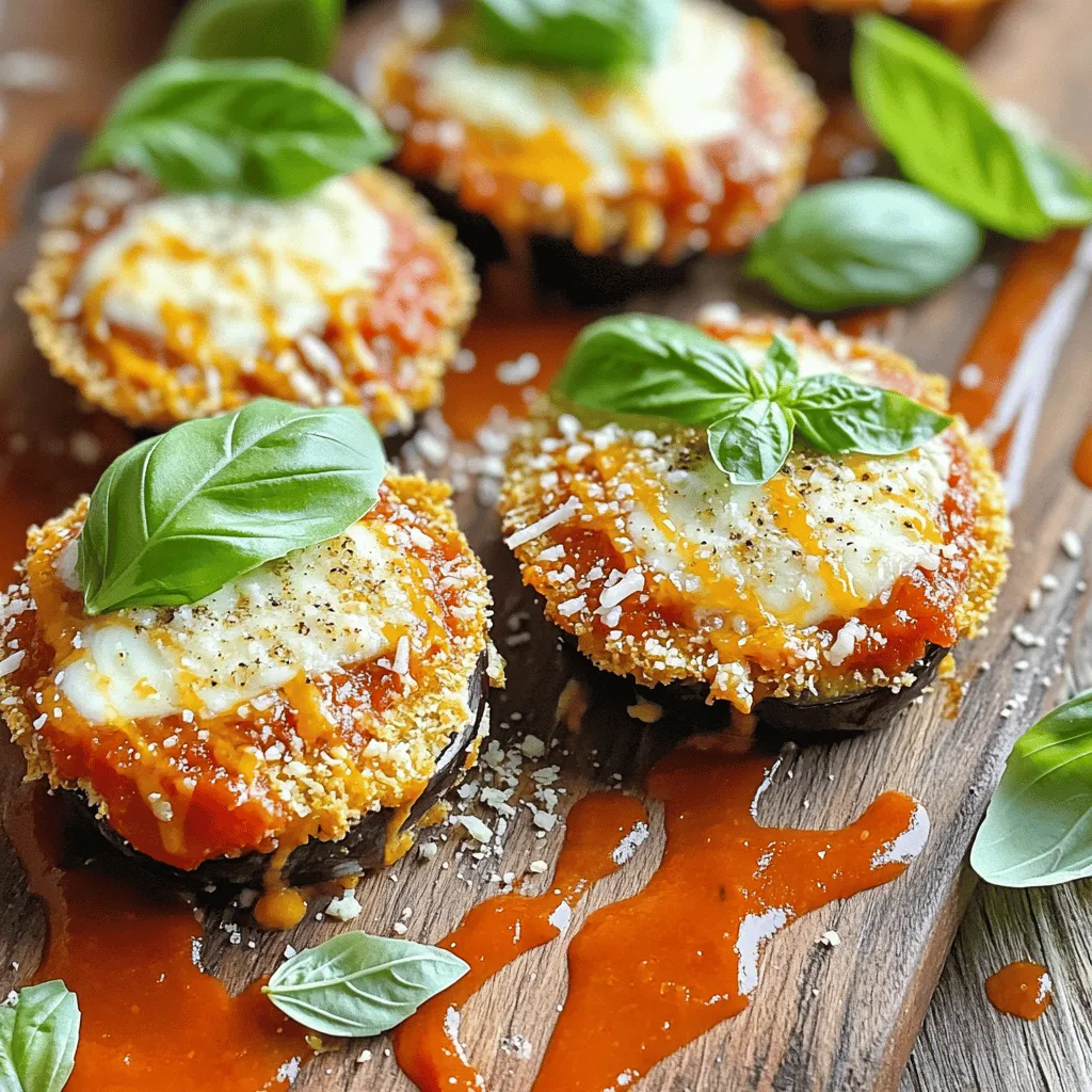 To make the best Eggplant Parmesan Bites, you need a few simple ingredients. Here is what you will need: - 1 large eggplant, sliced into 1/2 inch rounds - 1 cup all-purpose flour - 2 large eggs, beaten - 1 cup breadcrumbs (preferably Italian seasoned) - 1 cup marinara sauce - 1 1/2 cups shredded mozzarella cheese - 1/2 cup grated Parmesan cheese - 1 teaspoon dried oregano - 1 teaspoon garlic powder - Salt and pepper to taste - Fresh basil leaves for garnish Each ingredient plays a key role in creating a crispy and flavorful snack. The eggplant serves as a great base. It absorbs flavors and provides a nice texture. The flour, eggs, and breadcrumbs form a delightful coating that makes each bite crispy. The mozzarella and Parmesan add richness and gooeyness, while the marinara sauce brings a tangy kick. Herbs like oregano and garlic powder enhance the taste. Use fresh basil as a bright finish for your dish. Want to try this recipe? Check out the Full Recipe for detailed steps! Set your oven to 400°F (200°C). This temperature helps the eggplant get crispy. Line a baking sheet with parchment paper. The parchment prevents sticking and makes clean-up easy. Slice the eggplant into 1/2 inch rounds. Next, sprinkle salt on both sides of the slices. Let them sit for 30 minutes. This step draws out moisture and helps reduce bitterness. After 30 minutes, pat the eggplant dry with paper towels. This keeps the bites from getting soggy. Create a breading station. Use three shallow dishes: one for flour, one for beaten eggs, and one for breadcrumbs. Mix garlic powder, oregano, salt, and pepper into the breadcrumbs. Start breading by dredging each eggplant slice in flour. Shake off extra flour. Then, dip it into the beaten eggs and let excess drip off. Finally, coat it with the breadcrumb mix and place it on the prepared sheet. Bake the eggplant slices for 20-25 minutes. Flip them halfway through to ensure even browning. The slices are done when they turn golden brown and crispy. Keep an eye on them to avoid burning. Lower the oven temperature to 375°F (190°C). In a baking dish, spread a thin layer of marinara sauce. Start layering the baked eggplant rounds. Add sauce and a sprinkle of mozzarella and Parmesan on each slice. Repeat the layers until all slices are used. Finish with a generous layer of cheese. Bake for another 15-20 minutes until the cheese bubbles and turns golden. For the full recipe, please refer to the recipe section. - How to achieve crispy bites: Start by salting the eggplant slices. This step pulls out moisture and helps them crisp up. After 30 minutes, pat them dry with a paper towel. When breading, make sure to coat them evenly with flour, egg, and breadcrumbs. Bake at 400°F for perfect crunch! - Troubleshooting soggy eggplant: If your bites turn out soggy, they may have too much moisture. Always salt them and let them sit before cooking. Ensure you flip them halfway through baking for even crispiness. - Recommended herbs and spices: I love using dried oregano and garlic powder in the breadcrumb mix. They add depth to the bites. You can also try basil or thyme for a fresh twist. - Cheese options for best results: Mozzarella is key for that gooey texture. Parmesan adds a nice salty crunch. You can mix different cheeses for extra flavor. Consider adding provolone or even a sprinkle of feta for a surprise! - Serving suggestions for parties: Arrange your Eggplant Parmesan Bites on a nice platter. Serve them next to a bowl of warm marinara sauce. This makes them easy to grab and dip. Guests will love it! - Garnishing ideas for appealing visuals: Fresh basil leaves make a lovely garnish. They add color and a fresh aroma. Drizzle a little extra marinara around the platter for a pop of red. Your dish will look as good as it tastes! For the full recipe, check out the detailed instructions above. {{image_2}} To make your Eggplant Parmesan Bites gluten-free, use these swaps: - Substitute regular breadcrumbs with gluten-free breadcrumbs. - Replace all-purpose flour with almond flour or a gluten-free flour blend. - For cheese, try dairy-free mozzarella or other plant-based options. These changes keep the dish tasty while catering to dietary needs. If you want more veggies, add these options: - Spinach or kale can boost nutrition and flavor. - Zucchini slices bring extra color and taste. For sauce, use a roasted red pepper sauce or a fresh tomato blend for a twist. This adds depth to your bites. To spice things up, consider these ideas: - Top the bites with sliced jalapeños or red pepper flakes. - Use a spicy marinara sauce for added heat. Brands like Rao’s or Frank’s can provide a great kick. Adjust the heat to your liking for a bold snack experience. Explore the [Full Recipe] for more details! To keep your Eggplant Parmesan Bites fresh, store them in the fridge. Use airtight containers to prevent moisture loss. This practice keeps them tasty for up to three days. Make sure they cool completely before sealing them. This step helps avoid sogginess. For reheating, the oven is the best choice. Set it to 350°F (175°C) and place the bites on a baking sheet. Heat for about 10-15 minutes until crispy. If you use a microwave, cover them with a damp paper towel. This method keeps them moist but may not restore crispiness. To freeze your Eggplant Parmesan Bites, let them cool first. Then, place them in a single layer on a baking sheet. Freeze until solid, then transfer them to an airtight container. They can last up to three months in the freezer. Before reheating, thaw them in the fridge overnight for best results. To check if the eggplant is done, look for a golden brown color. It should feel soft when you press it gently. The edges should be crispy, but the center should have a tender bite. This texture gives you the perfect balance in Eggplant Parmesan Bites. Yes, you can prep these bites ahead of time. After breading the eggplant, you can store them in the fridge for up to a day. Just cover them well to keep them fresh. If you want to store them longer, freeze the breaded slices. This way, you can bake them fresh later. These bites pair well with many sides. Serve them with a simple salad for a light meal. You can also enjoy them with garlic bread for a hearty option. For drizzles, try a balsamic glaze or extra marinara sauce. These dips add flavor and fun to your snacking experience! You’ve learned how to make delicious Eggplant Parmesan Bites. From selecting ingredients to mastering the breading and baking, each step builds a tasty dish. Remember to use the tips for perfect texture and flavor. Whether you keep it classic or try a spicy twist, these bites are sure to impress. Store leftovers properly for later enjoyment. Now, gather your ingredients and get cooking; a fantastic meal awaits!