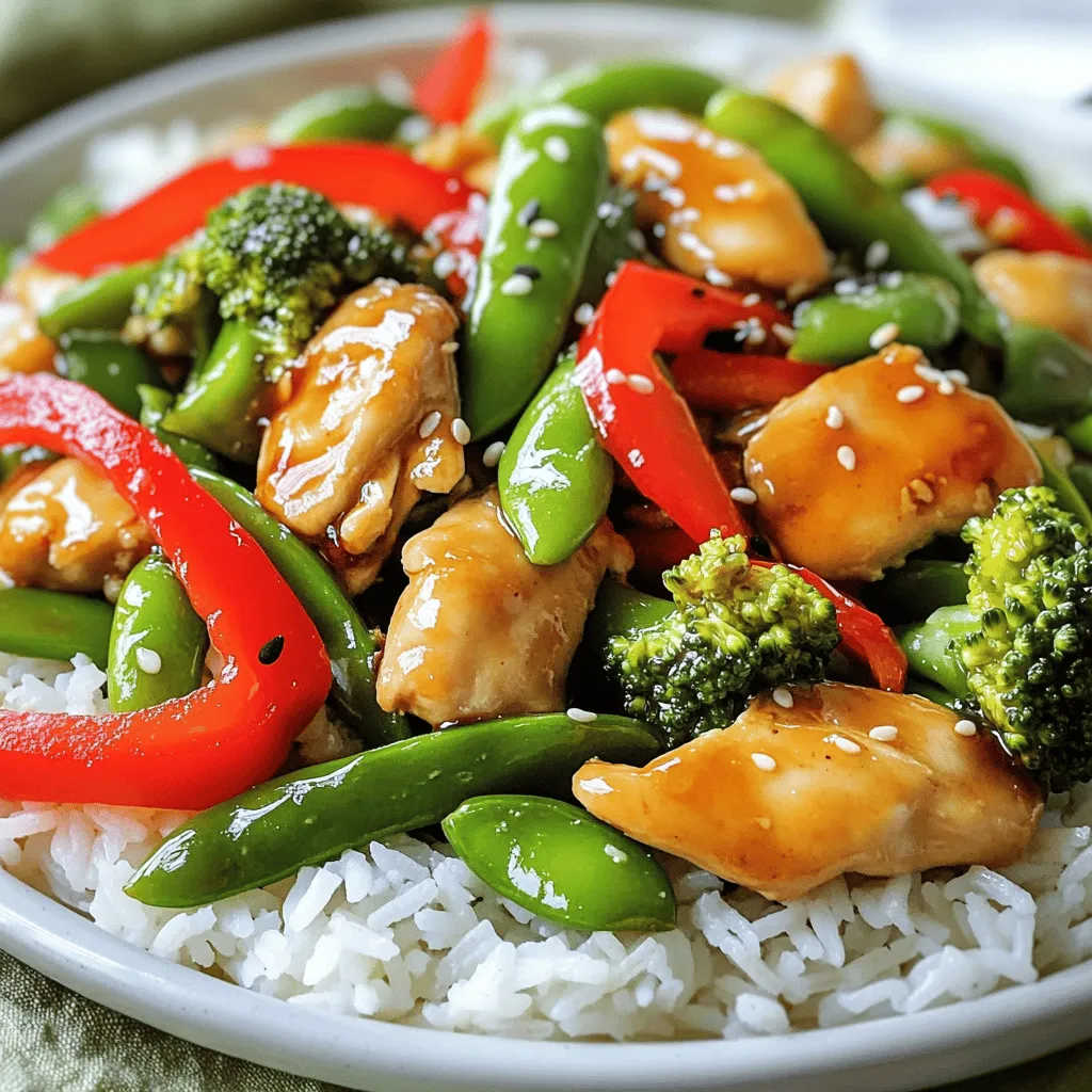 - 1 lb boneless, skinless chicken breast, thinly sliced - 2 tablespoons soy sauce - 1 tablespoon honey - 2 teaspoons cornstarch - 2 tablespoons vegetable oil - 1 red bell pepper, sliced - 1 cup broccoli florets - 1 cup snap peas - 2 cloves garlic, minced - 1 teaspoon ginger, grated - Salt and pepper to taste - Cooked jasmine rice or noodles, for serving - Additional vegetables like carrots or mushrooms - Flavor enhancers such as sesame oil or chili flakes 1. Marinating Chicken: In a bowl, mix the sliced chicken with soy sauce, honey, and cornstarch. Let it marinate for 15 minutes. This adds great flavor and makes the chicken tender. 2. Preparing Vegetables: While the chicken marinates, slice your veggies. Aim for uniform pieces for even cooking. 1. Stir-Frying Chicken: Heat 1 tablespoon of vegetable oil in a skillet over medium-high heat. Add the marinated chicken. Stir-fry for about 5-7 minutes until the chicken is golden and cooked through. Remove it from the skillet. 2. Cooking Vegetables: In the same skillet, add the remaining oil. Toss in garlic and ginger, cooking for about 30 seconds. Next, add your sliced red bell pepper, broccoli, and snap peas. Stir-fry for 4-5 minutes until the veggies are vibrant and tender-crisp. Return the chicken to the skillet, mix well, and season with salt and pepper to taste. - Ideal Heat Levels: Use medium-high heat. This helps sear the chicken and cook the veggies quickly. - Stir-Frying Tips: Keep everything moving in the pan. This helps prevent burning and ensures even cooking. - Using Marinades: Marinating chicken boosts flavor. You can even try different sauces for variety. - Seasoning Suggestions: Experiment with fresh herbs or spices. They can really enhance your stir-fry. - Tofu or Tempeh Options: These are great if you want a vegetarian dish. Just cube them and marinate like chicken. - Beef or Shrimp Stir-Fry: Swap out chicken for thinly sliced beef or shrimp for a different protein. - Seasonal Vegetables: Use what is fresh and in season. Zucchini or asparagus work well too. - Adding Fresh Herbs: Cilantro or basil can add a fresh taste. Sprinkle them on just before serving. - Proper Storage Containers: Use airtight containers to keep your leftovers fresh. - Durability of Leftovers: Chicken stir-fry will last for about 3-4 days in the fridge. - Freezing Tips: Let it cool completely before freezing. Use freezer-safe bags or containers. - Reheating Instructions: Thaw in the fridge overnight. Heat in a skillet until hot. - How long does chicken stir-fry last in the fridge? About 3-4 days. - Can I make this stir-fry gluten-free? Yes, use gluten-free soy sauce. - What sides pair well with this dish? Jasmine rice or noodles are perfect. For full details, check the [Full Recipe]. In this blog post, we covered how to make a delicious chicken stir-fry. We explored key ingredients like chicken, fresh vegetables, and pantry staples. You learned step-by-step instructions for prepping and cooking. I shared tips on flavors and cooking techniques to enhance your dish. You also discovered variations with different proteins and vegetables. Finally, we looked at proper storage to keep your leftovers fresh. Enjoy trying these ideas in your kitchen for a tasty and satisfying meal!