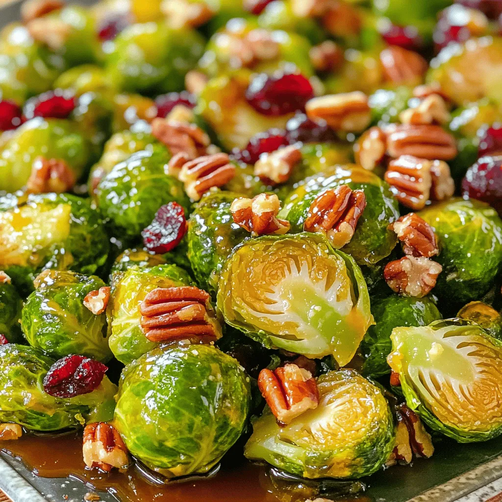 - 1 lb Brussels sprouts, trimmed and halved - 3 tablespoons olive oil - 2 tablespoons pure maple syrup - 2 tablespoons Dijon mustard - 1 teaspoon garlic powder - 1 teaspoon onion powder - Salt and pepper to taste - ½ cup pecans, roughly chopped - ¼ cup dried cranberries (optional) - Alternatives for Brussels sprouts: If you can't find Brussels sprouts, try broccoli or cauliflower. Both add great taste and texture. - Substitutes for maple syrup: Honey or agave nectar work well if you want a different sweetness. They bring a unique flavor too. - Choices for Dijon mustard: You can use yellow mustard or whole grain mustard if you prefer a milder taste. Each adds its own twist to the dish. Using these ingredients, you can create a vibrant dish full of flavor. The combination of sweet maple and tangy Dijon makes this recipe a delight. Check out the Full Recipe for details on how to bring it all together! 1. First, preheat your oven to 400°F (200°C). This heat brings out the best in Brussels sprouts. 2. Next, line a large sheet pan with parchment paper. This makes for easy cleanup. 3. In a small bowl, whisk together your dressing ingredients: olive oil, maple syrup, Dijon mustard, garlic powder, onion powder, salt, and pepper. Mix until everything blends well. 1. In a large mixing bowl, combine the halved Brussels sprouts and the dressing. Toss well to coat every sprout evenly. 2. Spread the Brussels sprouts in a single layer on your prepared sheet pan. Make sure they are not overcrowded. 3. Now, scatter the roughly chopped pecans over the Brussels sprouts for a nice crunch. 4. Roast them in your preheated oven for 20-25 minutes. Stir halfway through to ensure even cooking. Check for tenderness and caramelization. 1. If you like a hint of sweetness, add dried cranberries in the last 5 minutes of roasting. They will soften and add flavor. 2. For plating, serve the Brussels sprouts on a large platter. Garnish with extra pecans and cranberries for color. A drizzle of maple syrup adds a lovely shine. This makes the dish look beautiful and tempting. For the full recipe, refer back to the ingredients list above. - Achieving the perfect caramelization: To get that nice caramel color, spread the Brussels sprouts in a single layer. This allows heat to reach each piece evenly. The high heat of 400°F will help the sugars in the sprouts brown nicely. Stir them halfway through cooking. This promotes even cooking and caramelization. - How to keep Brussels sprouts crispy: Use fresh Brussels sprouts. If they are limp, they won’t crisp up well. Make sure to dry them after washing. Excess moisture can lead to steaming instead of roasting. Also, don't crowd the pan. Give them room to breathe. - Pairing with main dishes: Maple Dijon Brussels sprouts go well with roasted chicken or pork. Their sweet and tangy flavor complements savory meats. You can also serve them next to grilled fish for a lighter meal. - Seasonal side dish recommendations: These sprouts shine in the fall and winter. They make a great side for Thanksgiving or holiday dinners. Add them to a cozy winter meal. They pair beautifully with hearty stews or casseroles. - Overcooking Brussels sprouts: Keep an eye on your sprouts. Overcooking can make them mushy. Aim for a tender yet firm texture. They should be browned but not burnt. Roasting for 20-25 minutes usually works well. - Not seasoning adequately: Don't forget to season your Brussels sprouts. A pinch of salt and pepper enhances their natural flavor. The maple syrup and Dijon mustard add sweetness and tang, but salt helps balance everything. Taste your dish before serving to ensure it's flavorful. {{image_2}} You can tweak the flavor of your Maple Dijon Brussels sprouts easily. Try adding spices like cayenne for heat or paprika for a smoky taste. These spices add depth to the dish. You can also switch up the nuts. Pecans are tasty, but walnuts or almonds work well too. They add crunch and different flavors. If you want to add seeds, try pumpkin or sunflower seeds for a new twist. Want to make this dish vegan? Simply replace the honey with agave syrup. This keeps the sweet flavor while keeping it plant-based. For gluten-free options, ensure your Dijon mustard is gluten-free. Most brands are, but it's good to check. You can enjoy this dish without gluten worries. Brussels sprouts shine year-round, but you can make them even better with seasonal ingredients. In the fall, add roasted apples or pears for sweetness. In the winter, toss in some roasted carrots for color and taste. For holiday meals, sprinkle pomegranate seeds on top. They give a festive look and a burst of flavor. These additions can change the dish and make it feel special. Enjoy exploring these variations! For the complete dish, check out the Full Recipe. To store your leftover Maple Dijon Brussels sprouts, let them cool first. Use an airtight container for best results. You can keep them in the fridge for up to three days. This keeps them fresh and tasty. When you're ready to enjoy your leftovers, reheating is key. The oven is best for this. Preheat it to 350°F (175°C) and spread the sprouts on a baking sheet. Heat for about 10 minutes. This method helps keep them crispy. Avoid using the microwave, as it can make them soggy. Yes, you can freeze Maple Dijon Brussels sprouts! Place cooled sprouts in a freezer-safe bag. Remove as much air as possible to prevent freezer burn. They can last up to three months in the freezer. When you're ready to eat, thaw them in the fridge overnight. Reheat them in the oven for the best taste and texture. Enjoy your sweet and savory treat even later! Roasting Brussels sprouts takes about 20 to 25 minutes. At 400°F (200°C), the sprouts get crispy and tender. Toss them halfway for even cooking. Check them after 20 minutes to avoid burning. Yes, you can prep this recipe ahead. You can trim and halve the sprouts a day early. Store them in the fridge in an airtight container. Mix the dressing ahead and keep it sealed too. Just combine everything when you're ready to roast. Brussels sprouts are packed with vitamins. They contain vitamins C and K, which help your immune system. They are high in fiber, good for digestion. Plus, they have antioxidants that fight free radicals. This makes them a smart choice for healthy eating. You can use frozen Brussels sprouts, but fresh is best. If you use frozen, thaw them first. Pat them dry to remove excess moisture. This helps them roast better and get crispy. Maple Dijon Brussels sprouts go great with many dishes. They pair well with roasted chicken or pork. They also complement grains like quinoa or farro. Serve them with a salad for a fresh touch, or enjoy them as a side for a holiday feast. For more ideas, check the full recipe! You now have a complete guide to making Maple Dijon Brussels sprouts. We covered the ingredients needed, how to prepare and cook them, and tips to get it just right. Pay attention to common mistakes to avoid. Try different flavors or seasonal touches to make it your own. Proper storage keeps leftovers fresh, and reheating well ensures the best taste. Enjoy this dish alongside your favorite meals! Your kitchen will shine with these tasty sprouts.