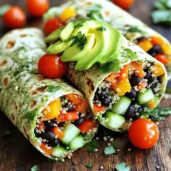 To make these wraps, gather these main ingredients: - 1 cup quinoa, rinsed - 2 cups vegetable broth or water - 1 cup cherry tomatoes, halved - 1 cup bell peppers (mixed colors), diced - 1 cup cucumber, diced - 1 cup shredded carrots - 1 avocado, sliced - 1 cup black beans, rinsed and drained - 1/4 cup fresh cilantro, chopped - 2 tablespoons olive oil - Juice of 1 lime - Salt and pepper to taste - Whole wheat or spinach wraps These ingredients create a colorful and tasty dish. Each bite offers a mix of flavors and textures. You can add more to suit your taste. Consider these optional ingredients: - Hot sauce for serving - Corn for sweetness - Spinach for extra greens - Cheese for creaminess - Nuts for crunch Feel free to explore any combination you like. This makes the recipe fun and unique to you. The key ingredients in these wraps are not just tasty; they're good for you. Here are some benefits: - Quinoa: A great source of protein and fiber. It helps keep you full. - Black beans: High in protein and good for digestion. - Bell peppers: Packed with vitamins A and C. They boost your immune system. - Avocado: Rich in healthy fats that support heart health. - Cilantro: Adds flavor and is full of antioxidants. These benefits make Rainbow Quinoa Crunch Wraps a healthy choice. Enjoy them guilt-free while fueling your body! For the complete recipe, check the Full Recipe section. To make the perfect quinoa, start by rinsing 1 cup of quinoa under cold water. This washes away the bitter coating. Next, in a medium saucepan, mix the rinsed quinoa with 2 cups of vegetable broth or water. Bring this to a boil over medium heat. Once boiling, lower the heat and cover the pot. Let it simmer for about 15 minutes. When the quinoa absorbs the liquid, it will become fluffy. Use a fork to fluff it up and then let it cool. In a large bowl, combine the cooled quinoa with the other filling ingredients. Add 1 cup of halved cherry tomatoes, 1 cup of diced bell peppers, 1 cup of diced cucumber, and 1 cup of shredded carrots. Toss in 1 cup of black beans, which should be rinsed and drained. Lastly, add 1/4 cup of chopped fresh cilantro. Drizzle 2 tablespoons of olive oil and the juice of 1 lime over this mix. Sprinkle salt and pepper to taste, then gently mix all the ingredients together. Get your whole wheat or spinach wraps ready. Lay one wrap flat on a clean surface. Spoon a generous amount of the quinoa mixture into the center. Add slices of avocado on top for creaminess. Fold the sides of the wrap in, then roll it up tightly from the bottom to the top. Repeat this process for the remaining wraps. You can serve them whole or cut them in half diagonally. This way, the colorful filling shows off its beauty. If you like heat, drizzle a bit of hot sauce on top. For the full recipe, refer to the earlier section. To cook quinoa well, start with rinsing it. Rinsing removes bitter taste. Use a medium saucepan for this. Combine 1 cup of rinsed quinoa with 2 cups of vegetable broth or water. Bring it to a boil on high heat. Once boiling, reduce the heat to low. Cover the pot and let it simmer for about 15 minutes. When done, fluff it with a fork and let it cool. This will make your quinoa light and fluffy, perfect for wraps. For a great wrap, lay your wrap flat on a clean surface. Place a good amount of the quinoa mixture in the center. Add slices of avocado on top. Fold in the sides of the wrap first. Then, roll it tightly from the bottom to the top. This helps keep everything in place. If you want, cut the wraps in half diagonally. This shows off the colorful filling and makes it fun to eat. Serve your Rainbow Quinoa Crunch Wraps with fresh salsa or guacamole. A drizzle of hot sauce adds a nice kick. You can also pair them with a side salad. A light vinaigrette goes well with the wraps. For a healthy drink, try coconut water or iced tea. These wraps are not just filling; they are also fun and colorful. Get creative with your sides and enjoy! For the full recipe, check out the details above. {{image_2}} You can easily make this dish vegetarian or vegan. The base of quinoa, veggies, and beans is already plant-based. To keep it vegan, simply skip any dairy toppings. Use plant-based wraps, like spinach or whole wheat. You can also add hummus for creaminess. This adds flavor and moisture without any animal products. Want to spice it up? Add nuts or seeds for a crunch. Chopped almonds or sunflower seeds give texture. You can also toss in some sliced radishes for a zesty bite. Fresh herbs like basil or mint can enhance the taste, too. Just mix them into the filling before wrapping. If you need gluten-free options, don’t worry! Use rice paper wraps instead of traditional wraps. These wraps hold the filling well and stay tasty. Brown rice or corn tortillas are also great choices. They add flavor and keep the meal gluten-free. You can still enjoy all the colors and crunch! For the full recipe, check the earlier sections. To store leftover wraps, place them in an airtight container. Keep them in the fridge. These wraps stay good for about three days. If you want to keep them longer, consider freezing. Before freezing, wrap each quinoa wrap in plastic wrap. This helps prevent freezer burn. Then, put them in a freezer bag. Make sure to remove all the air. You can freeze the wraps for up to three months. When you're ready to eat, take a wrap out of the freezer. Let it thaw in the fridge overnight. To reheat, you can use a microwave, oven, or skillet. If you use the microwave, heat for about 1-2 minutes. If using the oven, preheat to 350°F and bake for 10-15 minutes. A skillet works well too. Just heat on medium for about 3-5 minutes on each side. Enjoy the Rainbow Quinoa Crunch Wraps fresh and tasty! For the full recipe, check out the details above. To cook quinoa, rinse it first. This removes a bitter coating called saponin. Use one cup of quinoa and two cups of vegetable broth or water. Bring it to a boil in a medium pot. Lower the heat and cover it. Let it simmer for about 15 minutes. The quinoa will be fluffy when done. Fluff it with a fork before using it in your wraps. Yes, you can prepare Rainbow Quinoa Crunch Wraps in advance. Make the quinoa and filling a day or two early. Store the filling in the fridge. Just wait to assemble the wraps until you’re ready to eat. This keeps the wraps fresh and tasty. You can enjoy a quick meal when you need it. To avoid soggy wraps, drain any excess moisture from your filling. Use fresh vegetables and avoid overcooking. If you make the wraps ahead of time, keep the filling separate. Assemble them right before serving. You can also use thicker wraps to hold the filling better. This keeps your wraps crunchy and delicious. For more details and instructions, check the Full Recipe. You learned about the key ingredients for Rainbow Quinoa Crunch Wraps. I shared steps to prepare the quinoa and fill the wraps. We discussed tips for cooking and wrapping them well. I also covered different variations for your taste and dietary needs, along with how to store and reheat leftovers. Rainbow Quinoa Crunch Wraps are fun and healthy. You can enjoy them in many ways. Now, it's time to get creative in the kitchen and make these wraps your own!