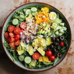 - 4 cups mixed salad greens (arugula, spinach, and romaine) - 1 cup cherry tomatoes, halved - 1 cup cooked, shredded chicken breast - 1 avocado, diced - 1/2 cup cucumber, diced - 1/4 cup crumbled feta cheese - 1/4 cup black olives, sliced - 2 hard-boiled eggs, sliced - 1/4 cup red onion, thinly sliced - 3 tablespoons olive oil - 2 tablespoons apple cider vinegar - 1 teaspoon Dijon mustard - Salt and pepper to taste A Healthy Cobb Salad packs a punch when it comes to nutrition. Each serving contains about 400 calories. - Macronutrient Breakdown: - Protein: 30 grams - Carbohydrates: 15 grams - Fat: 25 grams This salad gives you a good mix of protein, healthy fats, and fiber. It keeps you full and satisfied. To start, you need to cook the hard-boiled eggs. Place two eggs in a pot. Cover them with water until they are submerged. Bring the water to a boil. Once boiling, cover the pot and take it off the heat. Let the eggs sit for 12 minutes. After that, cool them in ice water. Peel the eggs and slice them for the salad. Next, chop and dice your other salad ingredients. Use fresh cherry tomatoes and cut them in half. Dice the avocado and cucumber into small pieces. You also need to shred the cooked chicken breast. Make sure everything is ready for the next step. Now it's time to assemble the salad. Start with a large salad bowl. Place the mixed greens at the bottom. This will be your base. On top of the greens, layer the ingredients. Place the cherry tomatoes, shredded chicken, diced avocado, cucumber, black olives, sliced hard-boiled eggs, and red onion in neat sections. This method keeps the salad organized and pretty. For a beautiful presentation, serve the salad in a shallow bowl. You can also arrange the ingredients in rows. This way, each color pops and looks appetizing. Now let’s make the dressing. In a small bowl, gather your ingredients for the dressing. You will need olive oil, apple cider vinegar, Dijon mustard, salt, and pepper. Measure the olive oil and vinegar first. Then, add the mustard, salt, and pepper to taste. Whisk the dressing together until it is fully combined. This will blend all the flavors. You can drizzle the dressing over the salad or serve it on the side. This way, everyone can add as much as they like. With these simple steps, you can create a Healthy Cobb Salad that is both simple and flavorful. Enjoy making this dish from the Full Recipe, and delight in the fresh tastes! To boost flavor in your Healthy Cobb Salad, try adding herbs like basil or parsley. A sprinkle of garlic powder or smoked paprika adds a tasty kick. You can also toss in some roasted nuts for crunch. If you want more protein, consider grilled shrimp or chickpeas. Both options blend well with the salad and give extra nutrients. Adding more veggies is easy, too. Try adding bell peppers, shredded carrots, or radishes for a vibrant crunch. A beautiful salad is all about the look. Use a large, shallow bowl to show off your colorful ingredients. Arrange each item in sections to create a rainbow effect. This makes each bite exciting. For garnishes, fresh herbs like cilantro or parsley work great. You can also add a few sliced radishes or edible flowers. These details make your salad pop on the plate. Cobb salads are easy to adapt for different diets. If you need a vegan option, swap chicken for grilled tofu or tempeh. You can also replace the feta cheese with a nut-based cheese. For gluten-free needs, ensure your dressing is gluten-free, too. You can add quinoa or farro for a hearty option. This way, everyone can enjoy a tasty salad that fits their needs. {{image_2}} You can switch up the protein in your Cobb salad. Turkey adds a lovely flavor. It’s lean and healthy. Tofu is a great choice for a plant-based meal. It absorbs flavors well. Shrimp is another tasty option. It cooks quick and adds a nice touch. You can also use beans, like chickpeas or black beans. They are full of protein and fiber. This makes your salad filling and nutritious. Dressing can change the whole taste of your salad. You might want a lighter dressing. Try a simple olive oil and lemon mix. It’s fresh and bright. Creamy dressings, like ranch or blue cheese, can be rich and hearty. Vinaigrettes are also great. They add a tangy flavor that pairs well with all ingredients. You can even mix and match to find your favorite. Using seasonal produce makes your Cobb salad even better. In spring, add fresh peas or radishes. In summer, try sweet corn or bell peppers. Fall is perfect for roasted squash or apples. They add sweetness and crunch. You can also toss in fruits like strawberries or peaches. This gives your salad a fun twist. It balances the savory flavors with a touch of sweetness. To keep your Healthy Cobb Salad fresh, store each ingredient separately. Use airtight containers. This keeps the greens crisp and the toppings flavorful. For the dressing, store it in a small jar or container. By doing this, you'll keep the salad from getting soggy. When refrigerated, leftovers last about three days. Look for signs of spoilage. If the greens turn brown or slimy, it's time to toss them. Also, check for any weird smell from the dressing. If it smells off, don’t use it. You can prepare ingredients ahead of time. Cook the chicken and boil the eggs a few days before. Chop the veggies and store them in containers. On the day you want to eat, just assemble the salad quickly. This makes healthy meals easy and fast throughout the week. A Cobb salad is a mix of fresh ingredients. It usually has greens, protein, and toppings. The Cobb salad came from the Brown Derby restaurant in Hollywood. The chef created it in the 1930s using leftovers. It became a popular dish, loved for its flavors and colors. Yes, you can make a vegan Cobb salad! To do this, swap out the chicken for chickpeas or lentils. Use avocado to add creaminess. Instead of hard-boiled eggs, try using marinated tofu. For cheese, use a vegan feta or leave it out. This way, everyone can enjoy it. The best greens for a Cobb salad include: - Arugula - Spinach - Romaine lettuce These greens give a nice crunch and flavor. You can also mix in kale or spring mix for variety. Choose greens you enjoy to make the salad more fun. To make the healthiest Cobb salad, choose fresh, organic ingredients when you can. Use lean proteins like grilled chicken or turkey. Opt for low-fat cheese or skip it altogether. Keep dressings light by using olive oil and vinegar. Watch your portion sizes to keep it balanced. Yes, the Healthy Cobb Salad is great for meal prep! You can make the dressing ahead of time and store it separately. Prepare the chicken and chop the veggies in advance. Keep the salad greens fresh by storing them in a sealed container. This way, you can enjoy quick, healthy meals from the Full Recipe all week long. The Healthy Cobb Salad offers balanced nutrition and great flavor. We explored the essential ingredients, from mixed greens to rich dressings. Preparing your salad step-by-step makes the process easy. Remember, you can customize this dish to fit any diet. Always consider seasonal ingredients to enhance taste. With proper storage, you can enjoy your leftovers without worry. A Cobb salad can be a fun and healthy meal choice all week long. Consider your options, get creative, and enjoy the process of making this delightful dish.