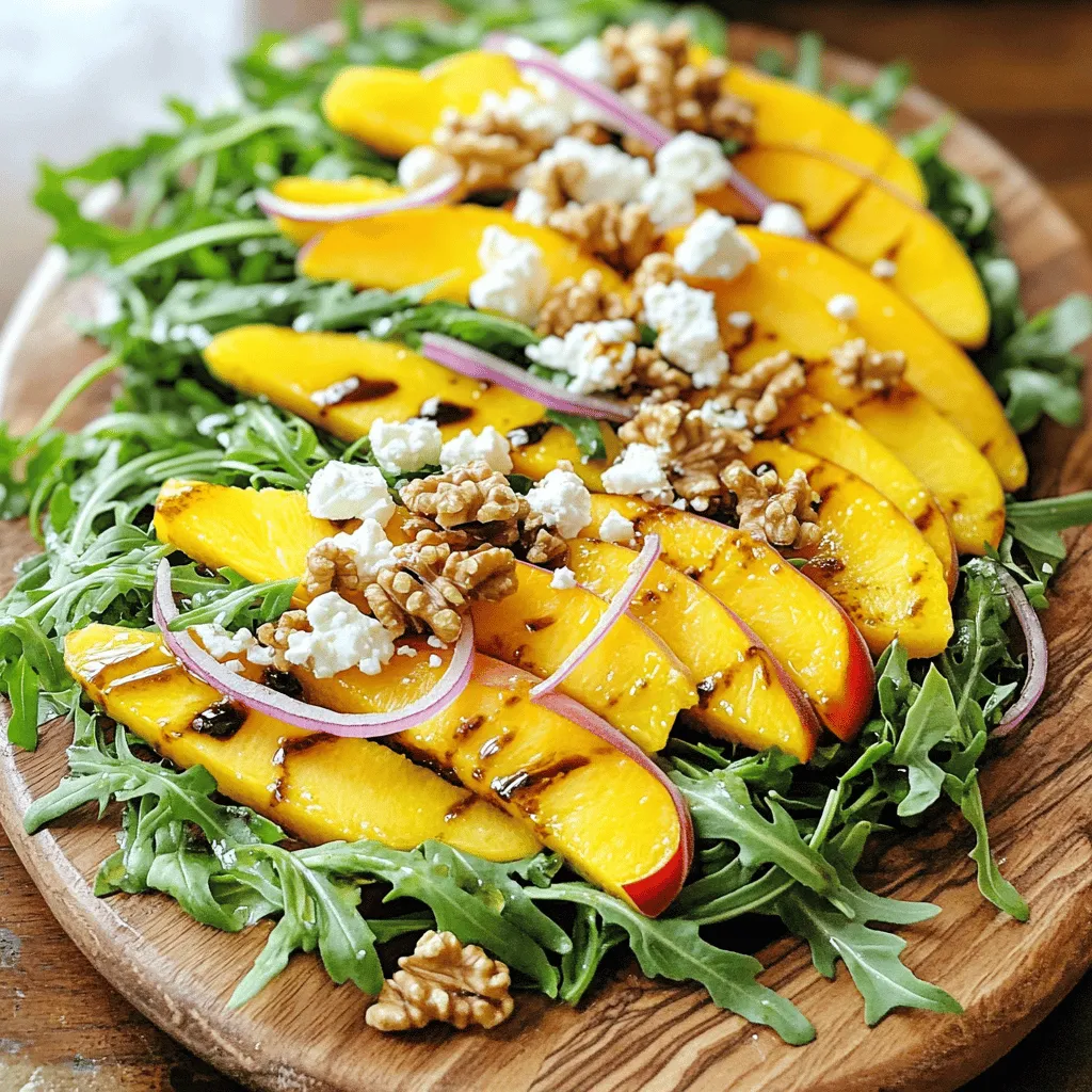 - 4 ripe peaches, sliced - 5 cups arugula, washed and dried - 1 cup crumbled feta cheese - 1/2 cup walnuts, toasted and roughly chopped - 1/2 red onion, thinly sliced - 3 tablespoons olive oil - 2 tablespoons balsamic vinegar - 1 tablespoon honey - Salt and pepper to taste This salad combines beautiful colors and fresh flavors. The main ingredients create a sweet and savory mix. You get juicy peaches, peppery arugula, and creamy feta. Each bite offers a balance of textures. The additional ingredients enhance the salad. Toasted walnuts add crunch. The red onion gives a sharp bite. These elements make the dish lively and interesting. For the dressing, you need simple items. Olive oil adds richness, while balsamic vinegar gives a tangy kick. Honey sweetens the mix, balancing the salad's flavors. Just add salt and pepper to taste. This Summer Peach Feta Arugula Salad is quick to make. You can enjoy it fresh or let it sit for a bit. For the full recipe, check the provided link. - Combine sliced peaches and arugula in a large mixing bowl. - Gently toss to mix without bruising the peaches. This step is key. You want those sweet, juicy peaches to stay intact. Mixing them gently keeps their lovely shape and flavor. - Incorporate crumbled feta cheese, toasted walnuts, and sliced red onion. Now, it’s time to add some crunch and creaminess. The feta cheese gives a salty kick. The walnuts add a nice crunch, while the red onion brings a bit of sharpness. Each bite will be a flavor explosion. - Whisk together olive oil, balsamic vinegar, honey, salt, and pepper. - Drizzle the dressing over the salad and toss gently. This dressing ties everything together. The olive oil and vinegar balance well. Honey adds a touch of sweetness. Drizzle it over the salad and toss lightly. Make sure all the ingredients get a nice coating. For the full recipe, check the earlier section. Enjoy your fresh and flavorful dish! - Serve on a large platter or in individual bowls. This makes it easy for people to take their share. - Drizzle extra balsamic on top for presentation. It adds a nice touch and extra flavor. - Let the salad sit for 10 minutes before serving for enhanced flavor. This helps the ingredients marry well. - Adjust seasoning to taste with salt, pepper, or honey. Each bite should be just right for you. - Garnish with a sprig of mint for a fresh pop of color. It looks pretty and adds a nice aroma. This salad is not just tasty; it’s also easy to make. For the full recipe, check out the main section. Enjoy creating this vibrant dish! {{image_2}} You can change up the fruit in this salad. Use strawberries or blueberries instead of peaches. These berries add a sweet burst to each bite. If you want a different cheese, try goat cheese instead of feta. Goat cheese has a creamy texture that pairs well with the salad’s freshness. The nuts in this salad add crunch and flavor. You can swap walnuts for pecans or almonds based on what you like. Pecans have a buttery taste, while almonds add a nice crunch. For an extra crunch, consider adding sunflower or pumpkin seeds. They also boost the salad’s nutritional value. If you need a gluten-free salad, double-check your ingredients. Make sure all items are certified gluten-free. This way, everyone can enjoy the salad without worry. Enjoy this bright and tasty dish anytime during summer! For the full recipe, check out the details above! Store any leftover salad in an airtight container in the refrigerator. This helps keep the salad fresh and tasty. Make sure to seal it well to avoid any strong odors from the fridge. If you mix the dressing in, it might make the arugula soggy. So, consider storing the dressing separately. For the best taste and quality, consume the salad within 1-2 days. The flavors change over time, and fresh ingredients lose their crunch. Eating it sooner ensures you enjoy the full flavor of the peaches and feta. Freezing is not the best option for this salad. If you freeze it, the texture of the arugula and peaches may change. The arugula can become mushy, and the peaches may lose their firmness. If you have leftovers, it's best to eat them fresh instead of freezing. For more details, check the Full Recipe. To make Summer Peach Feta Arugula Salad, follow these steps. First, slice four ripe peaches and wash five cups of arugula. In a large bowl, combine the peaches and arugula. Toss them gently to mix without bruising the peaches. Next, add one cup of crumbled feta cheese, half a cup of toasted walnuts, and half a thinly sliced red onion to the bowl. In a separate small bowl, whisk together three tablespoons of olive oil, two tablespoons of balsamic vinegar, one tablespoon of honey, and a pinch of salt and pepper. Drizzle the dressing over the salad and toss gently until everything is coated. Taste and adjust the seasoning if needed. For a full recipe, check the article. You can prep some ingredients ahead of time, but it is best to assemble the salad just before serving. This keeps the arugula crisp and the peaches fresh. If you mix it too early, the salad may become soggy. Keep the dressing separate until you are ready to serve for the best taste. This salad is packed with health benefits. It is rich in vitamins from the peaches and arugula. You also get antioxidants from the walnuts. The feta cheese adds healthy fats, while the honey provides a touch of sweetness without many calories. Overall, this salad is low in calories, making it a great option for a light meal or side dish. This salad combines fresh peaches, peppery arugula, and creamy feta for a tasty dish. You can enhance it with walnuts, red onion, and a light dressing. Remember to serve it fresh for the best flavor. You can also experiment with seasonal fruits and nuts to suit your taste. Proper storage is key to keeping it fresh. Enjoy this healthy salad as a vibrant addition to your meals!