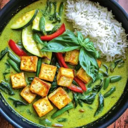 To make a tasty Thai green curry with tofu, you need: - 400g firm tofu, pressed and cubed - 2 tablespoons coconut oil - 1 can (400ml) coconut milk - 2-3 tablespoons Thai green curry paste - 1 cup vegetable broth - 1 bell pepper, sliced - 1 zucchini, sliced - 1 cup green beans, trimmed - 1 cup baby spinach - 2 teaspoons soy sauce - 1 tablespoon lime juice - Fresh basil leaves for garnish - Cooked jasmine rice, for serving These ingredients combine to create a rich and creamy flavor. Each adds its unique taste, making the dish special. You can add extra ingredients to enhance your curry: - Mushrooms for a meaty texture - Carrots for sweetness - Peas for bright color and taste - Thai basil for more herb flavor These options let you customize the dish to your liking. If you have dietary needs, you can swap some ingredients: - Use tempeh instead of tofu for a firmer texture. - Choose coconut cream for a richer sauce. - Try vegetable broth with no added sodium for a healthier option. - Use tamari instead of soy sauce for gluten-free needs. These swaps ensure everyone can enjoy this meal. Feel free to explore and make it your own! For the full recipe, check out the detailed steps included. To start, I press the tofu. This step removes extra water. It helps the tofu soak up flavors. I cut the pressed tofu into cubes. Aim for bite-sized pieces. This makes it easy to eat. Next, I heat coconut oil in a large skillet. I set the heat to medium-high. Once the oil is hot, I add the tofu cubes. I sauté the tofu until it turns golden brown. This takes about 5-7 minutes. After that, I remove the tofu and set it aside. Now, I turn my focus to the curry base. In the same skillet, I add the Thai green curry paste. I let it cook for 1-2 minutes. This step brings out the flavors. Then, I pour in the coconut milk and vegetable broth. I stir everything well. Soon, the mixture starts to simmer gently. This is when the magic begins! I add sliced bell pepper, zucchini, and green beans next. I let the veggies cook for about 5-7 minutes. They should be tender yet still crisp. After that, I return the sautéed tofu to the skillet. I stir in baby spinach, soy sauce, and lime juice. I cook it for another 2-3 minutes. The spinach should wilt, and everything should heat through. Finally, I taste the curry. I adjust the flavor if needed. A little more soy sauce or lime juice can enhance it. Once done, I serve the curry hot. I garnish it with fresh basil leaves. Enjoy it alongside cooked jasmine rice for a complete meal! Tofu can be tricky. Start with firm tofu for the best results. Press it to remove excess water. This step helps the tofu absorb flavors. Cut it into small cubes. Sauté it in hot coconut oil. Cook until golden brown on all sides. This gives a nice texture and flavor. Use high-quality Thai green curry paste. It adds depth to your dish. Add it to the hot oil before the liquids. Let it cook for a couple of minutes. This brings out the flavors. Don't forget to add lime juice and soy sauce. They brighten the dish and balance the heat. Cook your vegetables to keep them crisp. Start with the firmer ones, like bell peppers and green beans. Add them to the skillet first. Cook for about 5-7 minutes. Add softer greens, like spinach, last. It only takes a few minutes to wilt. This keeps your dish colorful and crunchy. For the full recipe, check out the details above. {{image_2}} You can make Thai green curry even better by adding more veggies. Try carrots, broccoli, or snap peas. These add color and crunch. Chop them into bite-sized pieces for even cooking. Add them after the bell pepper but before the spinach. They will cook just right and keep their fresh taste. If you want a different protein, chicken or shrimp works well. Cut the chicken into small pieces and cook it first. For shrimp, add them just before the curry is done. If you prefer a plant-based option, try tempeh or chickpeas. They both soak up the curry flavor nicely. To make your curry spicier, add more green curry paste. You can also add fresh chili peppers. Slice them thinly and stir them in while cooking. If you want more heat, try a pinch of red pepper flakes. Adjust the spice level to match your taste. Personalize it to make every bite exciting! For the full recipe, check out the complete guide on preparing this delicious dish. Store any leftover Thai green curry in an airtight container. Keep it in the fridge. It stays fresh for up to three days. Make sure it cools down before sealing. This helps keep the flavor intact. You can freeze Thai green curry if you want to save some for later. Place it in a freezer-safe container. Leave some space at the top for expansion. It can last up to three months in the freezer. Just remember to label it with the date. When you’re ready to eat, thaw the curry in the fridge overnight. You can reheat it on the stove over low heat. Stir it often to warm it evenly. If it's too thick, add a splash of vegetable broth or water. You can also use the microwave. Heat it in short bursts, stirring in between. Enjoy it warm, with fresh jasmine rice on the side. For the full recipe, check the link. Yes, you can use homemade Thai green curry paste. Making it fresh gives a bold taste. If you're up for it, blend fresh herbs, green chilies, and spices. This adds a personal touch to your meal. To make your curry spicier, add more Thai green curry paste. You can also include fresh chilies or red pepper flakes. Start with a little, then taste as you go. This way, you control the heat level. Serve Thai green curry with jasmine rice for a classic meal. You can also pair it with naan or rice noodles. Fresh herbs like cilantro or basil add a nice touch. Enjoy your meal with a refreshing drink to balance the spice. For the full recipe, check the link above. In this post, we covered key ingredients for Thai green curry and how to prepare it. You learned about options for tofu, substitutions for diets, and tips for perfecting texture and flavor. We also explored variations and storage methods. You can make this dish your own by adjusting spices and adding vegetables. Remember, the best curry reflects your taste. Enjoy your cooking!