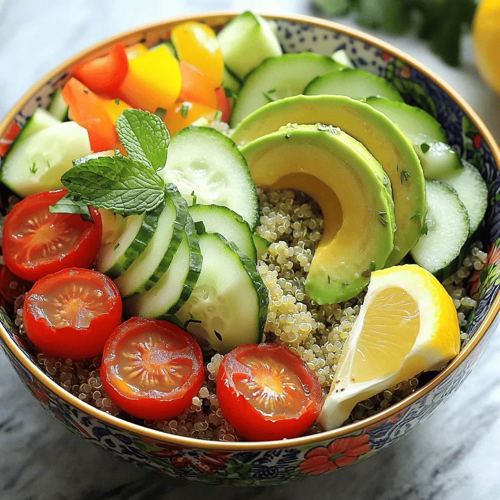To make a tasty Zesty Lemon Herb Quinoa Bowl, you need some key ingredients. Gather these: - 1 cup quinoa, rinsed - 2 cups vegetable broth - 1 cup cherry tomatoes, halved - 1 cucumber, diced - 1 bell pepper (any color), diced - 1 avocado, sliced - 1/4 cup fresh parsley, chopped - 1/4 cup fresh mint, chopped - Juice of 1 large lemon - 3 tablespoons olive oil - Salt and pepper to taste - 1/4 teaspoon red pepper flakes (optional) These ingredients create a bright, fresh flavor. The quinoa serves as a great base. The vegetables add color and crunch. The herbs bring a burst of freshness. And the lemon juice gives it a zesty kick. You can add more to this bowl if you like. Here are some fun options: - Feta cheese for a salty bite - Chickpeas for extra protein - Grilled chicken for a hearty meal - Sliced olives for a briny touch - Nuts or seeds for added crunch These add-ins can make your dish more filling and flavorful. Feel free to mix and match based on what you enjoy. If you have any dietary needs, there are easy swaps. - For a gluten-free option, quinoa is already safe to use. - If you want a lower-carb dish, replace quinoa with cauliflower rice. - For a vegan version, ensure the dressing is free from animal products. - Swap the vegetable broth for water if you prefer. These substitutions keep the dish tasty while meeting your diet needs. You can always adjust based on what you have at home. For the full recipe, check out the details above. To start, bring 2 cups of vegetable broth to a boil in a medium saucepan. This broth adds great flavor to the quinoa. Next, add 1 cup of rinsed quinoa to the boiling broth. Reduce the heat to a simmer and cover the pot. Cook it for about 15 minutes. The quinoa should be fluffy and the liquid should be gone. Once done, remove it from the heat and let it cool a bit. In a large mixing bowl, combine the cooked quinoa with the chopped cherry tomatoes, diced cucumber, and diced bell pepper. These fresh veggies add color and crunch. Be gentle when you toss everything together. You want the ingredients to mix well but not mash them up. Now, let’s make the zesty dressing. In a small bowl, whisk together the juice of 1 large lemon, 3 tablespoons of olive oil, salt, and pepper. If you like some heat, add 1/4 teaspoon of red pepper flakes. This dressing brings brightness to the dish. Pour it over the quinoa mix and toss again. Finally, fold in 1/4 cup of chopped parsley and 1/4 cup of chopped mint. These herbs add a fresh kick. You can find the full recipe for this dish above. To make fluffy quinoa, rinse it first. This removes the bitter coating. Use a fine mesh strainer. After rinsing, add the quinoa to boiling vegetable broth. Cover and lower the heat. Cook for about 15 minutes. When done, let it sit for 5 minutes. Fluff it gently with a fork. This method ensures each grain is separate and soft. You can make this dish ahead of time. Prepare the quinoa and store it in the fridge. Mix the veggies and dressing separately. Combine them just before serving. This keeps everything fresh. If you want, serve it warm or cold. It works well as a side or main dish. Presentation matters! Serve your quinoa in colorful bowls. Slice the avocado and fan it out on top. Add a sprinkle of fresh herbs for color. A lemon wedge on the side adds zest. You can even drizzle some extra olive oil for shine. This makes your zesty lemon herb quinoa bowl look as good as it tastes. For the full recipe, check the earlier section. {{image_2}} You can make your Zesty Lemon Herb Quinoa Bowl heartier by adding proteins. Chickpeas are a great choice. They add fiber and flavor. Just rinse a can of chickpeas and toss them in with your quinoa. If you prefer meat, grilled chicken works well too. Simply season and grill the chicken, then slice it and add it on top. Both options boost protein and keep you full. The great thing about this bowl is its flexibility. You can swap in seasonal vegetables to keep it fresh. In spring, try adding asparagus or snap peas. In summer, use fresh corn or zucchini. For fall, roasted butternut squash or Brussels sprouts add warmth. Winter months call for hearty greens like kale or Swiss chard. These swaps keep the dish exciting all year round. This recipe is naturally vegan and gluten-free, but you can enhance it for different diets. For a vegan protein boost, use tofu or tempeh. Simply sauté them until golden and mix them into the bowl. If you want to keep it gluten-free, always check your broth and ingredients. Most vegetable broths are safe, but it's good to confirm. Enjoy a tasty, safe meal that fits your needs. For the full recipe, check out the ingredients and instructions above. Store your Zesty Lemon Herb Quinoa Bowl in an airtight container. This keeps the dish fresh and tasty. Let the bowl cool to room temperature before sealing. You can keep it in the fridge for up to three days. If you notice any signs of spoilage, toss it out. To reheat, take the quinoa bowl from the fridge. You can use the microwave or a stovetop. For the microwave, heat it in short bursts. Stir it every thirty seconds. This helps it heat evenly. If using the stovetop, add a splash of water. Heat over low heat, stirring often until warm. This quinoa bowl lasts about three days in the fridge. If you want to save it longer, freeze it. Place the cooled quinoa bowl in a freezer-safe container. It can stay in the freezer for up to three months. When you are ready to eat, thaw it in the fridge overnight. Reheat it before serving. Enjoy it fresh again! You can find the full recipe above for more details. If you want a substitute for quinoa, try using brown rice or farro. Both grains work well. They have a good texture and flavor. Brown rice takes longer to cook, so adjust your time. Farro cooks faster, which is a plus. You can also use couscous for a quick option. Couscous cooks in just a few minutes and soaks up flavors nicely. To boost protein, add beans or chickpeas. They are healthy and filling. Try one cup of canned black beans or chickpeas, rinsed and drained. You can also toss in cooked chicken or shrimp for more protein. Tofu or tempeh makes a great vegan option. Just cube and sauté them before mixing into the bowl. Yes, you can make this dish ahead of time! It stores well in the fridge for up to three days. Keep the dressing separate until you are ready to serve. This helps keep your quinoa fresh and tasty. Just mix it all together before serving. If you want to enjoy it warm, simply reheat it in the microwave or on the stove. For a quick meal, this makes a perfect option. Check the Full Recipe for more details! The Zesty Lemon Herb Quinoa Bowl is a fresh and tasty dish. We covered key ingredients, simple steps, and helpful tips. You learned how to cook fluffy quinoa and mix in vibrant flavors. You can customize this bowl with proteins or seasonal veggies. Remember to store leftovers well for future meals. With these guides, you can create a healthy and delicious dish anytime. Enjoy your cooking journey!