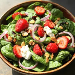 - Spinach - Strawberries - Goat Cheese - Sliced Almonds - Red Onion For this salad, fresh ingredients make a big difference. Spinach is the base. Use four cups of washed and dried spinach. Make sure it is crisp and bright green. Strawberries add sweetness. You need one cup of hulled and sliced strawberries. Their red color is eye-catching. Goat cheese brings a creamy touch. Use half a cup of crumbled goat cheese for flavor. Sliced almonds add crunch. A quarter cup of toasted sliced almonds works well. Red onion gives a sharp taste. Use just a quarter of a red onion, thinly sliced. - Balsamic Vinegar - Olive Oil - Honey - Salt and Pepper You need some pantry staples for the dressing. Balsamic vinegar adds tang. Use two tablespoons for a bright flavor. Olive oil brings richness. One tablespoon is enough for this recipe. Honey adds a hint of sweetness. One teaspoon will balance the flavors. Don’t forget salt and pepper. They bring out the taste of the salad. You can adjust these to fit your preference. For the full recipe, check the details above. - Combine Fresh Spinach and Strawberries Start by placing the fresh spinach in a large salad bowl. I like to wash and dry it first to keep it crisp. Next, add the sliced strawberries. Their sweetness brightens the salad. - Add Cheese and Nuts Crumble the goat cheese over the salad. The creamy texture pairs well with the other ingredients. Then, sprinkle the toasted sliced almonds. They add a nice crunch and nutty flavor. - Whisk the Dressing Ingredients In a small bowl, mix the balsamic vinegar, olive oil, and honey. I add a pinch of salt and pepper to enhance the taste. Whisk until everything blends well. This dressing is simple yet flavorful. - Toss Salad and Serve Drizzle the dressing over the salad. Use two large spoons to gently toss everything together. Make sure all the ingredients are coated with the dressing. Serve it right away for the best taste. - Images or Video of Each Step Visual aids can help you see how each step looks. I recommend taking pictures as you prepare your salad or watching a video for guidance. - Tips for Preparing Ingredients When washing spinach, make sure to dry it well. Wet leaves can make the salad soggy. Also, slice strawberries just before serving to keep them fresh and vibrant. You can find the full recipe for this quick strawberry spinach salad to follow along with these steps. Selecting the Best Strawberries Choose strawberries that are bright red and firm. They should smell sweet. Look for berries with no soft spots. Fresh strawberries make your salad taste better. If you can, buy them local. This way, they are fresh and ripe. How to Toast Almonds Properly To toast almonds, place them in a dry pan over medium heat. Watch them closely so they do not burn. Stir them often for even toasting. You will know they are done when they smell nutty. This step adds crunch and flavor to your salad. Balancing Flavors in the Dressing A great dressing brings the salad together. Mix balsamic vinegar with olive oil for a good base. Add honey for sweetness. Season with salt and pepper to taste. Taste as you go. This helps you find the perfect balance. Adding Protein Options To make this salad more filling, add protein. Grilled chicken or shrimp works well. You can also use chickpeas or beans for a vegetarian option. This change makes the salad a complete meal. Incorporating Seasonal Fruits Mix in seasonal fruits for added flavor and color. In summer, try peaches or blueberries. In fall, add apples or pears. This not only enhances taste but also boosts nutrition. Use the freshest fruits for the best results. For the full recipe, follow the detailed steps provided above. Enjoy your delicious creation! {{image_2}} You can change a few ingredients in the Quick Strawberry Spinach Salad for different tastes. - Cheese Alternatives: If you do not like goat cheese, try feta or blue cheese. Both add a nice tang. You can also use mozzarella for a milder flavor. - Different Nut Options: If almonds are not your favorite, use walnuts or pecans. Both add a great crunch and flavor. You can also skip nuts if you prefer a nut-free salad. Using seasonal fruits can change the salad's taste and feel. - Spring Berry Mix: In spring, mix in blueberries or raspberries for a colorful twist. These berries add a burst of flavor and extra nutrients. - Summer Citrus Spinach Salad: In summer, add orange or grapefruit slices. The citrus gives a fresh zing, perfect for hot days. You can use any citrus fruit you like for a fun change. For the complete recipe, check out the Full Recipe section. Enjoy experimenting with these ideas in your own kitchen! How to Store the Salad To keep your salad fresh, store it in an airtight container. Make sure to separate the dressing from the salad. This will prevent the spinach from wilting. You can add the dressing just before serving. Keeping Ingredients Fresh To keep your spinach crisp, wrap it in a damp paper towel. Place it in a sealed bag. For the strawberries, store them in the fridge. Keep them in their original container or a breathable bag. This helps them stay firm and tasty. How Long Will the Salad Last? The salad will last about 2 days in the fridge. After that, the spinach may lose its crunch. The strawberries might start to spoil, too. Always check for freshness before eating. Ideal Ways to Reuse Leftover Ingredients You can add leftover spinach to smoothies or omelets. Use extra strawberries in yogurt or oatmeal. Crumbled goat cheese makes a great topping for pasta or on toast. This way, nothing goes to waste! You can find the full recipe for this salad [here](#). Yes, you can make the salad ahead. Keep the dressing separate until serving. This keeps the salad fresh and crisp. You can use feta cheese or ricotta cheese instead of goat cheese. Both add a nice creamy touch. Yes, this salad works well for meal prep. Just store the spinach and toppings separately. Add the dressing when you are ready to eat. You can add grilled chicken, chickpeas, or tofu for extra protein. These options are tasty and filling. Balsamic vinaigrette is great, but you can also use honey mustard or a light citrus dressing. Each adds a different flavor to the salad. For the full recipe, check out the section on ingredients and instructions! I covered fresh and pantry ingredients for a delicious salad. I gave clear steps for preparation and shared expert tips to enhance your dish. You can adapt the recipe with seasonal variations and ingredient swaps. Storing leftovers properly ensures you enjoy the salad longer. By following these steps, you can create a tasty, healthy meal anytime. Enjoy trying these ideas, and have fun experimenting in your kitchen!