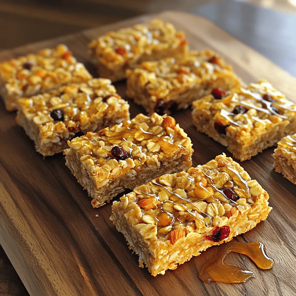 To make your healthy oatmeal breakfast bars, you need some key items: - 2 cups rolled oats - 1/2 cup almond butter - 1/4 cup honey or maple syrup These main ingredients give the bars their chewy texture and sweet flavor. Rolled oats are the base. Almond butter adds healthy fats and protein. Honey or maple syrup helps bind everything together and adds sweetness. You can make these bars even better with tasty add-ins: - 1/2 cup mixed nuts (walnuts, almonds, or pecans), chopped - 1/4 cup dried fruits (cranberries or raisins) - 1 teaspoon vanilla extract - 1 teaspoon cinnamon These add-ins bring fun flavors and textures. Nuts add crunch, while dried fruits give a sweet chewiness. Vanilla extract and cinnamon boost the overall taste. If you want to switch things up, consider these options: - Substitute almond butter with peanut butter or sunflower seed butter. - Use gluten-free oats to make the bars suitable for those with gluten sensitivities. These optional ingredients allow you to customize the bars to fit your taste or dietary needs. 1. Preheat your oven to 350°F (175°C). 2. Line an 8x8 inch baking pan with parchment paper. Leave some overhang. This helps with easy removal later. 3. In a large bowl, combine the rolled oats, cinnamon, salt, and baking soda. Mix well until all dry ingredients blend together. 1. In another bowl, mix the almond butter, honey or maple syrup, mashed banana, applesauce, and vanilla extract. Stir until the mixture is smooth. 2. Pour the wet mix into the dry mix. Stir until well combined. The texture should be thick but sticky. 3. Fold in the chopped nuts and dried fruits. Make sure they are evenly spread throughout the mixture. 1. Transfer the mixture to your prepared baking pan. Press it down firmly with a spatula. This helps create an even surface. 2. Bake in your preheated oven for 25-30 minutes. Look for golden brown edges. A toothpick should come out clean when inserted in the center. 3. Once baked, let it cool in the pan for about 10 minutes. Lift the bars out using the parchment overhang. Transfer to a wire rack to cool completely. 4. After cooling, cut into small squares or bars. Store them in an airtight container for up to a week, or freeze for longer storage. For the full recipe, check the ingredients and instructions above. To get the best texture in your oatmeal bars, measure your ingredients carefully. Too much or too little of something can change the whole dish. Use a kitchen scale for accuracy. Mixing the dry and wet ingredients well is key. You want every bite to be full of flavor. To ensure even baking, press the mixture firmly into the pan. This gives you a nice, flat surface. Also, check your oven temperature with a thermometer. Sometimes, ovens can be off, and this can affect your bars. These oatmeal bars are great for any time of day. You can serve them as a breakfast option or a snack. They pair well with fresh fruits like berries or bananas. A dollop of yogurt on the side works wonders too. This adds creaminess and extra flavor. You can also enjoy them with a cup of tea or coffee. You can make your oatmeal bars even better with some fun add-ins. Try adding spices like nutmeg or ginger for a warm flavor. You can also add superfoods like chia seeds or flaxseeds for health benefits. Adjust the sweetness by using more or less honey or maple syrup. This way, you can make them just how you like. Experiment until you find your perfect mix. Remember, this recipe is just a starting point. For the full recipe, check out the section above. {{image_2}} You can mix up the flavors of your oatmeal bars easily. Here are two tasty ideas: - Chocolate chip oatmeal bars: Just add 1/2 cup of dark chocolate chips to the mix. This will give your bars a sweet and rich flavor. - Peanut butter and banana bars: Swap almond butter for peanut butter and add more mashed banana. This will enhance the banana taste and add creaminess. If you want a healthier twist, try these options: - Raw oats version: Use raw oats without cooking. Just mix them with the wet ingredients. This makes the bars chewy and nutritious. - No added sugar options: Use ripe bananas or unsweetened applesauce for sweetness. This keeps the sugar low while adding natural flavor. You can change the bars with seasonal flavors. Here are some fun ideas: - Fall-inspired bars with pumpkin: Add 1/2 cup of pumpkin puree and a bit of nutmeg. This gives a warm, cozy flavor perfect for fall. - Summer berry bars: Mix in 1/2 cup of fresh or frozen berries. This will add color and a burst of fruity goodness to your bars. These variations keep your healthy oatmeal breakfast bars exciting and delicious. You can explore the [Full Recipe] for more ideas. Store your healthy oatmeal breakfast bars in an airtight container. This keeps them fresh longer. If you want to keep them for a while, use freezer storage. Just make sure to wrap each bar in plastic wrap before placing them in a freezer bag. This helps prevent freezer burn. To keep bars fresh, place a small piece of bread in the container. It adds moisture and keeps the bars soft. To freeze, cut the bars into squares first. Wrap each square tightly in plastic wrap. Then, put them in a freezer-safe bag. You can keep them in the freezer for up to three months. When you're ready to eat, take a bar out and let it thaw at room temperature. For quicker thawing, you can microwave it for about 20 seconds. In your pantry, these bars last about one week if stored correctly. Check for signs of spoilage before eating. If you notice any mold or an off smell, it’s best to toss them. Fresh and tasty bars should have a pleasant aroma and a firm texture. Enjoy your homemade snack knowing it’s safe and healthy! For the full recipe, check the details above. Can I make these vegan? Yes, you can make these bars vegan. Just use maple syrup instead of honey. Choose a nut butter made without added dairy. Both substitutions keep the bars tasty and healthy. How to make them gluten-free? To make these bars gluten-free, use certified gluten-free rolled oats. This ensures no cross-contamination with gluten grains. The other ingredients are naturally gluten-free too. Can I replace almond butter? Yes, you can replace almond butter with peanut butter or sunflower seed butter. Both options work well and add great flavor. Choose based on your taste or allergies. What can I use instead of honey? If you want to avoid honey, use maple syrup or agave syrup. Both are great sweeteners that keep the bars moist and delicious. Caloric content per serving Each bar has about 150 calories. This gives you a nice, filling snack or breakfast option. Breakdown of macronutrients - Carbohydrates: 22g - Protein: 4g - Fat: 7g These bars offer a balanced mix of nutrients to keep you satisfied. You’ve learned how to make tasty oatmeal bars using simple ingredients. With rolled oats, almond butter, and your choice of sweeteners, you can create a healthy snack. Remember to follow the steps closely for the best results. Feel free to customize with fruits or flavors you love. Store your bars properly to keep them fresh. You can even adjust the recipe for different seasons or dietary needs. Enjoy your baking journey and share these bars with family and friends!