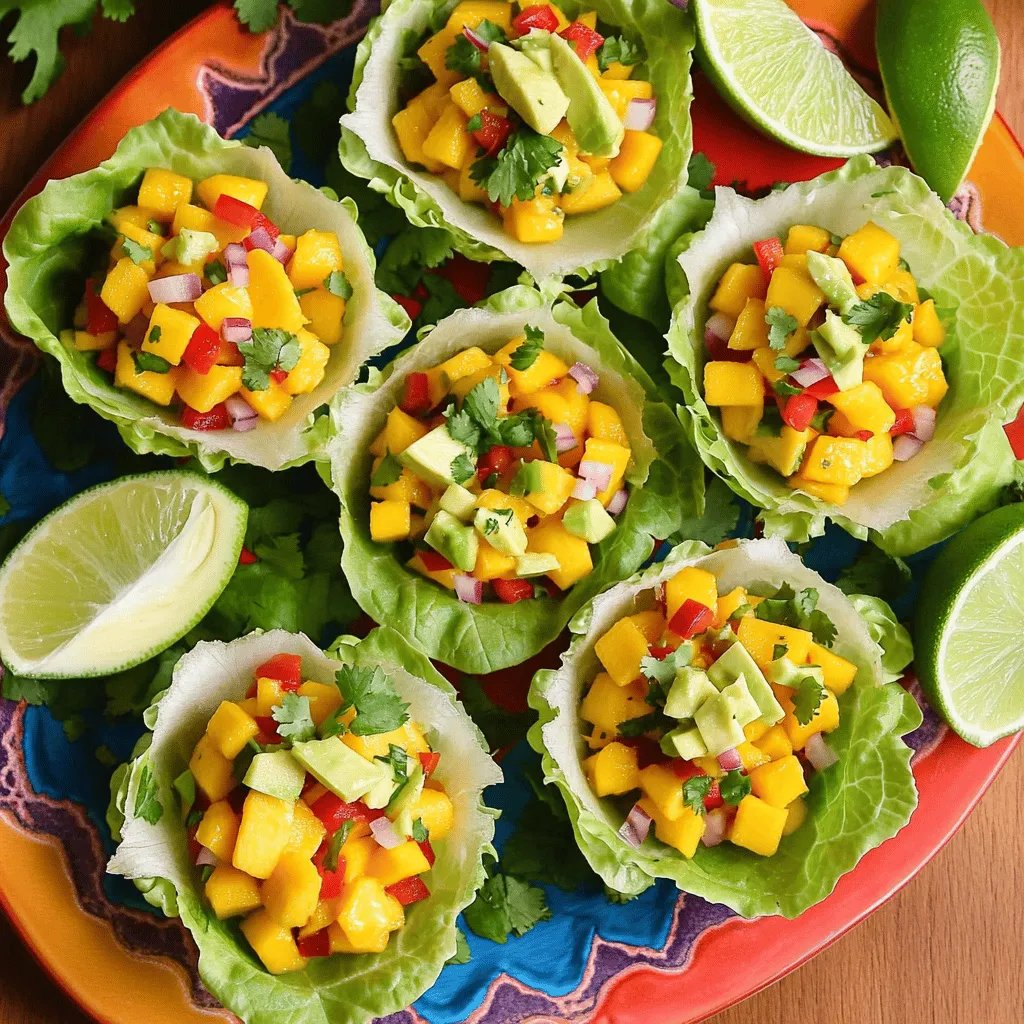 - Diced mangos - Chopped red bell pepper - Finely chopped red onion Using fresh ingredients gives your mango salsa its bright flavor. Diced mangos bring sweetness and juiciness. Chopped red bell pepper adds crunch and color. Finely chopped red onion gives a sharp bite that balances the salsa. - Diced avocado - Additional spices for flavor enhancement You can add diced avocado for creaminess. It makes the salsa richer. You can also experiment with spices like cumin or chili powder. These can add depth to the flavor. - Butter lettuce vs. romaine leaves When choosing lettuce, you can use butter lettuce or romaine leaves. Butter lettuce has a soft, sweet taste. It wraps around the salsa nicely. Romaine has a crisp texture and holds up well. Both options add crunch to your dish. First, grab a mixing bowl. You will combine the diced mangos, chopped red bell pepper, finely chopped red onion, and minced jalapeño. Use a spatula to mix these ingredients gently. This helps keep the mangos intact. Next, add the chopped cilantro and fresh lime juice to the bowl. Mix everything until it forms a colorful and tasty salsa. Remember to taste the mixture. You might want to add salt and pepper for extra flavor. Now, it’s time to assemble the cups! Take your butter lettuce or romaine leaves and lay them flat on a serving plate. Use a spoon to add a generous scoop of the mango salsa onto each lettuce leaf. The bright colors will look amazing! If you want to make it even better, add diced avocado on top. This will give your cups a nice creaminess. For presentation, arrange the lettuce cups neatly on a colorful platter. You can sprinkle some cilantro on top for a little flair. Place lime wedges on the side for an extra zing. This not only looks good but also adds a fresh taste. Enjoy your Mango Salsa Lettuce Cups as a light meal or a fun appetizer! For the full recipe, check out the details above. Choosing ripe mangos To make the best mango salsa, you need ripe mangos. Look for mangos that feel slightly soft when you gently squeeze them. They should give off a sweet smell, which means they are ready to eat. If the skin has some red or yellow color, that’s a good sign too. Avoid hard or overly mushy mangos. Adjusting seasoning to taste Once you mix your salsa, taste it. You can add more salt or pepper if needed. Each mango has its own sweetness, so adjust the lime juice too. If it’s too sweet, a bit more lime juice can brighten it up. Always taste as you go! Incorporating additional spices or herbs Want to kick up the flavor? Try adding spices like cumin or chili powder. Fresh herbs like mint or basil can also add a twist. Just chop them finely and mix them in. This gives your salsa a unique touch. Serving temperature and freshness Mango salsa tastes best when it’s fresh and chilled. Keep it in the fridge for at least 30 minutes before serving. This allows the flavors to blend. Serve it right away for the best taste. If it sits too long, it might lose its crunch. Efficient prep and storage of unused ingredients To make clean-up easy, prepare all your ingredients first. Use a cutting board and keep a bowl for scraps. Store leftover mango, bell pepper, or onion in airtight containers. This keeps them fresh for your next meal. Tips for a quick tidy-up after cooking After cooking, wipe down your counter and wash your tools. Soak any sticky pots or bowls in warm, soapy water. This makes scrubbing easier later. With just a little effort, your kitchen will be clean in no time! {{image_2}} You can add grilled chicken or shrimp for a tasty boost. Simply cook the protein until it's done, then chop it into small pieces. Mix it with the mango salsa for a filling meal. If you want a vegetarian option, black beans work great too. They add protein and a nice texture without meat. Try different flavors to make your salsa unique. Citrus juices like orange or lemon can brighten the dish. You might also consider using different peppers for heat, like a poblano or serrano. Adding fruits like pineapple or papaya can bring sweetness and a fun twist. Just chop them up and mix them in for extra flavor. You can turn this dish into a salad. Just mix the mango salsa with greens and serve in a bowl. This is a refreshing option for lunch. Another idea is to use the salsa as a topping for tacos or nachos. It adds a fresh crunch and a burst of flavor. Each bite will be a delight! For the full recipe, check out the complete instructions above. To store leftover mango salsa, place it in an airtight container. This keeps it fresh in your fridge. Make sure to keep it chilled at all times. For the lettuce, wrap the leaves in a damp paper towel. Place them in a plastic bag and seal it. This helps to keep the lettuce crisp. If you have extra salsa ingredients, you can freeze them. Chop up the mangos, peppers, and onions. Place them in a freezer-safe bag. When you want to use them, thaw in the fridge overnight. For old salsa, if it seems watery, strain it gently. You can add fresh lime juice to boost the flavor. Mango salsa stays fresh in the fridge for about three days. After that, it may lose its taste and texture. Check for any off smells or changes in color. If it looks dull or smells bad, it’s best to toss it out. Yes, you can swap out mangos for other fruits. Try using peaches, pineapples, or even strawberries. Each fruit brings a unique taste. For a twist, add kiwi for a tangy flavor. Remember, use ripe fruit for the best taste. Absolutely! You can prep the mango salsa ahead of time. Chop the fruits and veggies and store them in an airtight container. Keep the salsa in the fridge for up to three days. Just wait to mix in lime juice until you're ready to serve. This keeps it fresh and tasty. Adjusting spice levels is easy. If you want it spicier, add more jalapeño or throw in some hot sauce. For a milder salsa, remove the seeds from the jalapeño. You can also use bell pepper instead. This way, you control the heat level to fit your taste. In this blog post, we explored how to make fresh and flavorful mango salsa. We covered key ingredients, from ripe mangos and peppers to optional toppings like avocado. You learned step-by-step instructions for mixing and serving, along with tips for enhancing and storing your salsa. Finally, we discussed variations, from protein options to new flavor profiles. Mango salsa is fun and easy to make. Enjoy experimenting with different tastes and serving styles!