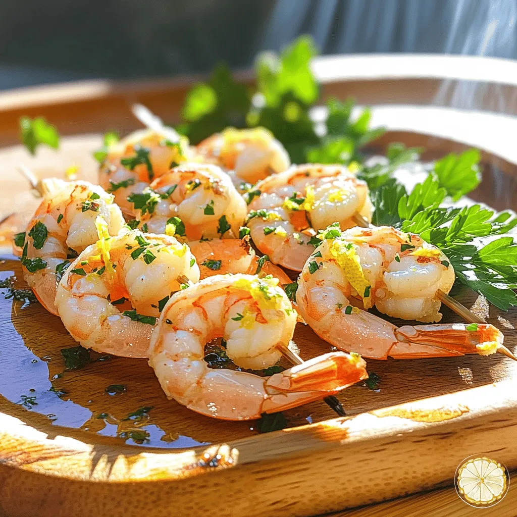 To make grilled lemon herb shrimp, gather these fresh items: - 1 pound large shrimp, peeled and deveined - 1/4 cup olive oil - 3 tablespoons fresh lemon juice - Zest of 1 lemon - 3 cloves garlic, minced - 1 teaspoon dried oregano - 1 teaspoon dried basil - 1/2 teaspoon red pepper flakes (optional) - Salt and black pepper to taste - Fresh parsley, chopped (for garnish) Using fresh ingredients makes this dish shine. Fresh shrimp tastes better and has a firmer texture. Fresh herbs like basil and oregano add bright flavors. Fresh lemon juice gives a zesty kick. When you use fresh produce, you elevate the dish. If you lack fresh shrimp, you can use frozen shrimp. Just ensure they are thawed completely. Olive oil can be swapped with avocado oil for a different flavor. If you don’t have fresh herbs, dried herbs work too. They may not taste as bright, but they will still add flavor. To make grilled lemon herb shrimp, start by making the marinade. In a bowl, whisk together olive oil, lemon juice, lemon zest, garlic, oregano, basil, red pepper flakes, salt, and black pepper. Mix it well until all ingredients blend. Next, add the shrimp to the bowl, tossing them gently to coat. Cover the bowl and place it in the fridge for at least 30 minutes. This time allows the shrimp to soak up the flavors. After marinating, preheat your grill to medium-high heat. If you use wooden skewers, soak them in water for 30 minutes. This step helps them not burn. Thread the shrimp onto the skewers. If the shrimp are large, you can place them directly on the grill. Grill the shrimp for 2-3 minutes on each side. They are done when they turn pink and opaque. For extra flavor, brush them with leftover marinade while grilling. Once cooked, take the shrimp off the grill and move them to a serving platter. Finish by garnishing with fresh parsley. Grilling shrimp can be easy if you follow a few key techniques. First, ensure your grill is preheated. This helps create nice grill marks and seals in the juices. Second, do not overcrowd the grill. Give each shrimp space to cook evenly. Third, avoid flipping the shrimp too often. Let them cook until they are ready. You can tell they are ready when they are firm and opaque. Using skewers can help keep shrimp from falling through the grill. If you choose not to use skewers, make sure the shrimp are large enough to stay on the grill grates. Marination is crucial in this recipe. The longer you marinate, the more flavor the shrimp will absorb. Aim for at least 30 minutes, but do not exceed 2 hours. Over-marinating can make shrimp mushy. For best results, use fresh herbs. Fresh herbs have more flavor than dried ones. You can also try different herbs based on your taste. For a zesty twist, add more lemon juice or zest. Using this full recipe will guide you through the process perfectly. When making grilled lemon herb shrimp, avoid overcooking. Shrimp cook fast. If you leave them on the grill too long, they turn rubbery. Watch closely and check for a pink, opaque color. Also, do not skip the marination step. Marinating adds flavor and helps the shrimp stay juicy. To get those perfect shrimp, preheat your grill. A medium-high heat works best. If using wooden skewers, soak them in water for 30 minutes. This prevents them from burning. Thread the shrimp onto the skewers, but don’t crowd them. Leave space for even cooking. Grill for 2-3 minutes on each side. Brush on leftover marinade for added taste. For grilling shrimp, a good set of skewers is key. Metal skewers work well, but wooden ones are fine too if soaked. A grill brush helps keep your grill clean. Use tongs to flip the shrimp easily. A meat thermometer can help you check for doneness. Aim for an internal temperature of 120°F. For more tips, check the Full Recipe. {{image_2}} You can change the flavor of your shrimp with different marinades. Try using lime juice instead of lemon juice. This gives a fresh twist. You can also add soy sauce for a savory touch. For a sweet kick, mix in honey or brown sugar. A dash of curry powder can give it an exciting flair. Just remember to balance flavors to keep it tasty. Grilling is great, but you can cook shrimp in other ways too. If you don’t have a grill, use your oven. Preheat it to 400°F (200°C). Place the shrimp on a baking sheet and bake for about 8-10 minutes. They should turn pink and firm. You can also sauté shrimp on the stovetop. Heat olive oil in a pan over medium heat and cook for 2-3 minutes on each side. Pair grilled lemon herb shrimp with sides for a complete meal. A fresh salad with mixed greens and a light vinaigrette works well. You can also serve it with rice or quinoa for a filling dish. Roasted vegetables, like asparagus or bell peppers, add color and flavor. For a fun twist, try garlic bread on the side. This makes your meal even more enjoyable. Check out the Full Recipe for more ideas! After you enjoy your grilled lemon herb shrimp, store any leftovers right away. Place the shrimp in an airtight container. Make sure to cool them down first. Keep them in the fridge for up to three days. This helps keep them fresh and safe to eat later. To reheat your shrimp, avoid using the microwave if you can. Microwaving can make shrimp rubbery. Instead, use a skillet on low heat. Add a bit of olive oil to keep them moist. Heat until warm, about three to four minutes. This method keeps the flavor and texture intact. If you want to save shrimp for later, freezing is a great option. First, let the shrimp cool completely. Then, place them in a freezer-safe bag. Try to remove as much air as possible. Label the bag with the date. You can freeze them for up to three months. When you're ready to eat, thaw them in the fridge overnight before reheating. This keeps them tasty and safe. For the full recipe, check out the Grilled Lemon Herb Shrimp section. You should grill shrimp for 2 to 3 minutes on each side. Look for a pink and opaque color. This means they are done. Overcooking can make shrimp tough. Keep an eye on them while grilling. Yes, you can use frozen shrimp. Just make sure to thaw them first. You can do this by placing them in cold water. This method is quick and keeps the shrimp firm. Avoid using hot water as it can cook the shrimp. The best shrimp for grilling are large or jumbo shrimp. They hold up better on the grill. Look for shrimp that are peeled and deveined. This makes prep easy. You can also use shrimp with tails on for a nice look. For the full recipe, check out the details above. In this blog post, we explored the key ingredients needed for grilling shrimp and their importance. I shared step-by-step instructions and highlighted essential cooking techniques and tools. We looked at common mistakes, variations in marinades, and how to store leftovers. Remember, fresh ingredients make a big difference in flavor. Use these tips and tricks to improve your grilling skills. With practice, you will create delicious shrimp dishes that everyone will love. Enjoy the process and happy grilling!