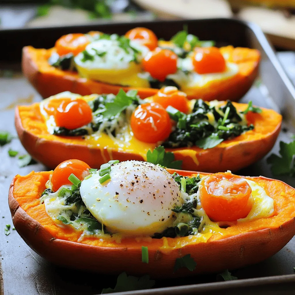 - 2 large sweet potatoes - 4 large eggs - 1/2 cup spinach, chopped - 1/4 cup cherry tomatoes, halved - 1/4 cup shredded cheese (cheddar or feta) - 1 teaspoon garlic powder - 1 teaspoon smoked paprika - Salt and pepper to taste - Fresh herbs for garnish (such as parsley or chives) Sweet potato egg boats are tasty and fun to make. You only need a few ingredients for this easy meal. The sweet potatoes serve as the perfect base. They are sweet and filling. Eggs give protein and flavor to the dish. You can mix in your favorite vegetables, like spinach and tomatoes. Spinach adds a nice green touch, and tomatoes add a pop of color. The cheese makes everything creamy and rich. I love using cheddar or feta, but you can pick your favorite. Seasonings like garlic powder and smoked paprika bring out the best flavors. Don't forget salt and pepper to make each bite burst with taste. Fresh herbs like parsley or chives are great for garnishing. They add freshness and a beautiful look to your sweet potato egg boats. For the full recipe, you can check the details above. Enjoy making this simple yet flavorful dish! 1. Preheat your oven to 400°F (200°C). This helps cook the sweet potatoes evenly. 2. Wash the sweet potatoes well under running water. Prick them with a fork a few times. This allows steam to escape while baking. 3. Place the sweet potatoes on a baking sheet. Bake them for 45-50 minutes. You want them tender but not mushy. 4. After baking, remove the sweet potatoes from the oven. Let them cool for a few minutes. Now, reduce the oven temperature to 375°F (190°C). 5. Cut each sweet potato in half lengthwise. Scoop out a small amount of the flesh, leaving a border around the edges. This creates space for the eggs. 1. In a bowl, mix the scooped-out sweet potato flesh with chopped spinach, halved cherry tomatoes, garlic powder, smoked paprika, salt, and pepper. This mixture adds flavor and nutrition. 2. Spoon this filling back into the sweet potato halves. Fill them until they are heaping but not overflowing. 1. Create a small indentation in the center of each sweet potato boat. Crack an egg into each one. The egg adds richness and protein. 2. Top the boats with shredded cheese. You can use cheddar or feta, depending on your taste. Season with more salt and pepper if you like. 3. Return the filled sweet potato boats to the oven. Bake for another 15-20 minutes. This lets the eggs cook to your desired doneness. You want them set but still creamy. 4. Remove the boats from the oven. Let them cool for a few minutes before garnishing with fresh herbs. Enjoy your tasty Sweet Potato Egg Boats! You can find the Full Recipe for detailed steps. Choosing the right sweet potatoes For the best sweet potato egg boats, use large, firm sweet potatoes. Look for ones with smooth skin and no soft spots. They should feel heavy for their size. Sweet potatoes with vibrant orange flesh add a nice color and flavor to your dish. Importance of seasoning Seasoning is key to making your egg boats taste amazing. Use salt and pepper to enhance the flavors. Garlic powder and smoked paprika add depth. Don’t skip the herbs; they brighten the dish. A sprinkle of fresh parsley or chives on top brings freshness. Alternative fillings You can mix things up with different fillings. Try cooked bacon or sausage for a meaty twist. Add bell peppers, onions, or mushrooms for extra veggies. If you want a spicy kick, jalapeños work well too. The options are endless! Adjusting cooking times for egg doneness Cooking times can change based on how you like your eggs. For runny yolks, bake for about 15 minutes. If you prefer firm yolks, go for 20 minutes. Keep an eye on them to get your perfect egg! {{image_2}} You can make sweet potato egg boats even better. Swap in other veggies for a fresh twist. Zucchini, bell peppers, or kale work great. Each adds unique taste and texture. You can also cut back on cheese. Use low-fat cheese options like mozzarella or ricotta. These keep the meal light but still tasty. Want to spice things up? Add jalapeños for a kick. They bring heat and flavor, making your meal exciting. For a more fresh taste, try adding herbs like dill or basil. These herbs brighten the dish and add depth. Mix and match these ideas to create your perfect sweet potato egg boats. For the complete recipe, check out the Full Recipe. To store sweet potato egg boats, let them cool first. Place the boats in an airtight container. They can last in the fridge for up to four days. When you reheat them, preheat your oven to 350°F (175°C). Cover the boats with foil. This helps keep them moist. Bake for about 15-20 minutes, or until heated through. You can also use a microwave. Heat them in short bursts of 30 seconds. Check often to avoid overcooking. You can freeze sweet potato egg boats before or after baking. If freezing before baking, prepare the boats and wrap them tightly in plastic wrap. Then, place them in a freezer-safe bag. They can last for up to three months. When ready to bake, thaw them in the fridge overnight. If freezing after baking, let them cool completely first. Then, follow the same wrapping method. To thaw and reheat, take the boats out of the freezer and place them in the fridge. Once thawed, you can bake them at 350°F (175°C) for about 20-25 minutes. This gives you a quick and tasty meal anytime. For a detailed cooking guide, refer to the Full Recipe. Can I make these ahead of time? Yes, you can prepare sweet potato egg boats in advance. Bake the sweet potatoes and mix the filling. Store them in the fridge for a day. When you're ready, just add the eggs and bake. What other ingredients can I use? You can use many different ingredients. Try bell peppers, onions, or zucchini. You can also switch the cheese. Feta, mozzarella, or goat cheese work well. Experiment with flavors to find your favorite mix. Are sweet potato egg boats suitable for meal prep? Absolutely! Sweet potato egg boats are great for meal prep. They are easy to make in bulk. Just store them in single servings. You can reheat them in the oven or microwave. They stay tasty and healthy for busy days. You learned how to make delicious sweet potato egg boats. We covered the ingredients, step-by-step instructions, and clever tips. Customizing your boats lets you explore many flavors and options. Storing leftovers helps you enjoy them later without waste. Now, it’s time to try this fun dish. Get creative and enjoy cooking! Your kitchen adventure awaits!