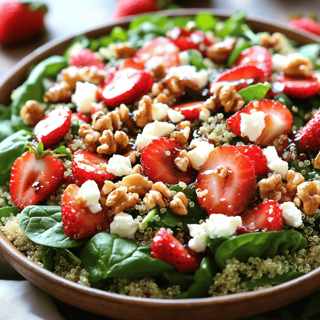 To make the Fresh Strawberry Spinach Quinoa Salad, gather these items: - 1 cup quinoa, rinsed - 2 cups water - 2 cups fresh baby spinach, washed and dried - 1 cup strawberries, hulled and sliced - 1/2 cup feta cheese, crumbled - 1/4 cup walnuts, chopped - 1 tablespoon honey - 2 tablespoons balsamic vinegar - 1 tablespoon olive oil - Salt and pepper to taste Each ingredient adds unique flavors and textures. The quinoa brings a nutty taste, while spinach adds a fresh, green crunch. Strawberries provide a sweet burst, and feta cheese adds creaminess. You can easily swap some ingredients for others if you need. Use brown rice instead of quinoa for a different base. If you don’t have walnuts, try pecans or almonds. You can skip the honey for a sugar-free option or use maple syrup instead. For a vegan salad, omit the feta and use avocado for creaminess. Fresh ingredients make a big difference. They provide the best taste and texture. Fresh spinach is crisp and vibrantly green. Sweet, ripe strawberries burst with flavor. When you use fresh, high-quality ingredients, your salad shines. It not only looks good but also tastes amazing. Trust me, fresh is key to making this salad a delight. For the full recipe, check out the details provided. First, you need to cook the quinoa. Start by rinsing one cup of quinoa under cold water. This step removes any bitter taste. In a medium saucepan, combine the rinsed quinoa and two cups of water. Bring this mixture to a boil over high heat. Once it reaches a boil, lower the heat. Cover the pot and let it simmer for about 15 minutes. You will know it’s done when the quinoa is fluffy and the water is gone. After cooking, remove the pot from heat. Let it sit, still covered, for another 5 minutes. Then, fluff the quinoa with a fork. Allow it to cool while you prepare the rest of the salad. Now, grab a large mixing bowl. In this bowl, add the cooled quinoa. Then, toss in two cups of fresh baby spinach that you’ve washed and dried. Next, add one cup of hulled and sliced strawberries. These bright berries add sweetness and color. Crumble half a cup of feta cheese over the top. The creamy feta pairs well with the strawberries. Lastly, sprinkle in a quarter cup of chopped walnuts for crunch. Gently mix all the ingredients together. Be careful not to mash the strawberries. To make the dressing, take a small bowl. Whisk together one tablespoon of honey, two tablespoons of balsamic vinegar, and one tablespoon of olive oil. This mixture brings a nice balance of sweet and tangy flavors. Add some salt and pepper to taste. Once the dressing is ready, pour it over the salad. Toss everything gently until all the ingredients are well coated. Taste the salad and adjust the seasoning if needed. For the best flavor, you can chill the salad for 30 minutes before serving. You can find the full recipe [here]. To get fluffy quinoa, rinse it first. Rinsing removes bitterness. Use a pot with a tight lid. Combine one cup of quinoa with two cups of water. Bring it to a boil. After boiling, turn the heat down low. Cover the pot and simmer for about 15 minutes. Once done, let it sit for five minutes. Fluff it with a fork for the best texture. This keeps the grains separate and light. For the best flavor, serve this salad cold or at room temperature. Let it chill for at least 30 minutes. This helps the flavors blend well. Use a shallow bowl for a nice presentation. Top it with extra strawberry slices and walnuts for a pop of color. A sprinkle of feta adds a nice touch too. Enjoy it as a side dish or a light meal. To enhance this salad’s nutrition, add more greens. You can mix in kale, arugula, or even Swiss chard. These greens boost vitamins and minerals. You can also add chickpeas for extra protein. They make the salad more filling and satisfying. Consider adding seeds like chia or pumpkin for healthy fats. All these options make your salad a superfood delight. For the full recipe, check out the instructions above to make your own fresh strawberry spinach quinoa salad. {{image_2}} You can add protein to your salad for a more filling meal. Grilled chicken works well. Just slice it and mix it in. Shrimp adds a nice touch too. For a plant-based option, try chickpeas or black beans. These add protein and fiber. You can even use tofu for a tasty vegan twist. Change up the fruit based on the season. In summer, try blueberries or peaches. In fall, apples or pears are great. Each fruit brings a new flavor. This makes your salad fun and fresh. You can even mix fruits for a colorful look. Just remember to keep it balanced and tasty. The dressing can change your salad’s taste. If you like tang, add more balsamic vinegar. For a sweeter flavor, use more honey. You can also try a yogurt-based dressing for creaminess. Just mix plain yogurt with lemon juice and herbs. This adds a zesty kick. Play around with different herbs too, like basil or mint, to find your favorite blend. For the full recipe, check out the Fresh Strawberry Spinach Quinoa Salad. To keep your fresh strawberry spinach quinoa salad tasty, store it in an airtight container. Make sure to refrigerate it right after serving. This helps keep the flavors fresh and the ingredients crisp. If you have dressing left, store it separately. This way, it won’t make the salad soggy. When stored well, the salad stays fresh for about 3 days. After that, the spinach wilts, and strawberries lose their crunch. To enjoy the best flavors, eat it within this time. Always check for any signs of spoilage before eating. If the salad looks or smells off, it’s best to toss it out. Freezing quinoa salad is not the best option. The fresh ingredients like spinach and strawberries do not freeze well. They can become mushy when thawed. If you must freeze it, try only freezing the quinoa. Once thawed, mix it with fresh spinach and strawberries later. This keeps your salad fresh and delicious. You can find the full recipe in the main article. Yes, you can make this salad ahead of time. Prepare the quinoa and let it cool. Mix the spinach, strawberries, and walnuts in a bowl. Keep the dressing separate until you are ready to serve. This helps keep the salad fresh and crisp. When you are ready, just toss in the dressing and enjoy. If you want to swap feta cheese, try goat cheese or ricotta. Both give a creamy texture. You can also use avocado for creaminess. For a dairy-free option, use tofu or a vegan cheese. These options still keep the salad delicious and fun. Yes, making this salad vegan is easy. Simply leave out the feta cheese or use a vegan alternative. Replace honey with maple syrup for sweetness. Use balsamic vinegar and olive oil for the dressing. These changes keep the vibrant flavors while making it plant-based. You can still enjoy the delightful boost of flavor! For the full recipe, check out the Fresh Strawberry Spinach Quinoa Salad section above. In this blog post, we explored how to create a delicious quinoa salad. We covered fresh ingredients, step-by-step cooking instructions, and tips for great texture. You learned about protein options, seasonal fruits, and dressing customizations. We also discussed storage techniques to keep your salad fresh. Quinoa salad is versatile and tasty, making it perfect for any meal. Enjoy your cooking journey!