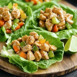 - 1 lb (450g) boneless, skinless chicken breast, diced - 1 tablespoon olive oil - 2 tablespoons honey - 2 tablespoons lime juice - 2 cloves garlic, minced - 1 teaspoon ginger, grated - 1 tablespoon soy sauce (or tamari for gluten-free) - 1/2 teaspoon red pepper flakes (optional, for heat) - 1 cup bell peppers, diced (mix of red, yellow, and green) - 1/2 cup carrots, grated - 1/4 cup green onions, chopped - 1 head of iceberg or butter lettuce, leaves separated - Sesame seeds for garnish When I create this dish, I love using fresh ingredients. The chicken adds protein and flavor. The honey and lime juice in the marinade give a sweet and tangy taste. Garlic and ginger add depth. I often choose a mix of colorful bell peppers for crunch. Grated carrots bring sweetness and color, while green onions add a nice bite. Lettuce leaves serve as the perfect wrap, adding crispness. I often choose iceberg for its sturdy leaves. Sesame seeds sprinkle on top add a nice touch. They give extra texture and a nutty flavor. For the full recipe, refer to the complete guide. Each ingredient plays a role in making this dish a flavorful delight. To start, you need to make the marinade. In a medium bowl, whisk together these ingredients: - 2 tablespoons honey - 2 tablespoons lime juice - 2 cloves garlic, minced - 1 teaspoon ginger, grated - 1 tablespoon soy sauce - 1/2 teaspoon red pepper flakes (optional for heat) Whisking these together blends the sweet and tart flavors. This step is important. It helps the chicken soak in all the taste. Marinating the chicken for at least 15 minutes makes a big difference. The longer you marinate, the more flavorful the chicken becomes. Next, let's cook the chicken. Heat a large skillet over medium heat and add: - 1 tablespoon olive oil Once the oil is hot, add the diced chicken (1 lb). Cook the chicken for about 5-7 minutes. Stir it often. You want it to be golden brown on all sides. This browning adds a nice flavor. When the chicken is cooked through, pour the marinade over it. Stir well to coat every piece. Let it simmer for 3-4 minutes. This will let the flavors mix together perfectly. Now it’s time to add the vegetables. Mix in: - 1 cup bell peppers, diced - 1/2 cup carrots, grated Cook this for another 2-3 minutes. You want the veggies to be tender but still crisp. Finally, remove the skillet from heat and stir in: - 1/4 cup green onions, chopped This adds a fresh feel to the dish. Now you are ready to serve! Spoon the chicken mix into lettuce leaves. Sprinkle sesame seeds on top for an extra crunch. For the complete recipe, check out the [Full Recipe]. To keep your chicken juicy, cook it at medium heat. This allows the chicken to brown well without drying out. Always check that the chicken reaches an internal temperature of 165°F. For frying, I recommend using olive oil. It has a great flavor and helps the chicken brown nicely. For a stunning platter, arrange the lettuce wraps neatly. You can add extra lime wedges around the wraps for a pop of color. Sprinkle sesame seeds on top for extra crunch. This not only looks good but also adds flavor. To boost the flavor, try adding a dash of cumin or coriander. These spices can bring a nice warmth to your dish. Balancing sweet and savory is key. If you find it too sweet, add a bit more lime juice or soy sauce. This will help create a perfect harmony in taste. For the full recipe, check the previous sections. {{image_2}} You can swap honey with maple syrup or agave nectar. These alternatives offer sweetness with a different twist. For soy sauce, try coconut aminos. This choice is great for those on a gluten-free diet. Lettuce wraps can use different greens. Iceberg is crunchy and sturdy. Butter lettuce is soft and tender. Romaine gives a nice crunch too. Each type adds a unique texture. These wraps pair nicely with rice or quinoa. Both add heartiness to the meal. You can also serve them with a fresh salad for a light touch. If you have leftovers, transform them into a salad. Simply chop the chicken and veggies. Mix them with your favorite greens. Drizzle with extra lime juice for flavor. To make this dish gluten-free, use tamari instead of soy sauce. This small change keeps the flavors intact while fitting your diet. For low-carb options, skip the rice and focus on the lettuce wraps. The ingredients offer good nutrition. Chicken gives you lean protein. Bell peppers add vitamins A and C. Carrots provide fiber and antioxidants. Each bite is healthy and delicious! To keep your Honey-Lime Chicken Lettuce Wraps fresh, store leftovers properly. First, let the chicken cool down to room temperature. Then, use an airtight container to hold the chicken mixture. For the lettuce leaves, keep them in a separate container. This way, they won't get soggy. You can also wrap them in a damp paper towel to keep them crisp. When you are ready to eat again, reheat the chicken mixture. The best way is to use a skillet over medium heat. Stir it often to keep it juicy and warm. If you want your lettuce to stay crisp, add the chicken only when you are ready to serve. You can lightly refresh the lettuce leaves by rinsing them in cold water. Pat them dry with a paper towel before using. In the fridge, your Honey-Lime Chicken Lettuce Wraps will stay good for about 3 days. If you want to store them longer, you can freeze the chicken mixture. It will last about 2 months in the freezer. Just remember to use a freezer-safe container. Label it with the date so you know when to use it. Enjoy your tasty wraps at your convenience! For the full recipe, check out the details above. You can use several tasty options. Tofu works well as a plant-based choice. It soaks up flavors nicely. Tempeh is another great option. It has a firm texture and nutty taste. For a meat alternative, try shrimp or turkey. Both give a different flavor profile but are still delicious. Yes, you can prepare the honey-lime marinade in advance. Mix the honey, lime juice, garlic, ginger, and soy sauce in a bowl. Store it in the fridge for up to three days. This saves time when you want to make the wraps. Simply add it to your cooked chicken when you are ready to serve. To keep your lettuce crisp, wash and dry it just before use. Lay the leaves flat and avoid stacking them. When filling the wraps, use the chicken mixture right away. If you prepare them in advance, store the filling and lettuce separately. This keeps everything fresh and crunchy until serving. This blog post covered a tasty recipe using chicken and fresh veggies. You learned how to make a honey-lime marinade, pan-fry chicken, and mix in colorful vegetables. We shared tips for juicy chicken and vibrant presentation ideas. Variations included ingredient swaps and dietary adjustments. Proper storage and reheating methods ensure your wraps stay fresh. Enjoy crafting your meal into something special. With these steps, meals can be flavorful, fun, and healthy. You’re ready to impress everyone at the table!