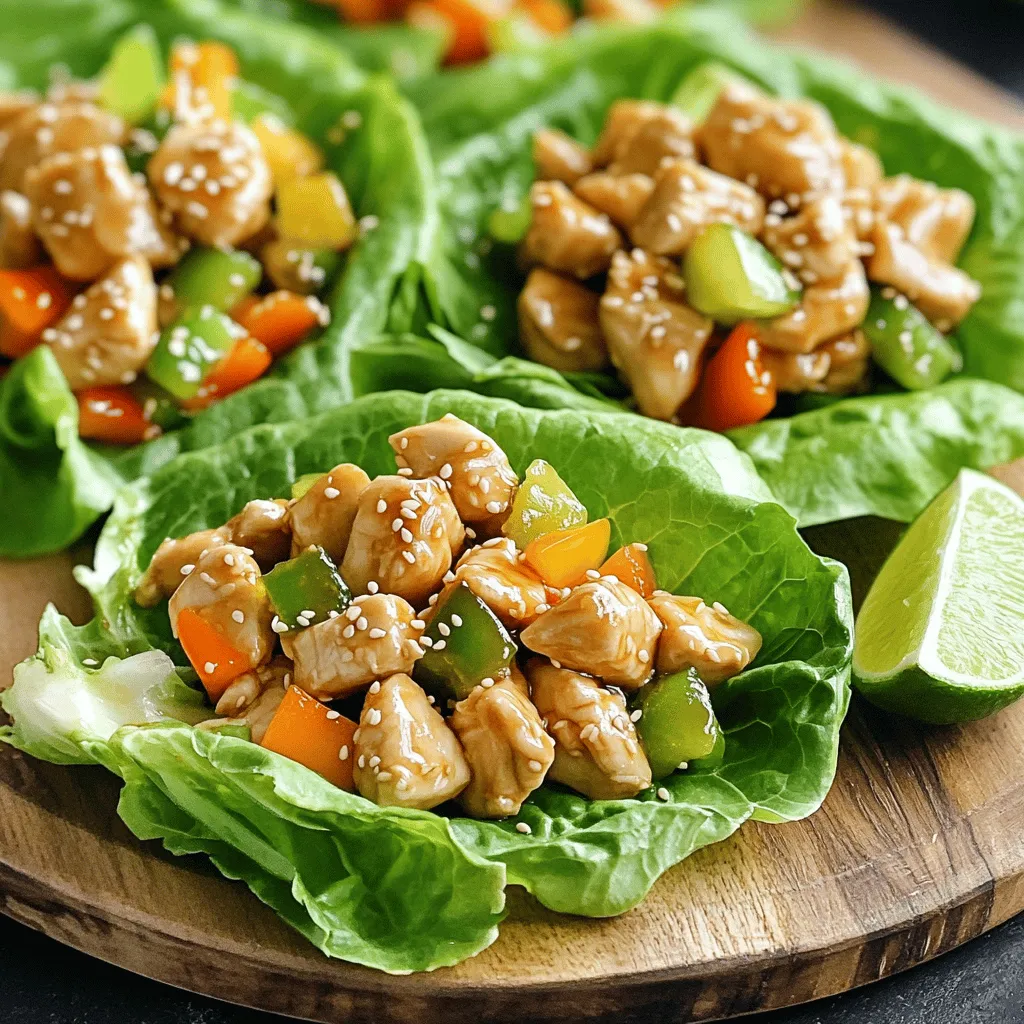 - 1 lb (450g) boneless, skinless chicken breast, diced - 1 tablespoon olive oil - 2 tablespoons honey - 2 tablespoons lime juice - 2 cloves garlic, minced - 1 teaspoon ginger, grated - 1 tablespoon soy sauce (or tamari for gluten-free) - 1/2 teaspoon red pepper flakes (optional, for heat) - 1 cup bell peppers, diced (mix of red, yellow, and green) - 1/2 cup carrots, grated - 1/4 cup green onions, chopped - 1 head of iceberg or butter lettuce, leaves separated - Sesame seeds for garnish When I create this dish, I love using fresh ingredients. The chicken adds protein and flavor. The honey and lime juice in the marinade give a sweet and tangy taste. Garlic and ginger add depth. I often choose a mix of colorful bell peppers for crunch. Grated carrots bring sweetness and color, while green onions add a nice bite. Lettuce leaves serve as the perfect wrap, adding crispness. I often choose iceberg for its sturdy leaves. Sesame seeds sprinkle on top add a nice touch. They give extra texture and a nutty flavor. For the full recipe, refer to the complete guide. Each ingredient plays a role in making this dish a flavorful delight. To start, you need to make the marinade. In a medium bowl, whisk together these ingredients: - 2 tablespoons honey - 2 tablespoons lime juice - 2 cloves garlic, minced - 1 teaspoon ginger, grated - 1 tablespoon soy sauce - 1/2 teaspoon red pepper flakes (optional for heat) Whisking these together blends the sweet and tart flavors. This step is important. It helps the chicken soak in all the taste. Marinating the chicken for at least 15 minutes makes a big difference. The longer you marinate, the more flavorful the chicken becomes. Next, let's cook the chicken. Heat a large skillet over medium heat and add: - 1 tablespoon olive oil Once the oil is hot, add the diced chicken (1 lb). Cook the chicken for about 5-7 minutes. Stir it often. You want it to be golden brown on all sides. This browning adds a nice flavor. When the chicken is cooked through, pour the marinade over it. Stir well to coat every piece. Let it simmer for 3-4 minutes. This will let the flavors mix together perfectly. Now it’s time to add the vegetables. Mix in: - 1 cup bell peppers, diced - 1/2 cup carrots, grated Cook this for another 2-3 minutes. You want the veggies to be tender but still crisp. Finally, remove the skillet from heat and stir in: - 1/4 cup green onions, chopped This adds a fresh feel to the dish. Now you are ready to serve! Spoon the chicken mix into lettuce leaves. Sprinkle sesame seeds on top for an extra crunch. For the complete recipe, check out the [Full Recipe]. To keep your chicken juicy, cook it at medium heat. This allows the chicken to brown well without drying out. Always check that the chicken reaches an internal temperature of 165°F. For frying, I recommend using olive oil. It has a great flavor and helps the chicken brown nicely. For a stunning platter, arrange the lettuce wraps neatly. You can add extra lime wedges around the wraps for a pop of color. Sprinkle sesame seeds on top for extra crunch. This not only looks good but also adds flavor. To boost the flavor, try adding a dash of cumin or coriander. These spices can bring a nice warmth to your dish. Balancing sweet and savory is key. If you find it too sweet, add a bit more lime juice or soy sauce. This will help create a perfect harmony in taste. For the full recipe, check the previous sections. {{image_2}} You can swap honey with maple syrup or agave nectar. These alternatives offer sweetness with a different twist. For soy sauce, try coconut aminos. This choice is great for those on a gluten-free diet. Lettuce wraps can use different greens. Iceberg is crunchy and sturdy. Butter lettuce is soft and tender. Romaine gives a nice crunch too. Each type adds a unique texture. These wraps pair nicely with rice or quinoa. Both add heartiness to the meal. You can also serve them with a fresh salad for a light touch. If you have leftovers, transform them into a salad. Simply chop the chicken and veggies. Mix them with your favorite greens. Drizzle with extra lime juice for flavor. To make this dish gluten-free, use tamari instead of soy sauce. This small change keeps the flavors intact while fitting your diet. For low-carb options, skip the rice and focus on the lettuce wraps. The ingredients offer good nutrition. Chicken gives you lean protein. Bell peppers add vitamins A and C. Carrots provide fiber and antioxidants. Each bite is healthy and delicious! To keep your Honey-Lime Chicken Lettuce Wraps fresh, store leftovers properly. First, let the chicken cool down to room temperature. Then, use an airtight container to hold the chicken mixture. For the lettuce leaves, keep them in a separate container. This way, they won't get soggy. You can also wrap them in a damp paper towel to keep them crisp. When you are ready to eat again, reheat the chicken mixture. The best way is to use a skillet over medium heat. Stir it often to keep it juicy and warm. If you want your lettuce to stay crisp, add the chicken only when you are ready to serve. You can lightly refresh the lettuce leaves by rinsing them in cold water. Pat them dry with a paper towel before using. In the fridge, your Honey-Lime Chicken Lettuce Wraps will stay good for about 3 days. If you want to store them longer, you can freeze the chicken mixture. It will last about 2 months in the freezer. Just remember to use a freezer-safe container. Label it with the date so you know when to use it. Enjoy your tasty wraps at your convenience! For the full recipe, check out the details above. You can use several tasty options. Tofu works well as a plant-based choice. It soaks up flavors nicely. Tempeh is another great option. It has a firm texture and nutty taste. For a meat alternative, try shrimp or turkey. Both give a different flavor profile but are still delicious. Yes, you can prepare the honey-lime marinade in advance. Mix the honey, lime juice, garlic, ginger, and soy sauce in a bowl. Store it in the fridge for up to three days. This saves time when you want to make the wraps. Simply add it to your cooked chicken when you are ready to serve. To keep your lettuce crisp, wash and dry it just before use. Lay the leaves flat and avoid stacking them. When filling the wraps, use the chicken mixture right away. If you prepare them in advance, store the filling and lettuce separately. This keeps everything fresh and crunchy until serving. This blog post covered a tasty recipe using chicken and fresh veggies. You learned how to make a honey-lime marinade, pan-fry chicken, and mix in colorful vegetables. We shared tips for juicy chicken and vibrant presentation ideas. Variations included ingredient swaps and dietary adjustments. Proper storage and reheating methods ensure your wraps stay fresh. Enjoy crafting your meal into something special. With these steps, meals can be flavorful, fun, and healthy. You’re ready to impress everyone at the table!