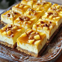 To make these caramel apple cheesecake bars, you need: - 1 ½ cups graham cracker crumbs - ½ cup unsalted butter, melted - ¼ cup sugar - 2 (8 oz) packages cream cheese, softened - 1 cup sugar - 1 teaspoon vanilla extract - 2 large eggs - 2 cups peeled and diced apples (like Granny Smith or Honeycrisp) - 1 teaspoon cinnamon - ½ cup caramel sauce (plus extra for drizzling) - ½ cup chopped pecans (optional) You can swap graham cracker crumbs with crushed cookies for a different flavor. If you prefer a nut-free option, skip the pecans. Instead of cream cheese, use a vegan cream cheese for a dairy-free version. For a sweeter taste, add more sugar to the apple mixture. You can also switch the apple type based on what you have at home. For extra fun, consider adding toppings. A sprinkle of sea salt can enhance the caramel flavor. You can also drizzle chocolate sauce for a rich twist. Fresh whipped cream on top makes these bars even more delightful. Lastly, feel free to mix in dried fruits or even chocolate chips for added texture and taste. To start, preheat your oven to 325°F (160°C). Next, grab an 8x8 inch baking dish. Line it with parchment paper, letting some paper hang over the sides. This makes it easy to lift the bars out later. In a medium bowl, mix 1 ½ cups of graham cracker crumbs, ½ cup of melted unsalted butter, and ¼ cup of sugar. Stir until it's all combined. Press this mixture into the bottom of your baking dish. Bake it for 10 minutes. Once done, take it out and let it cool while you make the cheesecake filling. Now, let’s make the batter. In a large bowl, beat 2 packages (8 oz each) of softened cream cheese with 1 cup of sugar and 1 teaspoon of vanilla extract. Mix until it’s smooth and creamy. Add in 2 large eggs, one at a time. Mix just until you don't see any egg anymore. Next, gently fold in 2 cups of peeled and diced apples, 1 teaspoon of cinnamon, and ½ cup of caramel sauce. If you want, you can also add in ½ cup of chopped pecans for a crunchy twist. Pour the cheesecake batter over your cooled crust. Spread it out evenly. Bake it for 35-40 minutes. You want the center to be set but still a little jiggly. After baking, take it out and let it cool to room temperature. Once cool, put it in the fridge for at least 4 hours, or overnight if you can wait. When you are ready to serve, lift the bars out using the parchment paper. Cut them into squares and drizzle with extra caramel sauce. Enjoy your delicious creation! For the full recipe, refer to the earlier section. When making caramel apple cheesecake bars, avoid overmixing the batter. Overmixing can make the cheesecake tough. Also, don’t skip cooling the crust before adding the cheesecake layer. If the crust is warm, it can make the filling too soft. Finally, make sure to let the bars cool completely before cutting. This helps them hold their shape. To get a creamy texture, use room-temperature cream cheese. Cold cream cheese will not mix well and can cause lumps. Beat the cream cheese until smooth before adding the sugar. Mix in the eggs one at a time, and be gentle when folding in the apples and caramel sauce. This helps keep air in the batter, which leads to a lighter cheesecake. Serve these bars on a nice platter. Drizzle extra caramel sauce on top for a sweet touch. You can also sprinkle some chopped pecans and a dusting of cinnamon for a festive look. Cut the bars into even squares for a neat appearance. For a fun twist, serve them with a scoop of vanilla ice cream or whipped cream on the side. Check the Full Recipe for all the steps needed to create this delicious treat! {{image_2}} You can change the flavor of these bars to fit the season. In fall, use cinnamon and nutmeg for a warm taste. Try adding pumpkin puree for a fun twist. In spring, swap apples for fresh berries. Blueberries or raspberries add a burst of color and flavor. In summer, mix in peaches or cherries for a refreshing treat. Each season brings new fruit, so feel free to experiment! If you need gluten-free bars, use gluten-free graham cracker crumbs. You can find these at most stores. Ensure your caramel sauce is gluten-free too. This way, you keep the delicious taste without any gluten. Many brands offer gluten-free options, making it easy to enjoy this dessert. For a nut-free version, simply leave out the chopped pecans. You can also use sunflower seeds for a crunchy topping. Sunflower seeds add a nice texture without nuts. Always check your caramel sauce to make sure it is nut-free. These small changes help everyone enjoy these tasty bars. Feel free to try these variations for a new twist on the classic recipe! For the full recipe, check back for all the details. To keep your caramel apple cheesecake bars fresh, store them in the fridge. Use an airtight container to avoid drying out. They can last up to five days in the fridge. If you want to keep them longer, consider freezing them. You can freeze these cheesecake bars for later. First, cut the bars into squares. Wrap each piece tightly in plastic wrap. Then place them in a freezer-safe bag or container. They will stay good for up to three months. When you're ready to enjoy them, just thaw them in the fridge overnight. Reheating is simple. If you want a warm treat, use the oven. Preheat your oven to 350°F (175°C). Place the bars on a baking sheet and heat for about 10 minutes. This will help keep the texture nice and creamy. Avoid using the microwave, as it can make them soggy. For the best flavor, drizzle with extra caramel sauce before serving. You can tell when the cheesecake bars are done by checking the center. It should be set but still slightly jiggly. This means it will firm up as it cools. I recommend using a toothpick or knife. Insert it into the center; it should come out clean or with a few moist crumbs. Yes, you can use different types of apples! Granny Smith apples add a nice tartness. Honeycrisp apples are sweet and crisp. You can mix and match to find your favorite flavor. Just make sure to peel and dice them well for even cooking. These bars are great on their own, but you can enhance the experience. Serve them with whipped cream or a scoop of vanilla ice cream. Drizzle more caramel sauce on top for a decadent touch. Chopped pecans or walnuts can add some crunch, too. For the full recipe, check the detailed steps and enjoy making these delicious bars. They are perfect for gatherings or cozy nights at home. In this blog post, we covered every detail for making delicious caramel apple cheesecake bars. You learned about key ingredients, baking steps, and tips to ensure a creamy texture. We also explored variations for gluten-free and nut-free diets, plus storage and reheating tips. Try these cheesecake bars for a sweet treat or a special occasion. With simple steps and ideas, you can impress everyone with your baking skills. Enjoy creating your perfect dessert!