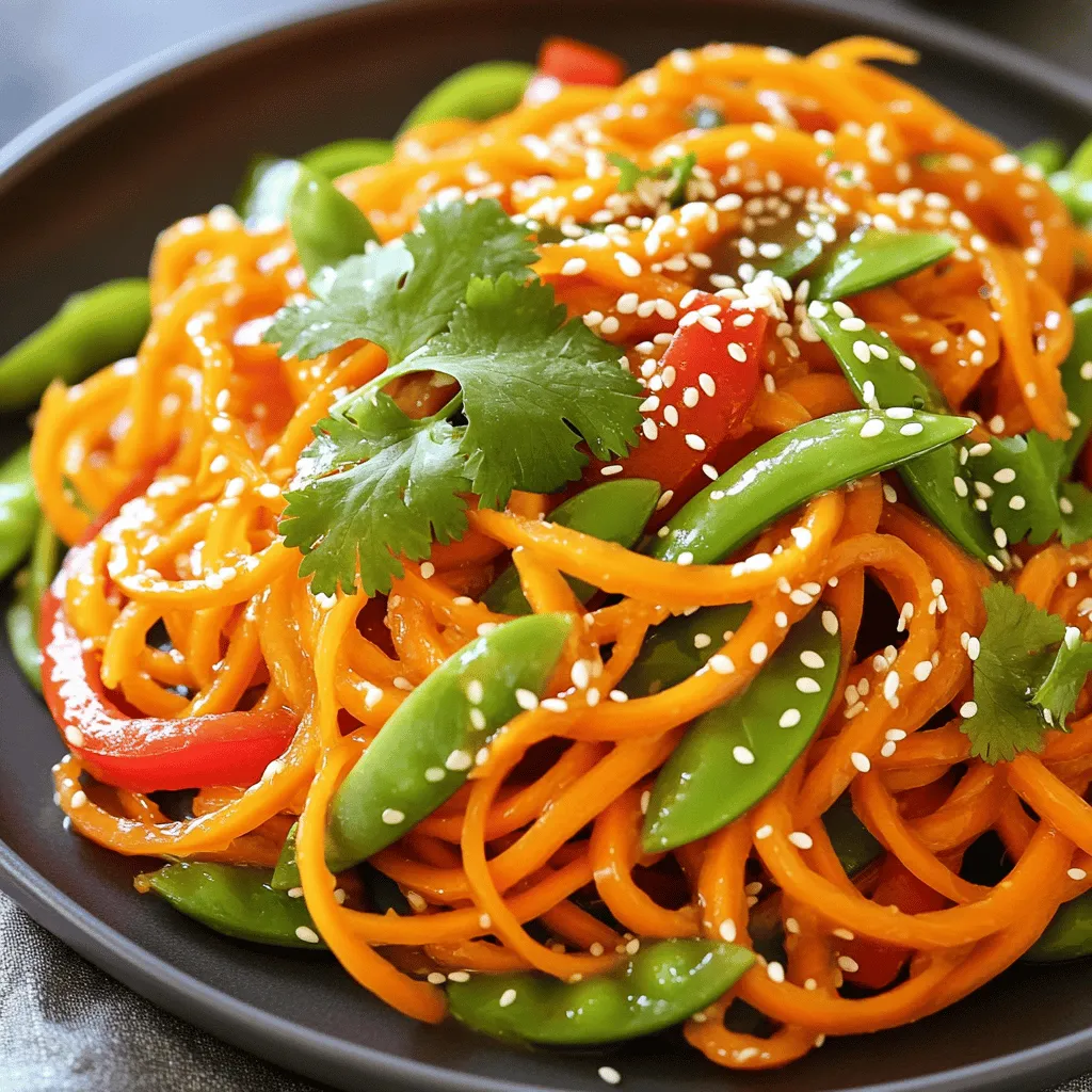 To make a delicious Maple Glazed Carrot Noodle Stir Fry, you need these ingredients: - 4 large carrots, peeled and spiralized into noodles - 1 red bell pepper, sliced - 1 cup snap peas, trimmed - 2 green onions, chopped - 1 tablespoon sesame oil - 2 tablespoons maple syrup - 1 tablespoon soy sauce (or tamari for gluten-free) - 1 teaspoon grated ginger - 1 garlic clove, minced - Sesame seeds for garnish - Fresh cilantro for garnish (optional) You can change some ingredients if needed. Here are some ideas: - For a gluten-free option, use tamari instead of soy sauce. - Swap in zucchini noodles for a low-carb choice. - Try different vegetables like broccoli or bell peppers for variety. Choosing fresh ingredients matters. Here’s how to pick the best: - Look for firm and bright orange carrots; they should not be limp. - Organic carrots may have better flavor and less pesticide. - Use seasonal vegetables for the best taste and price. This section helps you gather everything you need to make the stir fry. For the complete recipe, see [Full Recipe]. To start, gather your ingredients. You will need: - 4 large carrots, peeled and spiralized into noodles - 1 red bell pepper, sliced - 1 cup snap peas, trimmed - 2 green onions, chopped - 1 tablespoon sesame oil - 2 tablespoons maple syrup - 1 tablespoon soy sauce (or tamari for gluten-free) - 1 teaspoon grated ginger - 1 garlic clove, minced - Sesame seeds for garnish - Fresh cilantro for garnish (optional) First, spiralize the carrots. A spiralizer makes this task easy and fun. Next, slice the red bell pepper and trim the snap peas. Then, chop the green onions. Make sure to measure your maple syrup and soy sauce. Having everything ready will make cooking swift. Now, let’s cook! Heat the sesame oil in a large skillet or wok over medium-high heat. Add the minced garlic and grated ginger. Sauté for about 30 seconds. You want it to smell great! Next, toss in the sliced red bell pepper and snap peas. Stir-fry for 2-3 minutes until they soften. Now, add the carrot noodles to the skillet. Stir well to mix with the other veggies. Sauté for another 3-4 minutes. The carrot noodles should be tender but still have a bit of crunch. In a small bowl, mix the maple syrup and soy sauce together. Pour this mixture over the stir-fried vegetables. Toss quickly to coat everything evenly. Cook for another minute. This is where the magic happens! Remove the skillet from heat and fold in the chopped green onions. To serve, scoop the dish onto plates. Garnish with sesame seeds and fresh cilantro if you like. This dish looks as good as it tastes! Pair it with rice or serve it alone as a light meal. Enjoy your Maple Glazed Carrot Noodle Stir Fry! For the complete recipe, check [Full Recipe]. When you stir-fry, keep your heat high. This helps veggies stay crisp. Use a large skillet or wok for the best results. Add the garlic and ginger first. Sauté them for just 30 seconds. This brings out their flavors. Next, toss in the bell pepper and snap peas. Stir-fry them for 2-3 minutes. They should soften but not lose their crunch. Finally, add your carrot noodles. Stir well for 3-4 minutes. They need to be tender yet still firm. Maple syrup gives this dish its sweet touch. You can adjust the sweetness to your taste. Add more syrup if you like it sweeter. For a spicy kick, try red pepper flakes. Balancing flavors is key. A little soy sauce adds saltiness. You can also use tamari for a gluten-free option. Experiment with sesame oil too; it adds a nice nutty flavor. Fresh herbs like cilantro can brighten the dish. Avoid overcooking your noodles. They can turn mushy if cooked too long. Measure your ingredients carefully as well. Too much or too little can change the taste. Make sure to sauté the vegetables enough. They should be bright and colorful, not limp. Keep an eye on the clock to ensure perfect timing. This dish is quick, so stay alert! For the complete experience, check the Full Recipe for more details. {{image_2}} You can easily adapt the Maple Glazed Carrot Noodle Stir Fry to fit your needs. If you're vegan, this recipe is already a great choice. The main ingredients are plant-based, so no changes are needed. For a low-carb alternative, swap out the carrot noodles for zucchini noodles. Zucchini gives a similar texture but has fewer carbs. You can also add protein sources to make it heartier. Consider adding tofu, chickpeas, or tempeh. These options boost the dish without losing flavor. To change the flavor, start with the glaze. Instead of maple syrup, try honey or agave for a different sweetness. You can also add new vegetables. Broccoli, mushrooms, or bok choy can bring fresh taste. Spices are another way to enhance flavors. A pinch of red pepper flakes can add heat. Garlic powder or onion powder can also deepen the taste. Experimenting with these changes keeps the dish exciting. Pairing this stir fry with proteins makes a complete meal. Grilled chicken or shrimp works well. You can also serve it as a side dish with steak or fish. If you're feeling creative, turn the stir fry into a salad. Just let it cool, toss it with greens, and add a light dressing. This offers a fresh, crunchy twist. Enjoy the versatility of this dish! After you enjoy your Maple Glazed Carrot Noodle Stir Fry, store leftovers in the fridge. Use an airtight container to keep the dish fresh. Make sure to let it cool before sealing it. This helps avoid extra moisture buildup. The stir fry can last for about three days in the fridge. To reheat your stir fry, use a skillet over medium heat. Add a splash of water or a little oil to prevent sticking. Stir often to heat it evenly. You can also use a microwave. Just cover the bowl and heat for one to two minutes. Stir halfway through for the best results. This keeps the noodles from becoming mushy. Yes, you can freeze Maple Glazed Carrot Noodle Stir Fry! To do this, place cooled leftovers in a freezer-safe container. Make sure to leave space for expansion. It can last for up to three months in the freezer. When ready to eat, thaw it overnight in the fridge. Reheat it on a skillet or in the microwave before serving. This way, you can enjoy a quick meal anytime! If you need a sweetener, try honey or agave syrup. Brown sugar also works. Just adjust the amount to taste. Remember that each sweetener has a unique flavor. Honey is more floral, while brown sugar is richer. Yes, you can use regular noodles like rice or wheat noodles. These will change the dish's texture and taste. Regular noodles may take longer to cook. Be sure to check the package for cooking times. Carrot noodles add crunch and a fresh taste. This dish lasts about 3 to 4 days in the fridge. Store it in an airtight container to keep it fresh. The veggies may lose some crunch over time, but the flavors stay good. Reheat gently to avoid overcooking. Chicken, shrimp, or tofu are great choices. Cook your protein separately and mix it in at the end. This adds flavor and protein to your meal. For a plant-based option, use chickpeas or edamame for extra protein. Yes, use tamari instead of soy sauce to keep it gluten-free. You can also choose gluten-free noodles, like rice noodles. Always check labels to confirm ingredients meet your dietary needs. Add crushed red pepper or sriracha for heat. You might also try fresh chili peppers for a kick. Start small and taste as you go. You can also add a dash of cayenne for extra spice. This blog post covered how to make a delicious Maple Glazed Carrot Noodle Stir Fry. We discussed the key ingredients, how to prepare and cook them, and tips for great results. You learned about ingredient swaps, storage tips, and ways to customize the dish. In the end, this meal is simple, tasty, and flexible. With a few changes, you can make it your own. Enjoy trying this fun recipe and share it with others. Your kitchen adventure awaits!